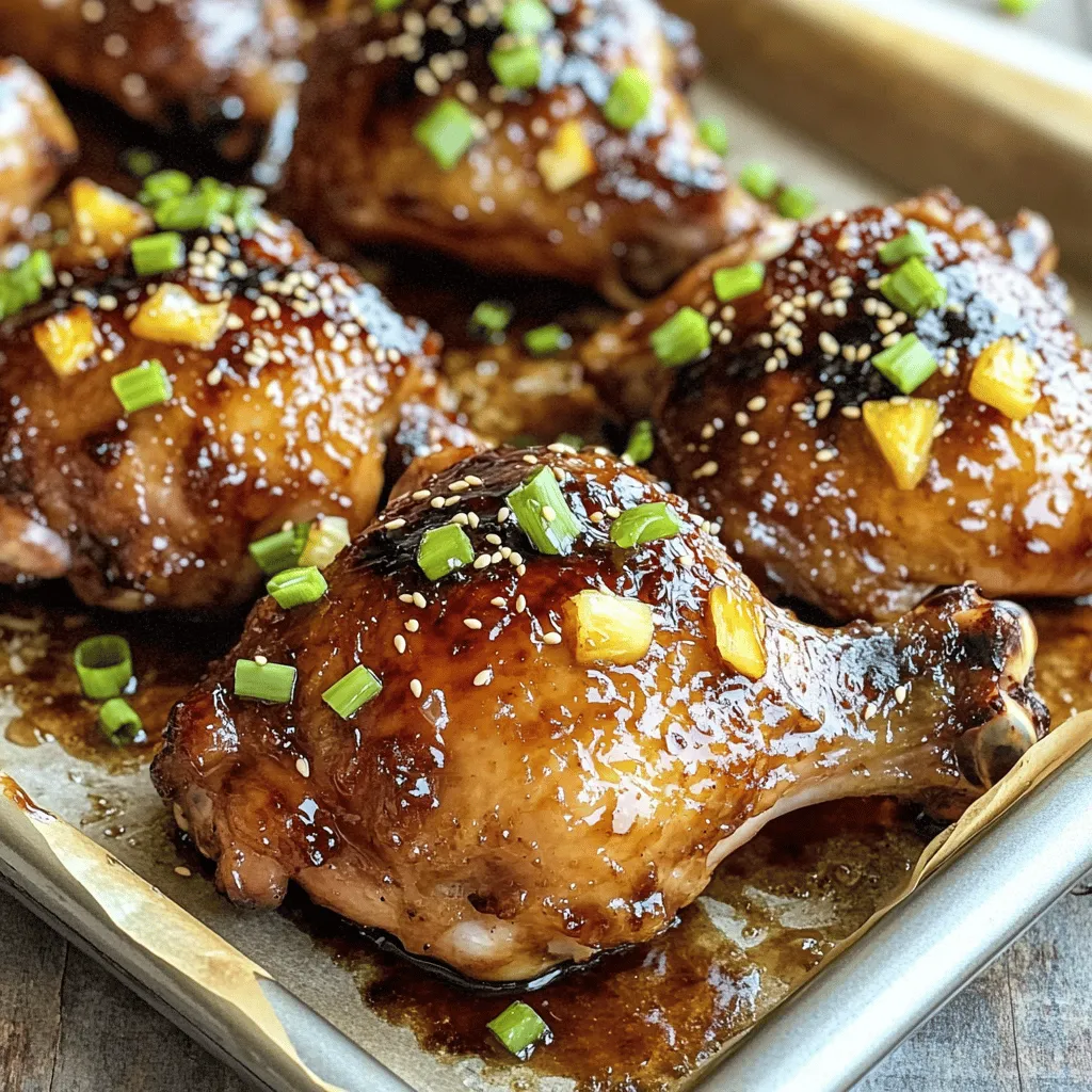 When making baked Huli Huli chicken, the right ingredients make a huge difference. Here’s what you need: - 4 chicken thighs (bone-in and skin-on) - 4 chicken drumsticks - ½ cup soy sauce - ½ cup pineapple juice - ¼ cup brown sugar - 2 tablespoons ketchup - 2 tablespoons grated fresh ginger - 2 garlic cloves, minced - 1 tablespoon sesame oil - 1 teaspoon ground black pepper - 1 teaspoon crushed red pepper flakes (optional) - 4 green onions (for garnish) - Sesame seeds (for garnish) These ingredients work together to create a sweet and savory taste. The soy sauce adds saltiness, while pineapple juice gives it a fruity kick. Brown sugar gives the dish a nice caramelized glaze. Fresh ginger and garlic add warmth and depth. You can add crushed red pepper flakes if you want some heat. This mix makes your chicken tender and juicy. For a touch of color, use green onions and sesame seeds as a garnish. For the complete preparation and cooking steps, check out the full recipe. - Preheat the oven: First, set your oven to 375°F (190°C). This ensures even cooking. - Prepare the marinade: In a big bowl, mix together soy sauce, pineapple juice, brown sugar, ketchup, ginger, garlic, sesame oil, black pepper, and red pepper flakes. Whisk until smooth. - Marinate the chicken: Place chicken thighs and drumsticks in the marinade. Make sure they are fully coated. Cover the bowl and put it in the fridge for at least 1 hour. For the best taste, marinate overnight. - Arrange the chicken for baking: Take the chicken from the marinade. Place it skin-side up on a lined baking sheet. Keep some marinade for basting later. - Bake the chicken: Put the chicken in the preheated oven. Bake for 30 minutes. - Baste and continue cooking: After 30 minutes, take the chicken out. Brush it with the reserved marinade. Bake for another 15 to 20 minutes. The chicken should reach 165°F (75°C) inside. - Broil for crispiness (optional): If you want a crispier skin, switch your oven to broil. Broil for 2-5 minutes. Watch closely to avoid burning. - Resting time before serving: After baking, let the chicken rest for a few minutes. This keeps it juicy. - Garnish options: Add chopped green onions and sesame seeds on top before serving. This adds flavor and looks great. For the full recipe, refer to the detailed instructions earlier. - Optimal marination time: Aim to marinate the chicken for at least one hour. For the best flavor, let it sit overnight. The longer it marinates, the deeper the taste. - Storing marinade for future use: You can save leftover marinade in the fridge for up to a week. Just make sure to keep it in a sealed container. Use it for other meats or as a salad dressing. - Ensuring even cooking: Place chicken pieces with skin side up on the baking sheet. This allows the skin to crisp up nicely. Make sure they are spaced out for even heat. - Checking doneness: Use a meat thermometer to check the chicken. The safe internal temperature is 165°F (75°C). Insert it into the thickest part of the meat for an accurate reading. - Pairing with sides: Serve your Huli Huli chicken with rice or a fresh salad. Grilled veggies also make a great side. They balance the sweet and savory flavors. - Recommended beverages: Pair this dish with a light beer or a fruity cocktail. A refreshing iced tea also works well, adding to the tropical feel. {{image_2}} You can switch out chicken for other meats. Try pork or tofu for a twist. Both work well with the marinade. You can also use shrimp. Adjust cooking time as shrimp cooks faster. Different marinades can also change the flavor. Use teriyaki sauce for a sweet touch. A honey-soy mix adds a lovely glaze. You could even try a spicy chili marinade for heat. You can grill the chicken instead of baking. Grilling gives a smoky flavor and nice char. Cook over medium heat for about 25 minutes. Ensure you flip the chicken for even cooking. If you have an Instant Pot, use it for quick cooking. Set it to high pressure for 10 minutes. This method makes the chicken juicy and tender. Just add the marinade and chicken in the pot. Adding spices can boost the flavor profile. Try smoked paprika for a deeper taste. A dash of cumin adds a warm, earthy note. Incorporating fruits or vegetables can also enhance your dish. Pineapple chunks add sweetness and bite. You can also toss in bell peppers or onions. They roast well and complement the chicken. For the full recipe, check out Baked Huli Huli Chicken . To store leftover chicken, let it cool first. Place the chicken in an airtight container. This keeps it fresh and safe. I recommend using glass or plastic containers with tight lids. They help prevent moisture loss and keep flavors intact. You can freeze cooked chicken for longer storage. Make sure the chicken is completely cool before packing. Place it in freezer-safe bags or containers. Remove as much air as possible to avoid freezer burn. For thawing, move the chicken to the fridge overnight. This keeps it safe and tasty. For reheating, the oven works best. Preheat the oven to 350°F (175°C). Place the chicken on a baking sheet and cover with foil. This helps retain moisture. Heat for about 15-20 minutes or until warm. You can also use a microwave. Just cover the chicken and heat in short bursts. Keeping the chicken moist will help it taste great! Huli Huli chicken comes from Hawaii. It started in the 1950s. A man named Ernest Morgado created it for his family. The name "Huli Huli" means "turn, turn" in Hawaiian. You cook the chicken by turning it on a grill. It became popular at festivals and luaus. Today, Huli Huli chicken is a favorite for many. The sweet and savory flavors connect people to Hawaiian culture. Yes, you can make this recipe in advance. Marinating the chicken overnight is best. This allows the flavors to soak in well. You can also prepare the marinade and store it in the fridge. Just keep the chicken and marinade separate until you're ready to cook. Marinating is very important for this recipe. It adds rich flavor and helps keep the chicken juicy. The marinade has soy sauce and pineapple juice, which tenderizes the meat. If you skip this step, the chicken may taste plain. Aim to marinate it for at least one hour, but overnight is best. You can easily adjust the spiciness. The recipe includes crushed red pepper flakes for heat. If you like it mild, leave them out. If you want more spice, add extra flakes. You can also use fresh chili peppers in the marinade. Just remember, a little goes a long way! Yes, you can use chicken breasts instead of thighs. However, thighs are more flavorful and juicy. Breasts can dry out if overcooked. If you choose breasts, cook them for less time. Check the internal temperature to avoid drying them out. Enjoy the Full Recipe for more tips! In this article, we explored a delicious Huli Huli chicken recipe. You learned about the key ingredients, step-by-step cooking instructions, and tips for marination. We also discussed variations and storage options to keep your chicken fresh. This dish offers many flavors, making it a great choice for any meal. Remember, the secret lies in marinating well and cooking it just right. Enjoy your cooking journey and savor each bite!