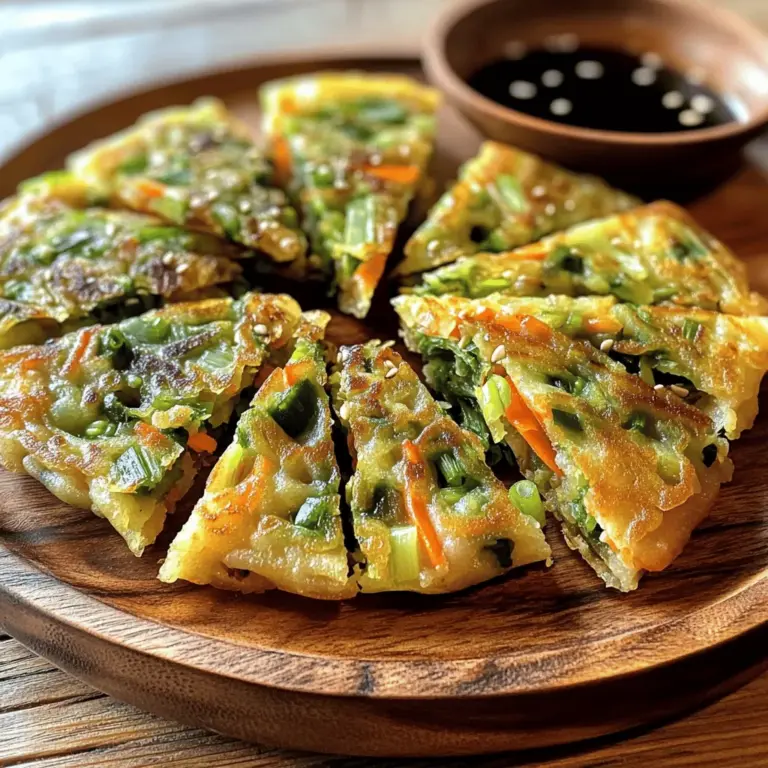 To make a great Pajeon, you need some key ingredients: - 1 cup all-purpose flour - 1 cup water - 1/2 teaspoon salt - 1/2 teaspoon black pepper - 1 cup scallions (green onions), chopped into 1-inch pieces - 1/2 cup grated carrots (optional for sweetness) - 1/2 cup bean sprouts (optional for crunch) - 2 tablespoons sesame oil (for frying) - Soy sauce (for dipping) All-purpose flour is the base that holds everything together. The scallions add a fresh, oniony taste. You can use grated carrots for a hint of sweetness and bean sprouts for a nice crunch. For this dish, you'll need a few essential tools: - Mixing bowl - Non-stick skillet - Whisk and spatula A mixing bowl helps combine the batter smoothly. A non-stick skillet ensures your pancakes cook evenly without sticking. Use a whisk for blending and a spatula for flipping. For the full recipe, check out the instructions in the main article. First, grab a large mixing bowl. You will mix the dry and wet ingredients here. Add 1 cup of all-purpose flour. Then, pour in 1 cup of water. Now, sprinkle in 1/2 teaspoon of salt and 1/2 teaspoon of black pepper. Whisk the mixture until it is smooth. Make sure there are no lumps left. Next, it’s time to fold in the scallions. Chop 1 cup of scallions into 1-inch pieces. You can also add 1/2 cup of grated carrots for sweetness. For added crunch, toss in 1/2 cup of bean sprouts. Gently mix these into the batter. You want to coat them evenly without over-mixing. The batter should be thick but pourable. Now, let’s heat up the skillet. Pour 1 tablespoon of sesame oil into a non-stick skillet. Set the heat to medium-high. Once the oil is hot, pour in half of the batter. Spread it out evenly to form a pancake. Cook it for about 3-4 minutes. Watch the edges turn golden brown. The top should look slightly set. When it’s ready, carefully flip the pancake with a spatula. Cook the other side for another 3-4 minutes. Both sides should be crispy and golden brown. When done, take it out and place it on a paper towel. This helps absorb extra oil. Repeat this with the rest of the batter, using more sesame oil if needed. To serve your Pajeon, slice it into wedges. This makes it easy to share and dip. Serve it warm with soy sauce on the side. This sauce adds a nice salty flavor that pairs perfectly with the pancake. You can also try other dipping sauces if you like! Enjoy your savory delight with friends or family. For the full recipe, reference the previous section. To get a crispy outside, use a hot skillet. Preheat your non-stick skillet before adding oil. Sesame oil adds a rich flavor and helps crisp the pancake. Pour the batter in a thin layer. This helps it cook evenly and stay light. For a soft and flavorful inside, don’t overmix the batter. Gently fold in the scallions and any optional ingredients. This keeps air in, making the pancake fluffy. Cook until the edges are golden brown. This shows it’s time to flip. You can add different ingredients for variety. Try adding shrimp for a seafood twist. Kimchi adds spice and a tangy flavor. Grated carrots bring a natural sweetness. Bean sprouts add a nice crunch. Adjust seasoning to your taste. Add more salt or pepper if you want. A splash of soy sauce in the batter adds depth. Remember, the batter should have a good balance of flavors. For the full recipe, check out the complete instructions. {{image_2}} You can make seafood pajeon by adding shrimp, squid, or fish. These ingredients enhance the flavor and texture. When using seafood, choose fresh options for the best taste. To adapt the cooking process, chop the seafood into small pieces. Mix it into the batter with scallions. When cooking, ensure the skillet is hot enough to cook the seafood fully. Watch the cooking time; seafood cooks faster than vegetables. If it’s pink or opaque, it’s done. Adding kimchi to the batter gives pajeon a spicy twist. Kimchi adds flavor and a bit of heat. Use well-fermented kimchi for the best results. When adding kimchi, chop it finely. This helps it mix well with the batter. Be mindful of the salt; kimchi can add extra saltiness to the dish. You might want to reduce the added salt in your batter. Both variations offer a fun twist on the classic pajeon recipe. For the full recipe, check out the details above. After enjoying your pajeon, you might have some left. Store leftovers in an airtight container. Make sure to cool them to room temperature first. Place a paper towel at the bottom to absorb moisture. This keeps the pancakes crispy. You can store them in the fridge for up to three days. When it’s time to eat again, reheat the pancakes. I recommend using a skillet for the best results. Heat a little sesame oil in the pan. Cook over medium heat for about 2-3 minutes on each side. This warms them up and keeps them crispy. If you want to save pajeon for later, freezing is a great option. First, let the cooked pancakes cool completely. Then, stack them with parchment paper in between each pancake. This prevents them from sticking together. Place the stack in a freezer bag, squeezing out as much air as possible. You can freeze them for up to two months. To thaw, simply leave them in the fridge overnight. For a quick method, use the microwave. Heat them in short bursts, checking often. After thawing, reheat in a skillet as mentioned before. This keeps the flavor and texture just right. For more details, check the Full Recipe. Pajeon is often served with soy sauce for dipping. You can add some vinegar for a tangy kick. Some people enjoy it with a sprinkle of sesame seeds. For drinks, try pairing it with traditional Korean beverages like makgeolli or soju. These drinks complement the savory flavors well. You can also serve Pajeon as an appetizer or a main dish. Yes, you can use gluten-free flour for Pajeon. Almond flour or rice flour works well as an alternative. You might need to adjust the water amount for the right batter consistency. Start with less water and add more if needed. This change keeps the texture light and crispy. You can tell Pajeon is done when the edges turn golden brown. The top should look slightly set and not wet. When you flip it, both sides should be crispy and golden. If you poke it, it should feel firm, not soft. Cooking times can vary, so keep an eye on it. This ensures you get that perfect texture every time. In this post, we explored Pajeon, a delicious Korean pancake. We discussed key ingredients, tools, and step-by-step instructions for making it. You learned tips for achieving the perfect texture and flavor enhancements, plus unique variations like seafood and kimchi Pajeon. Don't forget about storing leftovers and freezing. With these insights, you'll create tasty Pajeon at home. Enjoy sharing this dish with family and friends, and let your cooking adventure begin!