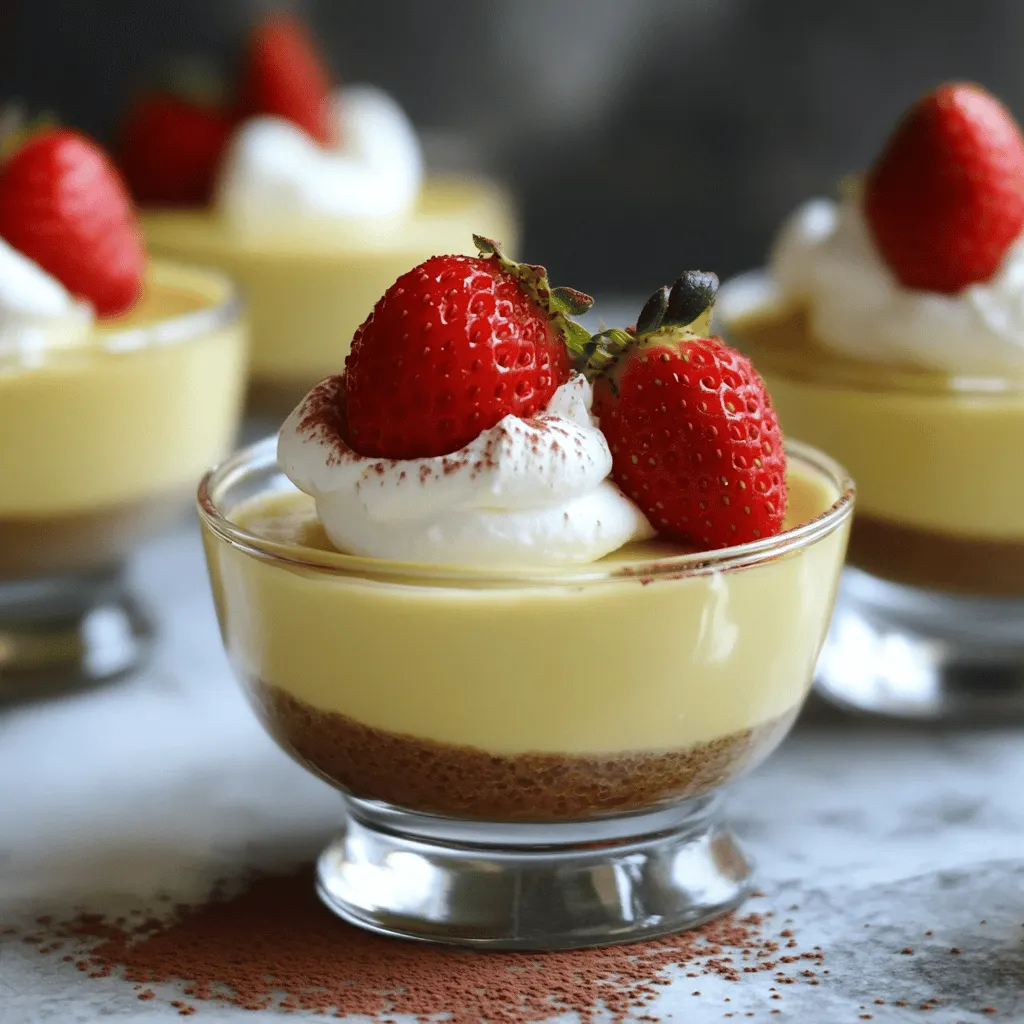 - 1 cup heavy whipping cream - 1/2 cup whole milk - 1/3 cup granulated sugar - 2 large egg yolks - 1 tablespoon vanilla extract - 2 teaspoons gelatin powder - 3 tablespoons cold water - Pinch of salt - Mixing bowls - Whisk - Saucepan - Rubber spatula - Electric mixer - You can use coconut cream instead of heavy cream for a dairy-free option. - For a vegan mousse, try silken tofu in place of the egg yolks. - Use honey or agave syrup as a healthier sugar alternative. Vanilla mousse is all about balance. You want rich flavors without heaviness. The cream gives a silky texture, while the milk adds lightness. The sweetness from the sugar enhances the vanilla flavor. Each ingredient plays a key role. For tools, a good whisk is essential for aerating the cream. A rubber spatula helps gently fold mixtures without losing air. If you want to mix things up, try these substitutions. Coconut cream is creamy and rich. It also adds a slight coconut taste. Silken tofu can provide that creamy texture without eggs. Honey or agave syrup can also sweeten the mousse naturally. Explore these options to make the vanilla mousse fit your needs. You can still enjoy a delicious dessert while making it your own. For the full recipe, follow the steps outlined to create this delightful dish. To bloom gelatin properly, start with cold water. Measure 3 tablespoons of cold water and pour it into a small bowl. Sprinkle 2 teaspoons of gelatin powder over the water. Let it sit for about 5 minutes. This process is key, as it allows the gelatin to absorb water and swell. If you skip this step, your mousse may not set well. Next, heat the milk and sugar. In a saucepan, combine 1/2 cup of whole milk, 1/3 cup of granulated sugar, and a pinch of salt. Stir this mixture over low heat until the sugar fully dissolves. Make sure the milk is warm but not boiling. Now, it's time to temper the eggs. In a separate bowl, whisk 2 large egg yolks gently. Slowly pour about 1/4 cup of the warm milk mixture into the egg yolks while whisking constantly. This step warms the yolks, preventing them from scrambling. Gradually add the egg yolk mixture back into the saucepan. Stir continuously until the mixture thickens slightly. This should take about 5 to 7 minutes. Remove the saucepan from the heat. Add the bloomed gelatin to the warm custard. Stir until it fully dissolves, and then mix in 1 tablespoon of vanilla extract. Allow this mixture to cool to room temperature. In a large mixing bowl, whip 1 cup of heavy whipping cream until stiff peaks form. Be cautious not to overwhip the cream, or it might become grainy. Now, gently fold the cooled custard into the whipped cream. Use a rubber spatula to combine the two mixtures carefully. Take your time with this step. You want to keep the air in the whipped cream to ensure a light and airy texture. After mixing, divide the mousse into serving cups. Chill in the fridge for at least 4 hours, or until set. For a beautiful presentation, consider adding a dollop of whipped cream on top and garnishing with fresh berries. For the full recipe, check the details above. To get the best vanilla mousse, you need to whip your cream well. Look for stiff peaks when you whip it. The cream should hold its shape and not droop. This means you’ve done it right! Avoiding deflation is key when mixing. Gently fold the whipped cream into the custard. Use a spatula and work slowly. This keeps the air in the cream, making it light and fluffy. You can make your mousse even more special. Try adding other extracts like almond or lemon. A bit of zest from a lemon or orange can add a fresh kick. Another fun idea is to use flavored whipped cream. Whip in some cocoa powder for a chocolate twist. You can also mix in a bit of coffee for a rich flavor. Presentation matters! You can garnish your mousse with a dollop of whipped cream. Fresh berries, like raspberries or strawberries, add color. A sprinkle of cocoa powder makes it look fancy. Pair your vanilla mousse with light desserts, like fruit salads or sorbet. It also works well with cookies or cakes. The mix of textures and flavors will delight your guests! {{image_2}} To make a chocolate vanilla mousse, start by melting chocolate. You can use dark or milk chocolate, based on your taste. Once melted, let it cool slightly. Fold it into the vanilla mousse mixture when combining the custard and whipped cream. This adds rich flavor and a lovely color. Adjusting sweetness levels is essential. The chocolate adds its sweetness, so you might reduce sugar in the recipe. Taste the mixture before chilling. This way, you can find the perfect balance for your sweet tooth. For a vegan version, use coconut cream instead of heavy cream. You can also use almond milk or oat milk instead of whole milk. For eggs, use flaxseed meal combined with water or silken tofu. These swaps keep the mousse creamy and rich. Texture and flavor balance are key. Blend the tofu smooth to ensure a creamy feel. Add a bit of maple syrup or agave for sweetness. Taste as you go to get the flavor just right. Consider adding coffee for a coffee-infused mousse. Brew a small cup of strong coffee and let it cool. Mix it into the custard for a rich coffee flavor. This gives the mousse a nice twist. You can also try fruit-flavored variants. Puree strawberries, mangoes, or raspberries and fold them in. This adds brightness and freshness to your mousse. The options are endless, so feel free to get creative! To keep your vanilla mousse fresh, always store it in airtight containers. This will prevent it from absorbing unwanted smells from your fridge. Place the mousse in the fridge right after it sets. It will stay fresh for up to three days. After that, the texture may change, and it might not taste as good. You can freeze vanilla mousse for later enjoyment. However, make sure to use freezer-safe containers. Leave some space at the top, as the mousse can expand while freezing. To thaw, move the mousse to the fridge a few hours before serving. Avoid using the microwave, as it can ruin the texture. Check for signs of spoilage before eating. If the mousse has an off smell or shows separation, it is best to toss it. Another sign is if it develops a watery layer on top. If stored properly, vanilla mousse can last in the fridge for about three days. However, in the freezer, it can stay good for about one month. Yes, you can! Vanilla mousse is great for making ahead of time. I suggest making it a day before your event. This gives it enough time to set in the fridge. Just cover it well to keep it fresh. When you are ready to serve, add your favorite toppings. If you want a vegetarian or vegan option, use agar-agar. It’s a seaweed extract. You can also try using pectin or carrageenan. Both work well. Keep in mind that the setting time might change with these substitutes. Follow the package instructions for the best results. Homemade vanilla mousse lasts about three days in the fridge. Store it in an airtight container. If you want to keep it longer, you can freeze it. In the freezer, it lasts about one month. Just remember to thaw it slowly in the fridge before serving. In this article, we explored how to make delicious vanilla mousse. We covered the key ingredients and essential tools you need. I shared step-by-step instructions to help you succeed. You learned tips for flavoring and perfect consistency. We also looked at variations, storage tips, and answered common questions. Making mousse can be fun and rewarding. With practice, you can impress everyone with your skills. Enjoy the process and let your creativity shine!