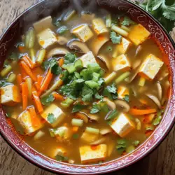 - 4 cups vegetable broth - 1 cup mushrooms, sliced - 1 cup firm tofu, cubed - 1/2 cup bamboo shoots, sliced - 1/2 cup carrots, julienned Hot and sour soup starts with a good base. Vegetable broth gives it a warm, rich flavor. I love using mushrooms and tofu for their textures. Bamboo shoots add a nice crunch, while the carrots bring a touch of sweetness. - 1/4 cup soy sauce - 2 tablespoons rice vinegar - 1 tablespoon chili paste (adjust to taste) - 1 teaspoon sesame oil To really amp up the flavor, add soy sauce and rice vinegar. They balance the heat and tang. Chili paste adds spice, so adjust it to your liking. A drizzle of sesame oil at the end gives it a nutty finish. - Fresh cilantro - Salt and pepper to taste For the final touch, sprinkle fresh cilantro on top. It adds color and freshness. You can also season with salt and pepper to make it just right for your taste. For the full recipe, visit the link provided. Enjoy your cooking! To start, bring 4 cups of vegetable broth to a boil in a large pot. This forms the base of your soup. Once it reaches a rolling boil, add 1 cup of sliced mushrooms and 1/2 cup of julienned carrots. The mushrooms add umami, while the carrots give sweetness. Let them simmer for about 5-7 minutes. This softens the veggies and allows their flavors to blend into the broth. Next, stir in 1 cup of cubed firm tofu and 1/2 cup of sliced bamboo shoots. These ingredients boost protein and texture. Then, add 1/4 cup of soy sauce, 2 tablespoons of rice vinegar, and 1 tablespoon of chili paste. Adjust the chili paste to match your spice level. Allow the soup to simmer for another 2-3 minutes. This step infuses all the flavors together, creating that perfect hot and sour taste. Now it’s time to thicken your soup. Mix 1 tablespoon of cornstarch with 2 tablespoons of water in a small bowl. Gradually stir this mixture into the bubbling soup. Keep stirring until it thickens slightly. This gives the soup a nice, hearty texture. Finally, drizzle in 1 teaspoon of sesame oil and season with salt and pepper. Turn off the heat and fold in 1/4 cup of chopped green onions. Your bowl of comfort is almost ready! For the full recipe, check out the provided link. To make your soup just right, play with the seasoning. Start with soy sauce and rice vinegar. Taste your soup as you go. If it needs more heat, add chili paste. Remember, a little goes a long way. For a balanced broth, keep the salt low. You can always add more later. Fresh herbs can also brighten flavors. Simmer your soup gently. This helps the flavors blend well. Keep the heat low to avoid boiling. When adding tofu, be gentle. You want it to hold its shape. Stir softly to prevent crumbling. This way, every bite has tofu goodness. You can make this soup ahead of time. It tastes even better the next day! Store it in the fridge in an airtight container. When you’re ready to eat, reheat on low heat. This keeps the tofu from getting mushy. If it thickens too much, add a splash of broth. For the Full Recipe, check the earlier section. Enjoy your cooking! {{image_2}} Hot and sour soup has many fun twists. Let's dive into some tasty variations that suit different diets and preferences. You can make this soup vegan with simple swaps. Instead of tofu, try using tempeh or seitan for protein. These options give a nice texture and flavor. You can also replace the soy sauce with tamari for a gluten-free choice. This keeps the taste while making it safe for everyone. Just ensure all your other ingredients, like broth and vinegar, are plant-based too. If you need gluten-free options, use tamari instead of soy sauce. This swap keeps the flavor while removing gluten. For those watching sodium intake, look for low-sodium vegetable broth. You can also reduce soy sauce or add less salt. These changes help you enjoy the soup without worrying about your diet. Many cultures have their own styles of hot and sour soup. In China, you might find wood ear mushrooms and white pepper. Thai versions often use lime juice and galangal for a different zing. Vietnamese styles may add fresh herbs like basil or mint. Each region adds its unique twist, making this soup a worldwide favorite. To store leftovers, let the soup cool to room temperature. Pour it into an airtight container. This keeps it fresh and safe. Place the container in the fridge. Enjoy the soup within three to four days for the best taste. After that, it may lose flavor and texture. You can freeze Hot and Sour Soup for later use. Use freezer-safe containers or bags to store it. Leave some space at the top, as the soup expands when frozen. It keeps well for about one month. For thawing, move it to the fridge overnight. You can also thaw it in cold water for quicker results. To reheat soup, use a pot on the stove over medium heat. Stir often to warm it evenly. You can also use a microwave. Heat in short bursts, stirring in between. This helps maintain flavor and texture. If the soup seems thick, add a bit of broth or water while heating. Enjoy it just like the first bowl! Hot and Sour Soup comes from China. It has deep roots in Chinese cooking. Each region adds its own twist. The soup is popular for its bold mix of flavors. It represents balance in Chinese cuisine. The heat and sourness can symbolize life’s ups and downs. This soup is often served in Chinese restaurants worldwide. It is a comfort food for many. Yes, you can make it spicier! Here are some tips: - Add more chili paste for extra heat. - Use fresh chilies or chili flakes. - Mix in hot sauce to boost spice. - Try adding a dash of white pepper. Feel free to adjust the spice to your taste. Start slow, and add more as needed. This way, you can find your perfect heat level. Hot and Sour Soup is nutritious. Here’s a quick overview of its health benefits: - Low in calories: Great for a light meal. - High in fiber: Ingredients like mushrooms and bamboo shoots help digestion. - Protein source: Tofu adds plant-based protein. - Rich in vitamins: Carrots and green onions provide essential vitamins. The ingredients may help boost your immune system. Plus, the warm broth can soothe a sore throat. You can find the full recipe here: [Fiery Zesty Hot and Sour Soup ](#) In this blog post, we covered the essential ingredients for Hot and Sour Soup, including vegetable broth, mushrooms, and tofu. We discussed how to prepare the broth, add flavor, and achieve the perfect thickness. I shared tips for perfecting your soup's flavor and ways to adapt the recipe for different diets or regional styles. Cooking this soup is an enjoyable process. It allows you to experiment with flavors and create your unique twist. Enjoy your cooking and savor every bowl!