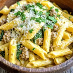 - 12 oz pasta (penne or fettuccine) - 1 lb ground beef - 1 medium onion, finely chopped - 3 cloves garlic, minced - 1 cup heavy cream - 1 cup beef broth - 1 teaspoon Italian seasoning - ½ teaspoon paprika - Salt and pepper to taste - 1 cup fresh spinach, chopped - ½ cup grated Parmesan cheese - Fresh parsley, chopped (for garnish) Gather these ingredients before you start cooking. This makes the process smooth and fun. Use penne or fettuccine for the pasta. They hold the creamy sauce well. Ground beef is a key part of this dish. It adds rich flavor and protein. Chop the onion finely. This helps it cook faster. Mince the garlic to bring out its strong taste. Heavy cream makes the sauce rich and smooth. Beef broth adds depth to the flavor. Italian seasoning and paprika boost the taste. Adjust salt and pepper to your liking. Fresh spinach adds color and nutrients. Grated Parmesan cheese gives a nice salty kick. Lastly, garnish with parsley for freshness and looks. If you want the full recipe, check out the link! To cook pasta al dente, start with a large pot of salted water. Bring the water to a boil before adding the pasta. Check the package instructions for the right cooking time, usually around 8 to 10 minutes. Taste a piece a minute or two before the time ends. It should be firm but not hard. Once done, drain the pasta in a colander. Let it sit for a minute to remove excess water. You can drizzle a little olive oil to keep it from sticking. Set it aside for later. To brown ground beef evenly, use a large skillet over medium heat. Add the beef and break it up with a spatula as it cooks. This should take about 6 to 8 minutes. Aim for a nice brown color. Season the beef with salt and pepper while it cooks. This simple step makes a big difference in flavor. You can also add a pinch of Italian seasoning for extra taste. Creating the creamy sauce is simple. Start by adding beef broth and heavy cream to the skillet with the beef. Stir the mixture well to combine. Next, add Italian seasoning and paprika. Bring the sauce to a simmer. This helps the flavors blend and thickens the sauce. Simmer for about 5 minutes, stirring occasionally. Once it thickens, stir in chopped spinach and grated Parmesan cheese. The cheese adds richness, while the spinach gives a fresh touch. Cook for another 2 minutes until the spinach wilts and the cheese melts. Now, you have a rich and creamy sauce ready to mix with your pasta. For the full recipe, check out the details above. To avoid curdling the cream, always add it slowly. Stir the cream in after the sauce simmers. This helps keep it smooth. If you see lumps, remove the pan from heat. Stir gently until it blends back together. Adjust the consistency with beef broth. If the sauce is too thick, add broth a little at a time. This keeps the sauce creamy without losing flavor. For a kick, consider adding spices like crushed red pepper or oregano. Fresh herbs can bring a bright taste. Basil and parsley can really enhance the dish. To balance flavors, taste as you cook. If it seems bland, add a pinch of salt or a dash of pepper. A squeeze of lemon juice can also brighten the dish. Pair this creamy ground beef pasta with a side salad. A simple green salad adds freshness. Garlic bread is another great option to soak up the sauce. For garnishing, sprinkle chopped parsley on top. Add extra Parmesan cheese for a rich finish. A few red pepper flakes can add a pop of color and flavor. For the full recipe, check out the complete guide to creamy ground beef pasta. {{image_2}} You can change the meat in this dish easily. Chicken or turkey works well instead of beef. They have a lighter taste but still give great flavor. Just brown ground chicken or turkey like you would with beef. If you want a vegetarian option, try plant-based ground meat. These products mimic meat well. They cook fast and soak up sauce flavors nicely. Experimenting with sauces can add fun twists. You might try adding different cheese types. Cheddar, mozzarella, or even a creamy goat cheese can change the taste. Each cheese brings its own flavor to the dish. You can also swap out the sauce. Alfredo or marinara can give a whole new vibe to your creamy ground beef pasta. Just mix them in during the sauce step for a tasty change. Adding vegetables boosts nutrition and flavor. Think about peppers, zucchini, or mushrooms. They not only add nutrients but also color. When adding these veggies, you may need to adjust cooking times. Softer vegetables like spinach cook quickly, while firmer ones need more time. Always add hard vegetables first and let them cook a bit longer before adding the pasta. This way, everything cooks evenly and tastes better. To store leftovers properly, cool the creamy ground beef pasta to room temperature. Then, place it in an airtight container. This helps keep the pasta fresh and safe to eat later. The best containers for storage are glass or BPA-free plastic. Make sure they seal well to keep moisture in. For reheating, the best methods are using the stove or microwave. If using the stove, heat it in a skillet on low. Stir often to warm evenly. For the microwave, use a microwave-safe dish and cover it. Heat in short intervals, stirring in between. To maintain creaminess when reheating, add a splash of beef broth or cream. This keeps the sauce smooth and rich. To freeze creamy ground beef pasta, let it cool completely. Then, place it in freezer-safe bags or containers. Remove as much air as possible to prevent freezer burn. The best practices for thawing and reheating include moving it to the fridge overnight. This helps it thaw evenly. Once thawed, heat it gently on the stove, stirring in some broth or cream to restore the texture. Check the [Full Recipe](#) for more details on making this dish! Yes, you can use other pasta types. Here are some good options: - Spaghetti: Cooks in about 8-10 minutes. - Fusilli: Takes about 10-12 minutes to cook. - Rotini: Cooks in about 9-11 minutes. - Linguine: Needs around 9-13 minutes. These pastas work well with the creamy sauce. Just adjust cooking times as needed. If your sauce is too thick, don’t worry! Here’s what to do: - Add more broth: Pour in a little beef broth and stir. - Use milk: You can also add a splash of milk to thin it out. - Stir well: Mix until you reach your desired consistency. These tips help keep the flavor strong while adjusting the creaminess. You can store leftovers for about 3-4 days. Here’s how: - Cool down: Let the pasta cool before storage. - Use airtight containers: This keeps the dish fresh. - Refrigerate promptly: Store it in the fridge within two hours. Make sure to check for any signs of spoilage before enjoying your leftovers! This blog post covered a delicious creamy ground beef pasta recipe from ingredients to storage. You learned how to cook the pasta perfectly, brown the beef, and make a thick sauce. We explored tips to enhance flavor and discussed convenient storage options. Now, you can impress your family or friends with this tasty dish. Enjoy experimenting with different proteins and veggies. Cooking can be fun and rewarding, so start your culinary adventure today!