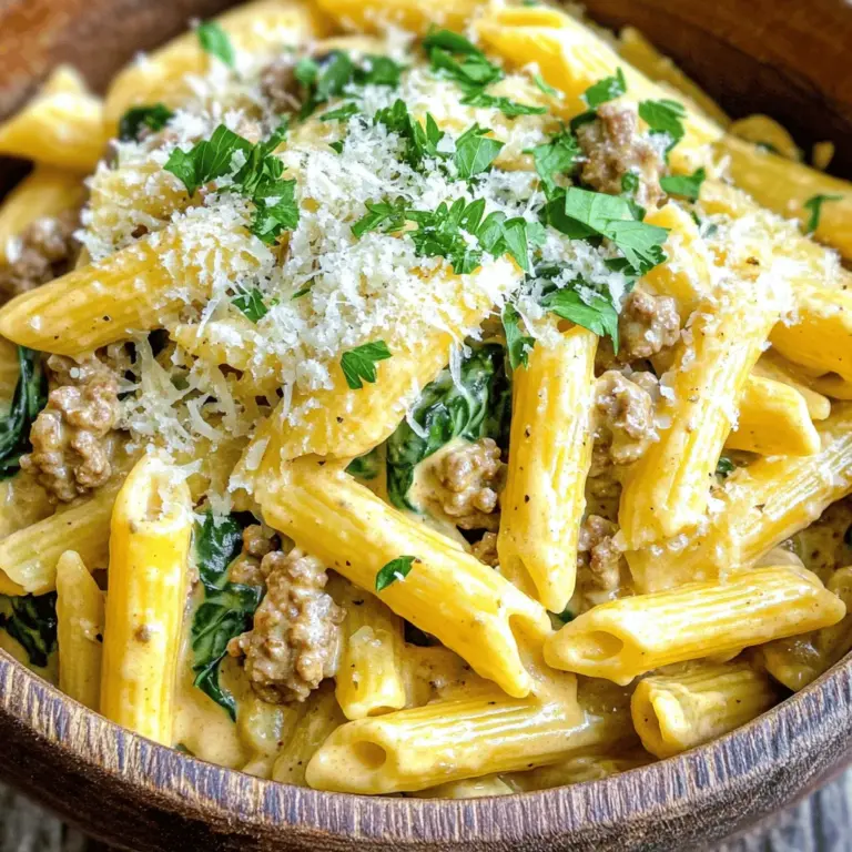 - 12 oz pasta (penne or fettuccine) - 1 lb ground beef - 1 medium onion, finely chopped - 3 cloves garlic, minced - 1 cup heavy cream - 1 cup beef broth - 1 teaspoon Italian seasoning - ½ teaspoon paprika - Salt and pepper to taste - 1 cup fresh spinach, chopped - ½ cup grated Parmesan cheese - Fresh parsley, chopped (for garnish) Gather these ingredients before you start cooking. This makes the process smooth and fun. Use penne or fettuccine for the pasta. They hold the creamy sauce well. Ground beef is a key part of this dish. It adds rich flavor and protein. Chop the onion finely. This helps it cook faster. Mince the garlic to bring out its strong taste. Heavy cream makes the sauce rich and smooth. Beef broth adds depth to the flavor. Italian seasoning and paprika boost the taste. Adjust salt and pepper to your liking. Fresh spinach adds color and nutrients. Grated Parmesan cheese gives a nice salty kick. Lastly, garnish with parsley for freshness and looks. If you want the full recipe, check out the link! To cook pasta al dente, start with a large pot of salted water. Bring the water to a boil before adding the pasta. Check the package instructions for the right cooking time, usually around 8 to 10 minutes. Taste a piece a minute or two before the time ends. It should be firm but not hard. Once done, drain the pasta in a colander. Let it sit for a minute to remove excess water. You can drizzle a little olive oil to keep it from sticking. Set it aside for later. To brown ground beef evenly, use a large skillet over medium heat. Add the beef and break it up with a spatula as it cooks. This should take about 6 to 8 minutes. Aim for a nice brown color. Season the beef with salt and pepper while it cooks. This simple step makes a big difference in flavor. You can also add a pinch of Italian seasoning for extra taste. Creating the creamy sauce is simple. Start by adding beef broth and heavy cream to the skillet with the beef. Stir the mixture well to combine. Next, add Italian seasoning and paprika. Bring the sauce to a simmer. This helps the flavors blend and thickens the sauce. Simmer for about 5 minutes, stirring occasionally. Once it thickens, stir in chopped spinach and grated Parmesan cheese. The cheese adds richness, while the spinach gives a fresh touch. Cook for another 2 minutes until the spinach wilts and the cheese melts. Now, you have a rich and creamy sauce ready to mix with your pasta. For the full recipe, check out the details above. To avoid curdling the cream, always add it slowly. Stir the cream in after the sauce simmers. This helps keep it smooth. If you see lumps, remove the pan from heat. Stir gently until it blends back together. Adjust the consistency with beef broth. If the sauce is too thick, add broth a little at a time. This keeps the sauce creamy without losing flavor. For a kick, consider adding spices like crushed red pepper or oregano. Fresh herbs can bring a bright taste. Basil and parsley can really enhance the dish. To balance flavors, taste as you cook. If it seems bland, add a pinch of salt or a dash of pepper. A squeeze of lemon juice can also brighten the dish. Pair this creamy ground beef pasta with a side salad. A simple green salad adds freshness. Garlic bread is another great option to soak up the sauce. For garnishing, sprinkle chopped parsley on top. Add extra Parmesan cheese for a rich finish. A few red pepper flakes can add a pop of color and flavor. For the full recipe, check out the complete guide to creamy ground beef pasta. {{image_2}} You can change the meat in this dish easily. Chicken or turkey works well instead of beef. They have a lighter taste but still give great flavor. Just brown ground chicken or turkey like you would with beef. If you want a vegetarian option, try plant-based ground meat. These products mimic meat well. They cook fast and soak up sauce flavors nicely. Experimenting with sauces can add fun twists. You might try adding different cheese types. Cheddar, mozzarella, or even a creamy goat cheese can change the taste. Each cheese brings its own flavor to the dish. You can also swap out the sauce. Alfredo or marinara can give a whole new vibe to your creamy ground beef pasta. Just mix them in during the sauce step for a tasty change. Adding vegetables boosts nutrition and flavor. Think about peppers, zucchini, or mushrooms. They not only add nutrients but also color. When adding these veggies, you may need to adjust cooking times. Softer vegetables like spinach cook quickly, while firmer ones need more time. Always add hard vegetables first and let them cook a bit longer before adding the pasta. This way, everything cooks evenly and tastes better. To store leftovers properly, cool the creamy ground beef pasta to room temperature. Then, place it in an airtight container. This helps keep the pasta fresh and safe to eat later. The best containers for storage are glass or BPA-free plastic. Make sure they seal well to keep moisture in. For reheating, the best methods are using the stove or microwave. If using the stove, heat it in a skillet on low. Stir often to warm evenly. For the microwave, use a microwave-safe dish and cover it. Heat in short intervals, stirring in between. To maintain creaminess when reheating, add a splash of beef broth or cream. This keeps the sauce smooth and rich. To freeze creamy ground beef pasta, let it cool completely. Then, place it in freezer-safe bags or containers. Remove as much air as possible to prevent freezer burn. The best practices for thawing and reheating include moving it to the fridge overnight. This helps it thaw evenly. Once thawed, heat it gently on the stove, stirring in some broth or cream to restore the texture. Check the [Full Recipe](#) for more details on making this dish! Yes, you can use other pasta types. Here are some good options: - Spaghetti: Cooks in about 8-10 minutes. - Fusilli: Takes about 10-12 minutes to cook. - Rotini: Cooks in about 9-11 minutes. - Linguine: Needs around 9-13 minutes. These pastas work well with the creamy sauce. Just adjust cooking times as needed. If your sauce is too thick, don’t worry! Here’s what to do: - Add more broth: Pour in a little beef broth and stir. - Use milk: You can also add a splash of milk to thin it out. - Stir well: Mix until you reach your desired consistency. These tips help keep the flavor strong while adjusting the creaminess. You can store leftovers for about 3-4 days. Here’s how: - Cool down: Let the pasta cool before storage. - Use airtight containers: This keeps the dish fresh. - Refrigerate promptly: Store it in the fridge within two hours. Make sure to check for any signs of spoilage before enjoying your leftovers! This blog post covered a delicious creamy ground beef pasta recipe from ingredients to storage. You learned how to cook the pasta perfectly, brown the beef, and make a thick sauce. We explored tips to enhance flavor and discussed convenient storage options. Now, you can impress your family or friends with this tasty dish. Enjoy experimenting with different proteins and veggies. Cooking can be fun and rewarding, so start your culinary adventure today!