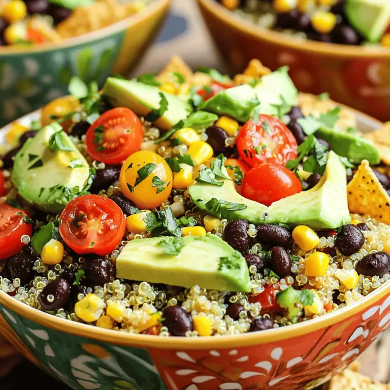 - 1 cup quinoa - 1 can (15 oz) black beans, drained and rinsed - 1 red bell pepper, diced - 1 avocado, diced - 1 cup cherry tomatoes, halved - 1/4 cup red onion, finely chopped - 1 cup corn kernels (fresh, frozen, or canned) - 1 tablespoon olive oil - 1 teaspoon ground cumin - 1 teaspoon smoked paprika - Salt and pepper to taste - Juice of 1 lime - 1/2 cup fresh cilantro, chopped You need these main ingredients to make your Vegan Taco Salad Bowls fresh and tasty. Quinoa serves as a great base. It cooks well and adds a nice texture. Black beans bring protein and fiber. The fresh vegetables add color and crunch. Each veggie, from the red bell pepper to the cherry tomatoes, packs flavor. Seasonings like cumin and smoked paprika give the dish warmth and depth. A squeeze of lime juice brightens everything up. - Tortilla chips - Fresh cilantro - Crunchy toppings You can add tortilla chips for a fun crunch. They give a nice contrast to the soft ingredients. Fresh cilantro can enhance the flavor and add a pop of color. Other crunchy toppings like seeds or nuts can also work. Feel free to get creative with what you have on hand! For the full recipe, check out the [Full Recipe]. To start, rinse 1 cup of quinoa under cold water. This helps remove the bitter coating. Next, combine the rinsed quinoa with 2 cups of vegetable broth in a medium saucepan. Bring it to a boil. Once it boils, reduce the heat to low. Cover the saucepan and let it simmer for about 15 minutes. You want the quinoa to absorb all the liquid and become fluffy. After that, remove it from the heat. Let it sit covered for 5 minutes. Finally, fluff the quinoa gently with a fork and set it aside. In a large mixing bowl, add the cooked quinoa, 1 can of drained black beans, 1 cup of corn kernels, 1 diced red bell pepper, 1 diced avocado, 1 cup of halved cherry tomatoes, and 1/4 cup of finely chopped red onion. Mix these ingredients together well. In a small bowl, whisk together 1 tablespoon of olive oil, 1 teaspoon of ground cumin, 1 teaspoon of smoked paprika, the juice of 1 lime, and salt and pepper to taste. This will be your dressing. Pour the dressing over the quinoa mixture. Gently toss everything until it is evenly coated. Stir in 1/2 cup of chopped fresh cilantro. Taste and adjust the seasoning if needed. For serving, use large, colorful bowls. Garnish each bowl with extra fresh cilantro and a few whole tortilla chips. This adds a fun crunch and a vibrant look. Enjoy your Vegan Taco Salad Bowls! For the full recipe, refer to the earlier section. To make your Vegan Taco Salad Bowls pop, adjust the seasoning. Start with salt and pepper. Taste as you go. You can also add more cumin or smoked paprika for a bolder flavor. If you like heat, try adding some chili powder or diced jalapeños. Want more protein? Add lentils or chickpeas to the mix. These ingredients boost nutrition and help keep you full. They also absorb flavors well, making every bite delicious. Dressings can change the whole vibe of your salad. Try a creamy avocado dressing or a zesty lime vinaigrette. You can also add salsa for a fun twist. If you prefer a tangy kick, mix in some nutritional yeast. Need to swap ingredients? Replace black beans with kidney beans or pinto beans. You can use different veggies based on what you have. Spinach or kale can add a lovely crunch. When choosing edible bowls, you can pick tortilla shells or lettuce leaves. Tortilla shells add a nice crunch. Lettuce leaves are low in carbs and light. Both options are tasty! To prepare edible bowls, bake tortilla shells in a muffin tin. This gives them a fun shape. For lettuce, simply wash and dry the leaves. Use large leaves to hold your salad. They are easy to eat and add freshness. For the full recipe, check the details provided earlier. {{image_2}} You can switch up your protein in this salad. Lentils or chickpeas work great. They add heartiness and texture. If you want something different, try tofu or tempeh. Both soak up flavors well and add a nice bite. For a low-carb option, use cauliflower rice instead of quinoa. It gives a nice crunch and keeps it light. Zucchini noodles are another fun choice. They add a fresh twist and make the dish even more colorful. Change your salad with the seasons. In summer, add fresh herbs and citrus for a bright taste. Try basil, mint, or parsley with a splash of lime. For fall, think about using roasted squash or sweet potatoes. These ingredients warm up the dish and bring cozy flavors. You can find the Full Recipe for Vegan Taco Salad Bowls 🥗 to explore all these ideas and more! To keep your Vegan Taco Salad Bowls fresh, store leftovers in airtight containers. This helps keep the flavors intact. Refrigerate the salad for up to three days. It’s best to keep the dressing separate until you are ready to eat. This stops the salad from getting soggy. When you want to enjoy your salad again, pull it from the fridge. If the quinoa has thickened, add a splash of water or lime juice. This helps revive the flavors. You can make this salad ahead of time. Cook the quinoa and let it cool. Store it in a container in the fridge. Chop the veggies and keep them in separate bags. This way, they stay fresh and crisp. If you want to freeze parts of your salad, do this with the quinoa and beans. Place them in freezer bags and label them. They can last for up to three months. When you’re ready to use them, just thaw in the fridge overnight. You can then mix everything together for a quick meal. For the full recipe, check out the instructions above. Yes, you can. I recommend storing the ingredients separately. This keeps everything fresh. You can cook the quinoa and beans in advance. Store them in the fridge. Chop the veggies just before serving. This way, they stay crisp and bright. You can get creative with toppings! Here are some of my favorites: - Sliced jalapeños for heat. - Shredded lettuce for crunch. - Dairy-free cheese for creaminess. - A dollop of guacamole for richness. - Fresh lime wedges for a zesty kick. Add any of these to make your salad pop! Yes, this recipe is gluten-free! Quinoa is a great gluten-free grain. Just make sure that any canned ingredients, like beans or corn, are labeled gluten-free. If you want a crunchy topping, use gluten-free tortilla chips. Enjoy your meal without worry! This blog post guided you through making a delicious Vegan Taco Salad Bowl. You learned about essential ingredients like quinoa, black beans, and fresh veggies. I shared easy steps for cooking and mixing everything together. Tips on flavor, customization, and storage help you make the meal your own. Remember, you can swap ingredients to suit your taste. Enjoy experimenting with new flavors and toppings. You'll create a unique dish every time. Happy cooking!