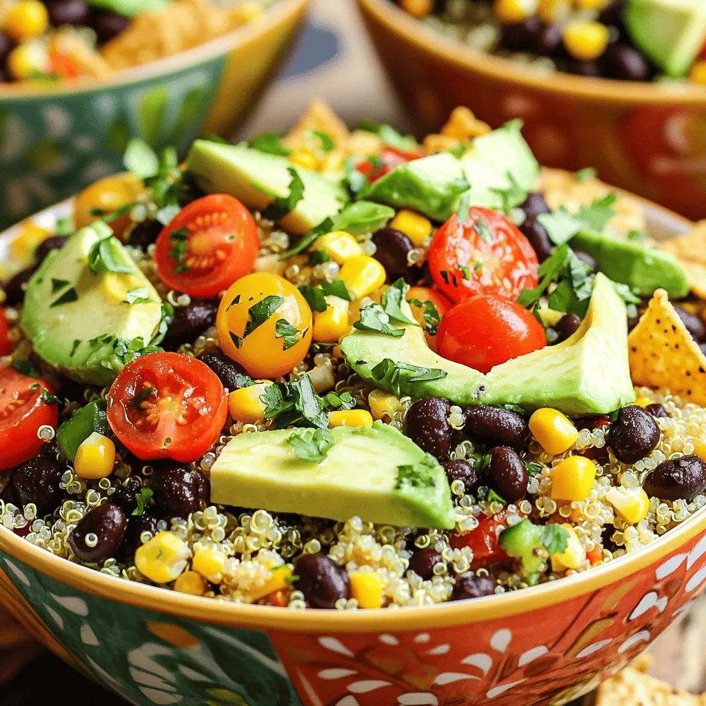 - 1 cup quinoa - 1 can (15 oz) black beans, drained and rinsed - 1 red bell pepper, diced - 1 avocado, diced - 1 cup cherry tomatoes, halved - 1/4 cup red onion, finely chopped - 1 cup corn kernels (fresh, frozen, or canned) - 1 tablespoon olive oil - 1 teaspoon ground cumin - 1 teaspoon smoked paprika - Salt and pepper to taste - Juice of 1 lime - 1/2 cup fresh cilantro, chopped You need these main ingredients to make your Vegan Taco Salad Bowls fresh and tasty. Quinoa serves as a great base. It cooks well and adds a nice texture. Black beans bring protein and fiber. The fresh vegetables add color and crunch. Each veggie, from the red bell pepper to the cherry tomatoes, packs flavor. Seasonings like cumin and smoked paprika give the dish warmth and depth. A squeeze of lime juice brightens everything up. - Tortilla chips - Fresh cilantro - Crunchy toppings You can add tortilla chips for a fun crunch. They give a nice contrast to the soft ingredients. Fresh cilantro can enhance the flavor and add a pop of color. Other crunchy toppings like seeds or nuts can also work. Feel free to get creative with what you have on hand! For the full recipe, check out the [Full Recipe]. To start, rinse 1 cup of quinoa under cold water. This helps remove the bitter coating. Next, combine the rinsed quinoa with 2 cups of vegetable broth in a medium saucepan. Bring it to a boil. Once it boils, reduce the heat to low. Cover the saucepan and let it simmer for about 15 minutes. You want the quinoa to absorb all the liquid and become fluffy. After that, remove it from the heat. Let it sit covered for 5 minutes. Finally, fluff the quinoa gently with a fork and set it aside. In a large mixing bowl, add the cooked quinoa, 1 can of drained black beans, 1 cup of corn kernels, 1 diced red bell pepper, 1 diced avocado, 1 cup of halved cherry tomatoes, and 1/4 cup of finely chopped red onion. Mix these ingredients together well. In a small bowl, whisk together 1 tablespoon of olive oil, 1 teaspoon of ground cumin, 1 teaspoon of smoked paprika, the juice of 1 lime, and salt and pepper to taste. This will be your dressing. Pour the dressing over the quinoa mixture. Gently toss everything until it is evenly coated. Stir in 1/2 cup of chopped fresh cilantro. Taste and adjust the seasoning if needed. For serving, use large, colorful bowls. Garnish each bowl with extra fresh cilantro and a few whole tortilla chips. This adds a fun crunch and a vibrant look. Enjoy your Vegan Taco Salad Bowls! For the full recipe, refer to the earlier section. To make your Vegan Taco Salad Bowls pop, adjust the seasoning. Start with salt and pepper. Taste as you go. You can also add more cumin or smoked paprika for a bolder flavor. If you like heat, try adding some chili powder or diced jalapeños. Want more protein? Add lentils or chickpeas to the mix. These ingredients boost nutrition and help keep you full. They also absorb flavors well, making every bite delicious. Dressings can change the whole vibe of your salad. Try a creamy avocado dressing or a zesty lime vinaigrette. You can also add salsa for a fun twist. If you prefer a tangy kick, mix in some nutritional yeast. Need to swap ingredients? Replace black beans with kidney beans or pinto beans. You can use different veggies based on what you have. Spinach or kale can add a lovely crunch. When choosing edible bowls, you can pick tortilla shells or lettuce leaves. Tortilla shells add a nice crunch. Lettuce leaves are low in carbs and light. Both options are tasty! To prepare edible bowls, bake tortilla shells in a muffin tin. This gives them a fun shape. For lettuce, simply wash and dry the leaves. Use large leaves to hold your salad. They are easy to eat and add freshness. For the full recipe, check the details provided earlier. {{image_2}} You can switch up your protein in this salad. Lentils or chickpeas work great. They add heartiness and texture. If you want something different, try tofu or tempeh. Both soak up flavors well and add a nice bite. For a low-carb option, use cauliflower rice instead of quinoa. It gives a nice crunch and keeps it light. Zucchini noodles are another fun choice. They add a fresh twist and make the dish even more colorful. Change your salad with the seasons. In summer, add fresh herbs and citrus for a bright taste. Try basil, mint, or parsley with a splash of lime. For fall, think about using roasted squash or sweet potatoes. These ingredients warm up the dish and bring cozy flavors. You can find the Full Recipe for Vegan Taco Salad Bowls 🥗 to explore all these ideas and more! To keep your Vegan Taco Salad Bowls fresh, store leftovers in airtight containers. This helps keep the flavors intact. Refrigerate the salad for up to three days. It’s best to keep the dressing separate until you are ready to eat. This stops the salad from getting soggy. When you want to enjoy your salad again, pull it from the fridge. If the quinoa has thickened, add a splash of water or lime juice. This helps revive the flavors. You can make this salad ahead of time. Cook the quinoa and let it cool. Store it in a container in the fridge. Chop the veggies and keep them in separate bags. This way, they stay fresh and crisp. If you want to freeze parts of your salad, do this with the quinoa and beans. Place them in freezer bags and label them. They can last for up to three months. When you’re ready to use them, just thaw in the fridge overnight. You can then mix everything together for a quick meal. For the full recipe, check out the instructions above. Yes, you can. I recommend storing the ingredients separately. This keeps everything fresh. You can cook the quinoa and beans in advance. Store them in the fridge. Chop the veggies just before serving. This way, they stay crisp and bright. You can get creative with toppings! Here are some of my favorites: - Sliced jalapeños for heat. - Shredded lettuce for crunch. - Dairy-free cheese for creaminess. - A dollop of guacamole for richness. - Fresh lime wedges for a zesty kick. Add any of these to make your salad pop! Yes, this recipe is gluten-free! Quinoa is a great gluten-free grain. Just make sure that any canned ingredients, like beans or corn, are labeled gluten-free. If you want a crunchy topping, use gluten-free tortilla chips. Enjoy your meal without worry! This blog post guided you through making a delicious Vegan Taco Salad Bowl. You learned about essential ingredients like quinoa, black beans, and fresh veggies. I shared easy steps for cooking and mixing everything together. Tips on flavor, customization, and storage help you make the meal your own. Remember, you can swap ingredients to suit your taste. Enjoy experimenting with new flavors and toppings. You'll create a unique dish every time. Happy cooking!