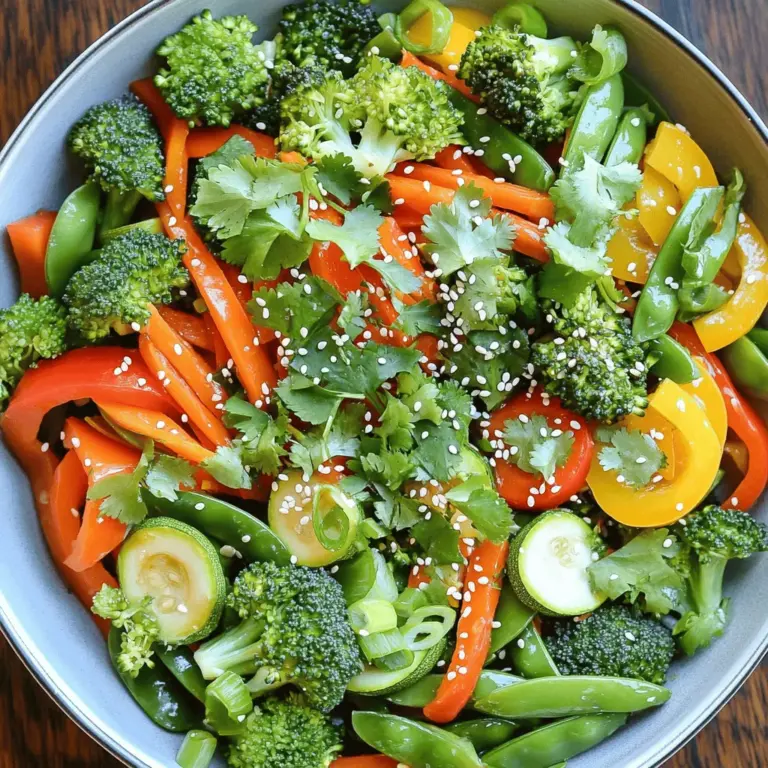 For a tasty veggie stir fry, you need: - 2 tablespoons vegetable oil - 1 bell pepper (any color), sliced - 1 medium carrot, julienned - 1 small zucchini, sliced into half-moons - 1 cup broccoli florets - 1 cup snap peas - 3 green onions, chopped - 2 cloves garlic, minced - 1 tablespoon fresh ginger, grated - 3 tablespoons soy sauce (or tamari for gluten-free) - 1 tablespoon sesame oil - Sesame seeds for garnish - Fresh cilantro for garnish (optional) Measuring your ingredients correctly is key. It helps each item cook evenly. If you need to swap out ingredients due to allergies or taste, that's okay. You can use any vegetable you like. Just make sure to keep the same amounts. For example, if you don’t like zucchini, you can use mushrooms instead. When selecting vegetables, look for bright colors and firm textures. Fresh veggies taste better and add more nutrients. If you can’t find fresh ones, don’t worry. Frozen vegetables work too, especially if they are flash-frozen. They keep most of their nutrients and save time on prep. First, wash all your veggies well. Use cold water to remove dirt and grit. Then, chop them. Aim for uniform sizes. This helps them cook evenly. For example, slice the bell pepper and zucchini into thin strips. Julienned carrots should match those strips. Chop broccoli into small florets. Uniform pieces cook at the same rate. Use a large skillet or wok for the best results. Heat it on medium-high. Add vegetable oil once the pan is hot. You want the oil to shimmer but not smoke. This means it’s ready for cooking. Start by adding garlic and ginger. Sauté these for about 30 seconds. They should smell fragrant, not burnt. Next, toss in the bell pepper, carrot, and zucchini. Stir-fry these for 2-3 minutes. They should soften but still have a bit of crunch. After that, add broccoli and snap peas. Continue to stir-fry for another 2-3 minutes. Watch the colors brighten and the veggies get tender-crisp. Finally, pour in soy sauce and drizzle with sesame oil. Stir well to coat everything. Let it cook for one more minute. Now it’s time to combine everything. Remove the pan from heat and stir in the chopped green onions. This adds a fresh crunch. Transfer the stir fry to a serving bowl or individual plates. For a pop of color, sprinkle with sesame seeds. Add fresh cilantro if you like. This meal looks as good as it tastes. Serve it hot with steamed rice or quinoa for a complete dish. You can find the full recipe [here]. To make your stir fry burst with flavor, use spices and sauces wisely. Start with soy sauce for a savory depth. A touch of sesame oil adds richness. Consider using chili flakes for a mild heat. Fresh herbs like cilantro brighten the dish. Chop them finely and stir them in at the end for a fresh taste. Meal prep saves time. Wash and chop veggies ahead of time. Store them in airtight containers. This way, they're ready to cook when you are. Use a good skillet or wok. A non-stick surface helps prevent sticking. A sharp knife speeds up chopping. Want some heat? Add sliced jalapeños or a dash of hot sauce. For a vegetarian twist, toss in tofu or tempeh. You can also switch up the veggies. Try bell peppers, carrots, or green beans. Each adds a unique taste and texture. Make it your own! For the full recipe, check out Easy Veggie Stir Fry. {{image_2}} If you want to add protein, there are many options. For non-vegetarians, try chicken, beef, or shrimp. These proteins cook quickly and blend well with veggies. For a vegan option, consider tofu or tempeh. Both absorb flavors and add texture. Edamame is another great choice. It is packed with protein and adds a nice crunch. You can change the flavor of your stir fry by using different styles. For an Asian twist, add hoisin sauce or sriracha for heat. You could also throw in some sesame seeds for texture. If you prefer a Mediterranean style, use olive oil, garlic, and add olives or sun-dried tomatoes. This gives your dish a fresh and bright flavor. Using seasonal veggies can make your stir fry taste even better. In spring, use asparagus and peas. Summer is great for zucchini and bell peppers. In fall, try carrots and brussels sprouts. Winter is perfect for broccoli and kale. Rotating ingredients keeps things fresh and fun. You can also use leftovers for a quick meal. After making your Easy Veggie Stir Fry, you may have leftovers. To store them safely, let the stir fry cool down. Then, place it in an airtight container. This keeps it fresh and safe to eat later. I recommend using glass containers for better heat resistance and visibility. To reheat your stir fry, the best method is to use a skillet. Heat it over medium heat and add a splash of water or oil to prevent sticking. Stir the veggies often to keep them warm and evenly heated. Avoid using the microwave, as it can make the veggies soggy. Yes, you can freeze stir fry! To do this, let it cool completely. Pack it in a freezer-safe container, leaving some space for expansion. When you want to eat it, thaw it in the fridge overnight. Reheat it in a skillet to maintain texture. This way, you enjoy your meal without losing quality. You can make a simple stir fry sauce using just a few key ingredients. Start with: - 3 tablespoons soy sauce - 1 tablespoon rice vinegar - 1 tablespoon sesame oil - 1 teaspoon sugar - 1 teaspoon cornstarch mixed with 1 tablespoon water Mix these ingredients in a bowl. This sauce adds great flavor to your veggies. For a twist, try adding chili paste for heat or hoisin sauce for sweetness. You can add many ingredients to change up your stir fry. Here are some common add-ins: - Tofu or tempeh for protein - Mushrooms for umami flavor - Spinach or kale for greens - Nuts like cashews or almonds for crunch If you want quick options, many stores sell pre-made stir fry mixes. These save time and add variety to your meals. To keep your veggies crisp, follow these tips: - Cut vegetables into uniform sizes to ensure even cooking. - Cook on high heat to quickly sear the veggies. - Don't overcrowd the pan; this can lead to steaming instead of frying. Cooking time matters too. Stir fry for just a few minutes until bright and tender-crisp. Enjoy your Easy Veggie Stir Fry with a side of rice for a complete meal. For the full recipe, check the Easy Veggie Stir Fry details above. This guide covered all you need for a tasty veggie stir fry. You learned about ingredients, precise measurements, and how to choose fresh vegetables. I shared key preparation and cooking tips for great results. You can enhance flavor with spices and sauces while customizing dishes to your taste. Remember to store leftovers properly and reheat them well for the best texture. With this knowledge, you can make delicious stir fries that impress and satisfy. Enjoy your cooking journey!