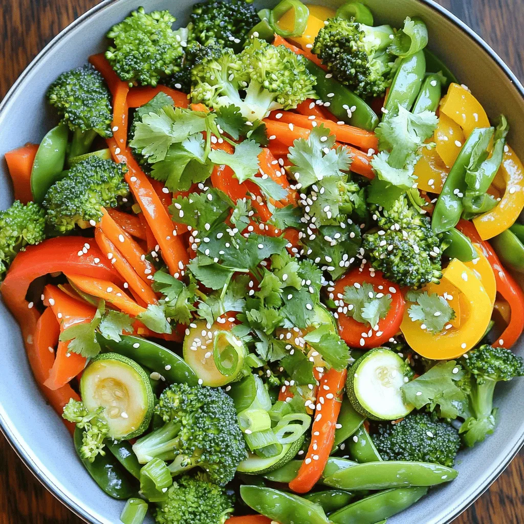 For a tasty veggie stir fry, you need: - 2 tablespoons vegetable oil - 1 bell pepper (any color), sliced - 1 medium carrot, julienned - 1 small zucchini, sliced into half-moons - 1 cup broccoli florets - 1 cup snap peas - 3 green onions, chopped - 2 cloves garlic, minced - 1 tablespoon fresh ginger, grated - 3 tablespoons soy sauce (or tamari for gluten-free) - 1 tablespoon sesame oil - Sesame seeds for garnish - Fresh cilantro for garnish (optional) Measuring your ingredients correctly is key. It helps each item cook evenly. If you need to swap out ingredients due to allergies or taste, that's okay. You can use any vegetable you like. Just make sure to keep the same amounts. For example, if you don’t like zucchini, you can use mushrooms instead. When selecting vegetables, look for bright colors and firm textures. Fresh veggies taste better and add more nutrients. If you can’t find fresh ones, don’t worry. Frozen vegetables work too, especially if they are flash-frozen. They keep most of their nutrients and save time on prep. First, wash all your veggies well. Use cold water to remove dirt and grit. Then, chop them. Aim for uniform sizes. This helps them cook evenly. For example, slice the bell pepper and zucchini into thin strips. Julienned carrots should match those strips. Chop broccoli into small florets. Uniform pieces cook at the same rate. Use a large skillet or wok for the best results. Heat it on medium-high. Add vegetable oil once the pan is hot. You want the oil to shimmer but not smoke. This means it’s ready for cooking. Start by adding garlic and ginger. Sauté these for about 30 seconds. They should smell fragrant, not burnt. Next, toss in the bell pepper, carrot, and zucchini. Stir-fry these for 2-3 minutes. They should soften but still have a bit of crunch. After that, add broccoli and snap peas. Continue to stir-fry for another 2-3 minutes. Watch the colors brighten and the veggies get tender-crisp. Finally, pour in soy sauce and drizzle with sesame oil. Stir well to coat everything. Let it cook for one more minute. Now it’s time to combine everything. Remove the pan from heat and stir in the chopped green onions. This adds a fresh crunch. Transfer the stir fry to a serving bowl or individual plates. For a pop of color, sprinkle with sesame seeds. Add fresh cilantro if you like. This meal looks as good as it tastes. Serve it hot with steamed rice or quinoa for a complete dish. You can find the full recipe [here]. To make your stir fry burst with flavor, use spices and sauces wisely. Start with soy sauce for a savory depth. A touch of sesame oil adds richness. Consider using chili flakes for a mild heat. Fresh herbs like cilantro brighten the dish. Chop them finely and stir them in at the end for a fresh taste. Meal prep saves time. Wash and chop veggies ahead of time. Store them in airtight containers. This way, they're ready to cook when you are. Use a good skillet or wok. A non-stick surface helps prevent sticking. A sharp knife speeds up chopping. Want some heat? Add sliced jalapeños or a dash of hot sauce. For a vegetarian twist, toss in tofu or tempeh. You can also switch up the veggies. Try bell peppers, carrots, or green beans. Each adds a unique taste and texture. Make it your own! For the full recipe, check out Easy Veggie Stir Fry. {{image_2}} If you want to add protein, there are many options. For non-vegetarians, try chicken, beef, or shrimp. These proteins cook quickly and blend well with veggies. For a vegan option, consider tofu or tempeh. Both absorb flavors and add texture. Edamame is another great choice. It is packed with protein and adds a nice crunch. You can change the flavor of your stir fry by using different styles. For an Asian twist, add hoisin sauce or sriracha for heat. You could also throw in some sesame seeds for texture. If you prefer a Mediterranean style, use olive oil, garlic, and add olives or sun-dried tomatoes. This gives your dish a fresh and bright flavor. Using seasonal veggies can make your stir fry taste even better. In spring, use asparagus and peas. Summer is great for zucchini and bell peppers. In fall, try carrots and brussels sprouts. Winter is perfect for broccoli and kale. Rotating ingredients keeps things fresh and fun. You can also use leftovers for a quick meal. After making your Easy Veggie Stir Fry, you may have leftovers. To store them safely, let the stir fry cool down. Then, place it in an airtight container. This keeps it fresh and safe to eat later. I recommend using glass containers for better heat resistance and visibility. To reheat your stir fry, the best method is to use a skillet. Heat it over medium heat and add a splash of water or oil to prevent sticking. Stir the veggies often to keep them warm and evenly heated. Avoid using the microwave, as it can make the veggies soggy. Yes, you can freeze stir fry! To do this, let it cool completely. Pack it in a freezer-safe container, leaving some space for expansion. When you want to eat it, thaw it in the fridge overnight. Reheat it in a skillet to maintain texture. This way, you enjoy your meal without losing quality. You can make a simple stir fry sauce using just a few key ingredients. Start with: - 3 tablespoons soy sauce - 1 tablespoon rice vinegar - 1 tablespoon sesame oil - 1 teaspoon sugar - 1 teaspoon cornstarch mixed with 1 tablespoon water Mix these ingredients in a bowl. This sauce adds great flavor to your veggies. For a twist, try adding chili paste for heat or hoisin sauce for sweetness. You can add many ingredients to change up your stir fry. Here are some common add-ins: - Tofu or tempeh for protein - Mushrooms for umami flavor - Spinach or kale for greens - Nuts like cashews or almonds for crunch If you want quick options, many stores sell pre-made stir fry mixes. These save time and add variety to your meals. To keep your veggies crisp, follow these tips: - Cut vegetables into uniform sizes to ensure even cooking. - Cook on high heat to quickly sear the veggies. - Don't overcrowd the pan; this can lead to steaming instead of frying. Cooking time matters too. Stir fry for just a few minutes until bright and tender-crisp. Enjoy your Easy Veggie Stir Fry with a side of rice for a complete meal. For the full recipe, check the Easy Veggie Stir Fry details above. This guide covered all you need for a tasty veggie stir fry. You learned about ingredients, precise measurements, and how to choose fresh vegetables. I shared key preparation and cooking tips for great results. You can enhance flavor with spices and sauces while customizing dishes to your taste. Remember to store leftovers properly and reheat them well for the best texture. With this knowledge, you can make delicious stir fries that impress and satisfy. Enjoy your cooking journey!