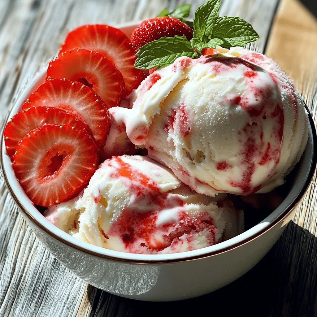 To make delicious homemade strawberry ice cream, gather these items: - 2 cups fresh strawberries, hulled and sliced - 1 cup granulated sugar - 1 teaspoon lemon juice - 1 cup whole milk - 2 cups heavy cream - 1 teaspoon vanilla extract - A pinch of salt These basic ingredients create a rich, smooth ice cream. Each one plays a key role. The strawberries provide sweetness and flavor, while the cream adds a velvety texture. You can make your strawberry ice cream even better with these add-ins: - Chopped nuts for crunch - Chocolate chips for a sweet twist - Mint leaves for a fresh taste - A splash of balsamic vinegar for depth These options let you personalize your ice cream. Mix them in before churning for the best results. Using fresh strawberries gives the best flavor and texture. They are bright, juicy, and sweet. However, frozen strawberries can work too. They are convenient and available year-round. When using frozen strawberries, let them thaw and drain excess water. This helps keep your ice cream from getting icy. Always choose the best strawberries for the best ice cream! To make homemade strawberry ice cream, follow these steps closely. First, gather all your ingredients. You need fresh strawberries, sugar, lemon juice, whole milk, heavy cream, vanilla extract, and a pinch of salt. 1. In a medium bowl, mix the sliced strawberries with 1/2 cup of sugar. Toss them well. Let them sit for about 15 minutes. This process is called maceration. The sugar helps the strawberries release their juices. 2. After 15 minutes, use a fork or potato masher. Gently mash the strawberries into a chunky puree. Leave some pieces for a nice texture. 3. In a large mixing bowl, whisk together the whole milk and the remaining 1/2 cup of sugar. Keep whisking until the sugar dissolves completely. 4. Now, add the heavy cream, vanilla extract, lemon juice, and a pinch of salt to the milk mixture. Stir until everything blends well. 5. Fold the strawberry puree into the cream mixture. Make sure the strawberries are evenly mixed throughout. 6. Cover the bowl with plastic wrap. Refrigerate the mixture for at least 2 hours. This step cools it down and enhances the flavors. 7. Once chilled, pour the mixture into your ice cream maker. Churn it according to the manufacturer's instructions until you achieve a soft-serve consistency. 8. Transfer the soft ice cream to an airtight container. Freeze for about 4 hours or until it hardens to your liking. 9. Serve your homemade strawberry ice cream in bowls or cones. Enjoy the fresh, sweet taste. Maceration is key for great flavor. Here are some tips: - Always use ripe strawberries. They have more juice and better taste. - Adjust sugar to your taste. More sugar helps with sweetness. - Let the strawberries sit longer if you want more juice. This step is crucial for flavor. Churning is important for texture. Here’s how to do it right: - Make sure your ice cream maker is cold. Freeze the bowl overnight if needed. - Don’t overfill the ice cream maker. Leave space for expansion. - Start churning slowly to avoid splashing. Gradually increase speed. - Stop churning when it reaches a soft-serve texture. It will harden more in the freezer. By following these steps, you’ll create a fresh and creamy delight that everyone will love! For the complete process, see the Full Recipe. To make your ice cream creamy, use high-fat dairy. The heavy cream adds richness. Whole milk also helps, but don’t skip the cream. Churn the mixture just until it thickens. Over-churning can create ice crystals. Chill your mixture well before churning. A cold base helps create a smooth texture. One common mistake is not letting the strawberries macerate long enough. This step brings out their juicy flavor. Another mistake is skipping the salt. A pinch of salt enhances sweetness. Don’t forget to fold the strawberry puree gently. This keeps some chunks for texture. Lastly, avoid leaving the ice cream out too long before serving. To boost the strawberry taste, add a bit of lemon juice. This brightens the flavor. You can also mix in a splash of strawberry extract. Fresh herbs like basil or mint can add a unique twist. Try using ripe, in-season strawberries for the best taste. If you want a richer flavor, try roasting the strawberries before mashing them. For the full recipe, check out the Sweet Summer Strawberry Bliss section. {{image_2}} You can make dairy-free strawberry ice cream easily. Use coconut milk instead of whole milk and cream. This gives you a rich, creamy texture. Choose full-fat coconut milk for the best results. This option is perfect for those who avoid dairy. Mix-ins can add fun flavors and textures to your ice cream. You can fold in chocolate chips or chopped nuts for a crunch. Swirls of chocolate sauce or caramel can create a delicious surprise in every bite. Add mix-ins during the last few minutes of churning for the best results. Want to try new flavors? You can infuse other fruits into your ice cream. Peaches, raspberries, or mango can add a fresh twist. Just follow the same steps as the strawberries. You’ll create a delightful blend of flavors with each scoop. For the full recipe, check out the steps to create your homemade strawberry ice cream. Enjoy experimenting with these variations! To keep your homemade strawberry ice cream fresh, follow these simple steps. First, use an airtight container. This helps prevent ice crystals from forming. Make sure to press a piece of plastic wrap directly on the surface of the ice cream before sealing the lid. This keeps it extra smooth and creamy. When you freeze the ice cream, set your freezer to zero degrees Fahrenheit or colder. This helps maintain the best texture. Avoid opening the freezer door too often. Temperature changes can make your ice cream icy. For a fun twist, label your container with the date. You’ll know how long it’s been in the freezer. Homemade strawberry ice cream can last about two weeks in the freezer. After that, it may lose its flavor and texture. If you notice ice crystals, it's a sign that it's past its prime. For the best taste, enjoy it within a week. Always check for any off smells or flavors before serving. If it smells strange, it’s best to toss it out. Remember, fresh is always best! Leftover ice cream can become hard in the freezer. To soften it, simply take it out and let it sit at room temperature for about 10 to 15 minutes. This helps bring it back to a scoopable texture. If it’s still too hard, you can re-churn it. Place the ice cream back in your ice cream maker for a few minutes. This adds air and makes it creamy again. Enjoy your homemade strawberry ice cream just like it was freshly made! For the full recipe, check out the details above. Yes, you can! If you don’t have an ice cream maker, you can still enjoy this treat. First, make the mixture as usual. Then, pour it into a shallow dish. Place the dish in the freezer. Every 30 minutes, stir the mixture with a fork. Keep doing this until it becomes creamy. This method takes more time, but it works well! To change the sweetness, you can add or reduce sugar. Start with less sugar if you prefer a less sweet flavor. You can taste the mixture before freezing. If it’s not sweet enough, stir in more sugar gradually. Just remember, the cold can dull flavors, so keep that in mind! Serving homemade strawberry ice cream is fun! You can scoop it into bowls or cones. Top it with fresh strawberry slices for a nice touch. A sprig of mint adds color and flavor. Want something extra? Drizzle chocolate sauce or sprinkle crushed nuts on top. This ice cream pairs well with warm desserts, too! For a full recipe, see the details above. Enjoy making your homemade strawberry ice cream! You learned about making strawberry ice cream, from ingredients to techniques. We covered required and optional ingredients, comparing fresh and frozen strawberries. You discovered detailed steps and tips for perfect maceration and churning. We discussed ways to avoid mistakes and enhance flavor. Variations included dairy-free options and mix-ins. Lastly, we reviewed storage tips for your ice cream. Homemade strawberry ice cream is fun and rewarding. With practice, you can create a creamy treat that impresses everyone. Enjoy your ice cream journey!