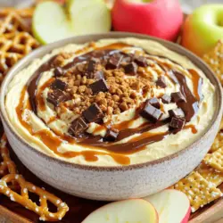 - 1 cup creamy peanut butter - 1 cup cream cheese, softened - 1/2 cup powdered sugar - 2 teaspoons vanilla extract - 1/4 cup chocolate syrup - 1/4 cup caramel sauce - 1 cup crushed Twix bars (about 4-5 bars) - Assorted dippers (apple slices, pretzels, graham crackers) The magic of Twix Dip starts with its main ingredients. First, you need creamy peanut butter. This gives the dip a rich and nutty flavor. Then, cream cheese adds a smooth texture. The powdered sugar makes it sweet and perfect for dipping. Next, we add some extra flavor. Vanilla extract brings warmth to the dip. Chocolate syrup adds a rich, sweet touch. Caramel sauce gives it that gooey, dreamy quality we love. Finally, we top it all off with crushed Twix bars. These pieces add crunch and caramel flavor. You can enjoy this dip with various dippers. Try apple slices for a fresh bite, pretzels for saltiness, or graham crackers for a sweet crunch. For the full recipe, check out the complete guide to make this delightful treat. - Step 1: Combine peanut butter and cream cheese. Start by taking a mixing bowl. Add 1 cup of creamy peanut butter and 1 cup of softened cream cheese. Use an electric mixer to blend them until the mix is smooth and fluffy. This step is key for a creamy base. - Step 2: Mix in powdered sugar and vanilla extract. Gradually add 1/2 cup of powdered sugar and 2 teaspoons of vanilla extract. Keep mixing on low speed. This helps sweeten the dip and adds a lovely flavor. - Step 3: Add chocolate syrup and caramel sauce. Now, drizzle in 1/4 cup of chocolate syrup and 1/4 cup of caramel sauce. Continue mixing until everything is fully combined and smooth. The blend of chocolate and caramel makes this dip truly special. - Step 4: Fold in crushed Twix bars. Gently fold in 1 cup of crushed Twix bars, which is about 4-5 bars. Make sure they are evenly spread throughout the dip. This adds crunch and that classic Twix flavor. - Step 5: Transfer to serving bowl and garnish. Move the dip to a nice serving bowl. For an extra touch, drizzle a bit more chocolate syrup and caramel sauce on top. This makes it look great! - Step 6: Serve with dippers. Enjoy your dip right away with assorted dippers. Apple slices, pretzels, and graham crackers work best. You can also check the Full Recipe for more tips on serving. To make the perfect creamy Twix dip, start with softened cream cheese. It blends well with peanut butter and gives a smooth texture. Mix them until fluffy. If your dip feels too thick, add a splash of milk. This will help reach the creamy level you want. Adjusting sweetness is easy. If the dip is not sweet enough, add more powdered sugar a little at a time. Taste as you go. This way, you find the right balance for your taste buds. For the best dippers, think outside the box. Apple slices add freshness, while pretzels give a nice crunch. Graham crackers are also great for scooping. You can even try cookies for a sweet twist. For presentation, serve the dip in a shallow dish. Arrange your dippers around the dip. This makes it look fun and inviting. A sprinkle of extra crushed Twix on top adds an appealing touch. Want to jazz up your Twix dip? Try adding toppings like mini chocolate chips or a drizzle of extra caramel. Chopped nuts can add a nice crunch too. If you want to switch things up, you can substitute peanut butter with almond butter. Cream cheese could be swapped for Greek yogurt for a lighter option. Both choices keep the flavor but change the taste just enough for a new experience. {{image_2}} You can make Twix dip extra fun by adding ingredients. Try mixing in nuts like almonds or pecans for crunch. You can also toss in other candies, like Snickers or Reese’s Pieces, for a sweet twist. For a healthier version, consider using alternative sweeteners. Honey or agave syrup can give you a nice, natural sweetness. You can adjust the amount to fit your taste. If you're serving guests with dietary needs, there are easy swaps. Use gluten-free dippers like rice cakes or veggie sticks. This way, everyone can enjoy the dip. To make a vegan version, switch out cream cheese for a plant-based alternative. You can also use almond butter in place of peanut butter. These changes keep the dip creamy and delicious. Twix dip is not just for dipping! You can use it in desserts too. Spread it between cake layers for a fun treat. You can also layer it in parfaits with yogurt and fruit. For a chocolatey surprise, mix it into brownie batter or cookie dough. It adds a rich flavor that everyone will love. To keep your Twix dip fresh, store it in an airtight container. This helps keep moisture out and prevents it from absorbing other fridge smells. If stored this way, Twix dip lasts about 5 to 7 days in the fridge. Always check for any signs of spoilage before serving. Yes, you can freeze Twix dip! To do this, place it in a freezer-safe container. Make sure to leave some space at the top, as the dip can expand. It will stay good in the freezer for about 2 to 3 months. When you're ready to enjoy it again, thaw it in the fridge overnight. Avoid using a microwave, as it can change the texture. Once thawed, stir it well before serving. Got some leftover dip? You can use it in fun ways! Try spreading it on toast or pancakes for a sweet breakfast. You can also mix it into smoothies for a creamy twist. Another idea is to use it as a filling for cupcakes or cookies. The options are endless when you get creative with Twix dip! What is Twix dip made of? Twix dip is a sweet and creamy treat. It combines creamy peanut butter, softened cream cheese, powdered sugar, vanilla extract, chocolate syrup, caramel sauce, and crushed Twix bars. This mix creates a delicious dip that everyone loves. You can find the full recipe above. How can I make Twix dip more chocolatey? To make your Twix dip more chocolatey, add more chocolate syrup. You can also mix in mini chocolate chips or melted chocolate. This extra chocolate boosts the flavor and makes the dip even more indulgent. Why is my dip too runny? If your dip is too runny, it may have too much liquid. This can happen if you add too much chocolate syrup or caramel sauce. To fix this, try adding more cream cheese or powdered sugar. Both will help thicken the dip. How do I thicken Twix dip if it's too loose? To thicken your dip, mix in more crushed Twix bars. You can also add a bit more powdered sugar. Both options will improve the texture without changing the flavor much. What are the best dippers for Twix dip? Great dippers include apple slices, pretzels, and graham crackers. These options provide a nice crunch and balance the sweet dip. You can also use cookies or marshmallows for a fun twist. Can I use other candy bars in place of Twix? Yes, you can swap Twix with other candy bars. Snickers, Milky Way, or even Reese's work well. Just crush them and mix them into the dip for a new flavor. Twix dip is simple and fun to make. We started with creamy peanut butter and cream cheese, blending in powdered sugar and vanilla. Then, we added chocolate and caramel flavors, folding in crushed Twix bars. The right dippers, like apple slices or pretzels, make it even better. Remember, you can mix in extra flavors or swap ingredients for a twist. Enjoy your dip at parties or as a sweet treat. Store it well for later use, and it’s easy to refresh leftovers. This dip is sure to become a favorite, so dive in and enjoy!