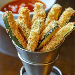 - 2 medium zucchinis, cut into fries - 1 cup breadcrumbs (panko for extra crunch is preferred) - 1/2 cup grated Parmesan cheese - 1 teaspoon garlic powder - 1 teaspoon onion powder - 1 teaspoon Italian seasoning - Salt and pepper, to taste - 2 large eggs, beaten - Olive oil spray The ingredients for crispy baked zucchini fries are simple yet flavorful. Zucchinis are low in calories and high in nutrients. They make a great snack or side dish. The breadcrumbs give the fries a nice crunch. I like using panko because it adds extra crispiness. Parmesan cheese adds a salty, rich flavor. Garlic and onion powders bring depth to the dish. Italian seasoning adds a nice herb blend. Eggs help the coating stick to the zucchini. A spray of olive oil helps achieve that golden, crispy texture. - Calories per serving: About 150 - Macronutrient breakdown: - Fat: 7g - Protein: 6g - Carbs: 17g These zucchini fries are not just tasty; they are also a healthier choice. They fit well into many diets. You can enjoy them guilt-free while satisfying your cravings. For the full recipe, check out the instructions above. - Preheat your oven to 425°F (220°C) and line a baking sheet with parchment paper. This helps with easy cleanup. - In a shallow bowl, mix together 1 cup of breadcrumbs, 1/2 cup of grated Parmesan cheese, 1 teaspoon of garlic powder, 1 teaspoon of onion powder, 1 teaspoon of Italian seasoning, salt, and pepper. This mixture gives great flavor and crunch. - Take two large eggs and beat them in another shallow bowl. This will help the coating stick. - Grab each zucchini fry. First, dip it in the beaten eggs, making sure it is well coated. Next, roll it in the breadcrumb mixture until fully covered. This step is key for a crispy finish. - Lay the coated zucchini fries in a single layer on the prepared baking sheet. Make sure they don’t touch each other. - Spray the fries lightly with olive oil. This helps them get nice and crispy. - Bake for about 20-25 minutes. Flip the fries halfway through to ensure even crispiness. You want them golden brown and crunchy. These crispy baked zucchini fries are perfect for snacking. Serve them warm with your favorite dip. For the complete cooking guide, refer to the Full Recipe. To get your zucchini fries extra crispy, use panko breadcrumbs. They create a light and crunchy coating. Regular breadcrumbs won't give the same texture. Panko is airy, so it fries up beautifully. You can find it in most grocery stores, often in the Asian food aisle. Also, use olive oil spray. This helps the fries crisp up in the oven. Lightly spray before baking. Too much oil can make them soggy, so be careful! When it comes to dips, marinara sauce is a classic. It’s tangy and pairs well with zucchini. Ranch dressing is another great choice. Both add flavor and fun to your snack. For presentation, serve the fries in a cone-shaped holder. This makes them look fancy. You can also use a nice platter with your dips on the side. It’s all about making it fun and inviting! To boost the flavor, add spices or herbs. A pinch of cayenne gives a nice kick. You can also use paprika for a smoky taste. Fresh herbs like parsley or basil can brighten things up too. For cheese lovers, try different types of cheese. Cheddar adds a sharp flavor, while mozzarella gives a gooey texture. Mix and match to find your favorite flavor combo! For the full recipe, check out the complete guide. {{image_2}} To make gluten-free zucchini fries, swap out regular breadcrumbs for gluten-free ones. You can use crushed cornflakes or almond flour. Both options give a nice crunch. Just ensure your seasonings are also gluten-free. This way, everyone can enjoy this tasty snack. For a kick, add cayenne pepper or chili powder to your breadcrumb mix. Start with a small amount, about half a teaspoon, and adjust to your taste. This adds flavor and heat to each bite. You can also sprinkle some on top after baking for extra spice. Mix things up by using different cheeses. Cheddar melts beautifully for a rich taste. Mozzarella gives a gooey texture. You can even blend them for a unique flavor. Just sprinkle the cheese into the breadcrumb mix or on top before baking for a cheesy crust. For the full recipe, check out the detailed instructions earlier in the article! To store your leftover crispy baked zucchini fries, use airtight containers. Glass or plastic containers work well. Make sure the fries are cool before you seal them up. This keeps moisture out and helps them stay crispy longer. When you're ready to enjoy your leftovers, the best method is to use an oven. Preheat it to 375°F (190°C). Place the zucchini fries on a baking sheet and heat for about 10 minutes. This method helps keep them crunchy. You can also use an air fryer if you have one. Set it to 375°F (190°C) for about 5 minutes. If you want to freeze the zucchini fries, lay them on a baking sheet in a single layer. Freeze them for about an hour. Once frozen, place them in a freezer bag. This prevents them from sticking together. To reheat, bake them straight from the freezer at 425°F (220°C) for about 20-25 minutes. This will help them get crispy again. Enjoy your snack anytime! For the full recipe, check the earlier section. Yes, you can prep them in advance. Cut the zucchinis and coat them as directed. Place the coated fries on a baking sheet. Cover them with plastic wrap and store them in the fridge. This can save time on busy days. Just bake them when you're ready. Crispy baked zucchini fries pair well with many dips and sides. Here are some ideas: - Marinara sauce - Ranch dressing - Garlic aioli - Ketchup - Hummus You can also serve them with a fresh salad or as a side with burgers. To keep your zucchini fries crispy, avoid excess moisture. Here are some tips: - Pat the zucchini dry before coating. - Use panko breadcrumbs for extra crunch. - Bake at a high temperature. - Flip the fries halfway through baking. - Store leftovers in an open container in the fridge. This helps reduce softness. For the full recipe, check the detailed instructions above. To wrap up, making crispy baked zucchini fries is simple and fun. You just need a few ingredients, like zucchini, breadcrumbs, and Parmesan. The steps are easy: coat, bake, and enjoy. For added flavor, try different cheeses or spices. Storing leftovers? Just follow the tips for best results. With these fries, you can have a tasty snack that’s healthy too. Dive into this recipe and enjoy your delicious, crispy creation!