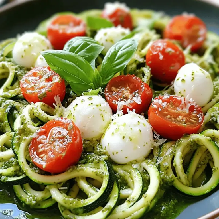 - 4 medium zucchinis, spiralized - 2 cups fresh basil leaves - 1/2 cup pine nuts, toasted - 1/2 cup Parmesan cheese, grated - 3 cloves garlic - 1/2 cup extra virgin olive oil - Salt and black pepper to taste - Cherry tomatoes, halved (for garnish) - Fresh mozzarella balls (optional, for garnish) When making zucchini noodles with pesto, fresh ingredients make a big difference. I use medium zucchinis for the perfect noodle texture. Spiralizing them is quick and fun. The pesto is key to flavor. I love using fresh basil leaves paired with toasted pine nuts and grated Parmesan. Garlic adds a punch that I can’t resist. Extra virgin olive oil brings it all together, creating a smooth and rich sauce. I always season with salt and black pepper to enhance the taste. For garnish, I like to add halved cherry tomatoes and fresh mozzarella balls. They not only look great but also add fresh flavors. If you want the full recipe, check out the Full Recipe link. This dish is simple, fresh, and full of flavor! To make zucchini noodles, begin by spiralizing the zucchinis. A spiralizer is the best tool for this task. You just twist the zucchini, and it turns into long, curly noodles. If you don’t have a spiralizer, a vegetable peeler works too. With the peeler, slice the zucchini into thin ribbons. These ribbons will look lovely on your plate. For the pesto, gather your ingredients and place them in a food processor. This includes fresh basil leaves, toasted pine nuts, grated Parmesan cheese, and garlic cloves. Pulse the mixture until it becomes finely chopped. This step is key. Next, while the processor runs, slowly add the extra virgin olive oil. This helps your pesto reach a smooth consistency. Don’t forget to scrape down the sides if needed. Finally, taste the pesto. Add salt and black pepper to suit your taste. Next, it’s time to sauté the zucchini noodles. Heat a large skillet over medium heat. Add the zucchini noodles and sauté for about 2-3 minutes. You want them tender but still crunchy. This step is important to keep their texture. After that, remove the skillet from heat. Pour the prepared pesto over the noodles. Gently toss the noodles to coat them evenly with the pesto. Serve your dish warm. You can add halved cherry tomatoes and fresh mozzarella balls on top for extra flavor. Enjoy your colorful and fresh meal! For complete details, check the Full Recipe. To avoid overcooking zucchini noodles, start with a quick sauté. Cook them for just 2-3 minutes. This keeps them crunchy and vibrant. Don't walk away during cooking! Zucchini noodles can turn mushy fast. Serve the noodles warm, not hot. This preserves their fresh taste. A warm dish enhances the pesto flavor. Add more depth to your dish! Consider mixing in cherry tomatoes, olives, or grilled chicken. They add color and texture to the plate. If you have leftover pesto, use it in many ways. Spread it on sandwiches or drizzle over grilled fish. You can even toss it with roasted veggies for a quick side. For more cooking tips, check out the Full Recipe to elevate your meal! {{image_2}} If you want to avoid gluten, you can use other options instead of traditional pasta. Try using spiralized sweet potatoes or carrots for a fun twist. They both offer a sweet flavor that pairs well with pesto. You can also use gluten-free pasta made from rice or quinoa. This way, you keep the dish light and fresh while enjoying the flavors. To make this dish vegan, you can swap out the Parmesan cheese. Nutritional yeast is a great choice. It adds a cheesy flavor without the dairy. If you miss the creaminess, blend in some avocado with the pesto. This will help balance the flavors and give a smooth texture. You can also add a splash of lemon juice for a zesty punch. Feel free to get creative with your pesto! Instead of pine nuts, you can use walnuts or cashews. Each nut brings a unique flavor to the dish. If you want to try another vegetable for noodles, consider using butternut squash or even cucumber. Both will add a refreshing taste. Experimenting with these swaps can lead to new favorite dishes. For the complete recipe, check out the Full Recipe. To keep zucchini noodles fresh, store them in an airtight container. Place a paper towel inside to absorb extra moisture. This helps prevent sogginess. You can store raw zucchini noodles in the fridge for up to three days. If you have cooked noodles, eat them within two days for the best taste. For longer storage, consider freezing your zucchini noodles. Lay them flat in a single layer on a baking sheet, freeze until solid, then put them in freezer bags. This keeps them fresh for about three months. To keep leftover pesto fresh, transfer it to a clean jar. Pour a thin layer of olive oil on top to seal in flavor. This method helps prevent browning and keeps it tasty. Store the jar in the fridge, where it can last for up to a week. If you want to save pesto for later, freezing works well. Place pesto in an ice cube tray, freeze, then transfer the cubes to a freezer bag. This way, you can use small amounts as needed. Frozen pesto stays fresh for up to six months. Enjoy your homemade pesto whenever you want! Yes, you can make zucchini noodles ahead of time. I recommend spiralizing them no more than one day before. Store them in an airtight container with a paper towel. The towel absorbs moisture and keeps them fresh. I love serving zucchini noodles with pesto as a main dish. You can also pair them with grilled chicken or shrimp for protein. Top with cherry tomatoes and mozzarella for extra flavor. Zucchini noodles are done when they are tender but still have a bite. This takes about 2-3 minutes of cooking. Watch for them to turn bright green but not mushy. Yes, you can use store-bought pesto. It saves time and is often tasty. However, homemade pesto has fresher flavors and can be adjusted to your taste. For the complete instructions and ingredient amounts, check out the Full Recipe. Zucchini noodles are a fun, healthy dish you can easily make at home. You learned how to spiralize zucchini, whip up pesto, and sauté everything to perfection. The tips on storage and variations let you tailor the dish to your tastes. Experimenting with flavors keeps meals exciting. Using fresh ingredients creates the best taste. Enjoy your new dish! You now have the tools to make zucchini noodles that impress and satisfy.