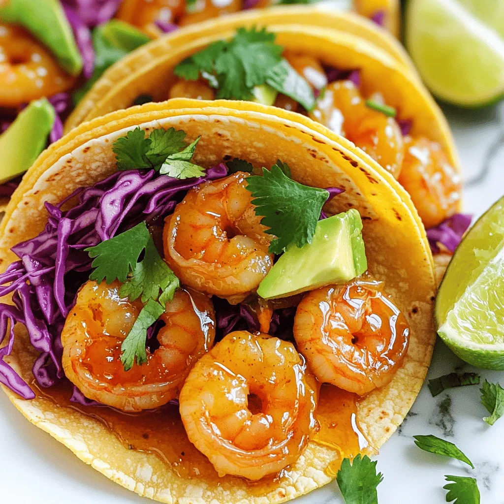 To create your honey garlic shrimp tacos, gather these key ingredients: - 1 lb large shrimp, peeled and deveined - 3 tablespoons honey - 2 tablespoons soy sauce - 1 tablespoon fresh lime juice - 3 cloves garlic, minced - 1 teaspoon grated ginger - 1 tablespoon olive oil - 1 teaspoon chili powder - 8 small corn tortillas - 1 cup shredded red cabbage - 1 avocado, sliced - Fresh cilantro leaves for garnish - Lime wedges for serving Using these fresh ingredients makes a big difference in flavor. The shrimp needs to be large and fresh for the best texture. Honey adds a sweet touch that balances the soy sauce. Garlic and ginger give a nice kick, making every bite tasty. Corn tortillas provide a soft base and hold everything together well. You can find the Full Recipe above for a step-by-step guide to bring these delicious tacos to life. Enjoy cooking! Start by mixing the marinade. In a medium bowl, whisk together: - 3 tablespoons honey - 2 tablespoons soy sauce - 1 tablespoon fresh lime juice - 3 cloves garlic, minced - 1 teaspoon grated ginger - 1 teaspoon chili powder This mix brings sweet and savory flavors to the shrimp. Once combined, add 1 pound of large shrimp, peeled and deveined. Toss to coat the shrimp well. Let them marinate for 15 to 20 minutes. This step is key for flavor. Heat 1 tablespoon of olive oil in a large skillet over medium-high heat. When the oil is hot, add the marinated shrimp in a single layer. Cook the shrimp for 2 to 3 minutes on each side. They should turn opaque and curl up. Remove them from the heat when done. This quick cooking keeps the shrimp tender and juicy. Warm 8 small corn tortillas in another skillet for about 30 seconds on each side. This makes them soft and easy to fold. Now, lay a few pieces of shrimp on each tortilla. Top with 1 cup of shredded red cabbage and a few slices of avocado. Finish with fresh cilantro leaves for a pop of color and flavor. Serve with lime wedges for squeezing over the tacos. Enjoy your fresh and flavorful meal! For the Full Recipe, see the detailed instructions above. To make great honey garlic shrimp, start with fresh shrimp. Look for shrimp that are firm and smell clean. The key to juicy shrimp is not overcooking them. Cook the shrimp for just 2-3 minutes on each side. When they turn opaque, they are done. Marinating the shrimp adds flavor and keeps them tender. Use the marinade for about 15-20 minutes for best results. Corn tortillas work best for these tacos. They are soft and hold the shrimp well. Warm the tortillas in a skillet before serving. This makes them pliable and enhances their flavor. If you want a twist, try flour tortillas. They are thicker and add a different taste. Toppings can take your tacos to the next level. Try adding shredded cabbage for crunch. Sliced avocado gives a creamy texture and flavor. Fresh cilantro adds a bright taste. You can also add lime wedges for a zesty kick. If you want heat, sprinkle some jalapeños on top. The variety of toppings lets you customize each taco to your taste. You can find the Full Recipe above for more details on how to make this delicious dish. {{image_2}} You can easily swap shrimp for other proteins. Chicken works well in this recipe. Use boneless, skinless chicken thighs for juicy bites. Cut the chicken into small pieces and follow the same marinade steps. Tofu is a great option for a plant-based meal. Firm tofu absorbs flavors well. Press the tofu to remove extra moisture. Then, cube it and marinate just like shrimp. Adding spices or sauces can take your tacos to the next level. Try a pinch of smoked paprika for a deeper flavor. If you want heat, add cayenne pepper or red pepper flakes. You can also drizzle sriracha or hot sauce on top for extra spice. For a creamy touch, blend avocado with lime juice and spread it on the tortillas. This will add a delicious twist. Pair your honey garlic shrimp tacos with simple side dishes. A fresh salad with lime vinaigrette complements the tacos nicely. You can also serve cilantro-lime rice for a filling side. If you want something crunchy, try tortilla chips with salsa. These sides balance the flavors and textures of the tacos. Enjoying your meal with fresh fruit like mango or pineapple adds sweetness. After enjoying your honey garlic shrimp tacos, store leftovers in an airtight container. Place the shrimp and toppings separately to keep them fresh. You can keep the shrimp in the fridge for up to three days. Store the tortillas at room temperature for the best texture. To reheat the shrimp, place them in a skillet over medium heat. Cook for about 2-3 minutes until they are warm. Avoid using the microwave if you want to keep the shrimp tender. Warm the tortillas in a dry skillet for about 30 seconds on each side. This will help restore their softness. If you have more leftovers than you can eat, freezing is a good option. Put the shrimp in a freezer-safe bag. Remove as much air as possible before sealing. You can freeze them for up to two months. When you are ready to eat, thaw them in the fridge overnight. Then, reheat as mentioned above. Just remember, freezing may change the texture a bit, but they will still taste great. - Full Recipe can be found in the detailed instructions above. To marinate shrimp well, use a mix of flavors. I like to combine honey, soy sauce, lime juice, minced garlic, grated ginger, and chili powder. This mix gives the shrimp a sweet and savory taste. Make sure to coat the shrimp fully in this marinade. Let them sit for about 15 to 20 minutes. This short time allows the shrimp to soak up all those yummy flavors. You can prepare parts of the tacos in advance. You can marinate the shrimp ahead of time. Store the shrimp in the fridge for up to 30 minutes. You can also slice the avocado and shred the cabbage early. Just remember to store them separately to keep them fresh. However, I recommend cooking the shrimp right before serving. This keeps them juicy and tasty. These tacos go great with many sides. Here are some ideas: - Mexican rice - Black beans - Grilled corn on the cob - A fresh green salad - Chips with salsa These sides add flavor and balance to your meal. You can mix and match based on what you like. - Full Recipe can be found in the detailed instructions above. In this blog post, we explored a delicious honey garlic shrimp taco recipe. You learned about key ingredients like shrimp, honey, and tortillas. We provided step-by-step instructions to create flavorful tacos. You also discovered tips for perfecting your dish and variations to try. Finally, we discussed storage and answered common questions. These tacos are tasty, easy, and customizable. Give them a try, and enjoy all the flavors!