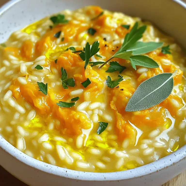 To make creamy pumpkin risotto, you will need these key ingredients: - 1 cup Arborio rice - 2 cups pumpkin puree (fresh or canned) - 4 cups vegetable broth - 1 medium onion, finely chopped - 2 cloves garlic, minced - 1/2 cup grated Parmesan cheese (or nutritional yeast for a vegan option) - 1/2 cup heavy cream (or coconut cream for a vegan option) - 2 tablespoons olive oil - 1 teaspoon dried thyme - Salt and pepper to taste - Fresh parsley or sage leaves for garnish Creamy pumpkin risotto is not just tasty; it’s also healthy. Here’s a quick look at the nutrients in a serving: - Calories: Approximately 350 - Protein: 10 grams - Carbohydrates: 50 grams - Fat: 15 grams - Fiber: 3 grams This dish offers a good balance of carbs and healthy fats, plus vitamins from the pumpkin. You can customize this risotto based on what you have at home. Here are some easy swaps: - Use brown rice instead of Arborio for a nuttier flavor. - Swap vegetable broth with chicken broth for a richer taste. - Try butternut squash puree instead of pumpkin for a different twist. - Replace heavy cream with cashew cream for a vegan option. These substitutions keep the dish delicious while catering to your diet or pantry needs. For the full recipe, check the details above. Start by gathering all your ingredients. Measure out: - 1 cup Arborio rice - 2 cups pumpkin puree - 4 cups vegetable broth - 1 medium onion, finely chopped - 2 cloves garlic, minced - 1/2 cup grated Parmesan cheese - 1/2 cup heavy cream - 2 tablespoons olive oil - 1 teaspoon dried thyme - Salt and pepper to taste - Fresh parsley or sage for garnish Keep your broth warm in a small pot. This helps the rice cook evenly. Chop your onion and garlic finely. This ensures they blend well in the dish. In a large skillet, heat the olive oil over medium heat. Add the chopped onion and cook it for about five minutes. The onion should turn soft and clear. Next, add the garlic and cook for one to two minutes. You want to smell the garlic without burning it. Then, add the Arborio rice. Stir it for two to three minutes. This step toasts the rice and adds flavor. Start adding the warm vegetable broth one ladle at a time. Stir constantly and wait until the rice absorbs most of the broth before adding more. This process takes about 18 to 20 minutes. When the risotto is creamy and the rice is al dente, add the pumpkin puree, heavy cream, and Parmesan cheese. Stir well so the cheese melts and combines with the rice. Mix in dried thyme and season with salt and pepper to taste. Once everything is mixed, remove the skillet from heat. Let the risotto rest for a minute. This helps it thicken slightly. To serve, use shallow bowls. Garnish with chopped parsley or sage for color. Drizzle some olive oil on top for extra richness. This step makes your dish look beautiful. You can find the full recipe for this delicious creamy pumpkin risotto and enjoy every bite! One mistake many make is adding too much broth at once. This can make the risotto too soggy. Always add the broth one ladle at a time. Stir constantly and wait until the rice absorbs most of the liquid before adding more. Another mistake is not stirring enough. Stirring releases starch, which makes the risotto creamy. Lastly, don’t skip the resting time after cooking. Letting it sit helps the flavors meld. To get that perfect creamy texture, use Arborio rice. Its high starch content is key. Always keep your broth warm while cooking. Cold broth can shock the rice and change the texture. Add heavy cream or coconut cream near the end for extra creaminess. Mixing in grated Parmesan cheese also helps create that rich, velvety feel. To boost the flavor, consider adding fresh herbs like thyme or sage. A pinch of nutmeg can add warmth and depth. You might also add a splash of white wine when sautéing the onion and garlic. This adds a nice acidity that balances the richness. For extra umami, try adding a touch of miso paste or nutritional yeast if you prefer a vegan option. For the full recipe, check out our detailed guide. {{image_2}} To make creamy pumpkin risotto vegan or dairy-free, swap a few key ingredients. Use nutritional yeast instead of Parmesan cheese. Choose coconut cream in place of heavy cream. These changes keep the dish rich and tasty without dairy. You still enjoy all the flavors of the original recipe. You can easily add proteins to your risotto. For chicken, cube cooked chicken breasts and stir them in before serving. Shrimp works great too. Just sauté shrimp in olive oil until they turn pink, then mix them in at the end. Both options add texture and make the dish more filling. You can change up the vegetables to suit the season. In spring, try fresh asparagus or peas for a bright touch. In summer, add zucchini or corn for sweetness. Fall brings squash varieties like butternut for more depth. Winter vegetables like kale or Brussels sprouts bring a hearty feel. Each version offers a new twist on this comforting dish. To store your creamy pumpkin risotto, let it cool first. Then, place it in an airtight container. This keeps the risotto fresh for about three days. Make sure to label it with the date. Always store it in the fridge to prevent spoilage. If you want to keep risotto longer, you can freeze it. Portion the risotto into freezer-safe bags. Squeeze out as much air as possible before sealing. It can last up to three months in the freezer. When ready to eat, thaw it in the fridge overnight. To reheat, add a splash of broth or water to the risotto. This helps to restore its creamy texture. Heat it slowly on the stove over low heat. Stir frequently to avoid sticking. You can also use a microwave, but be careful not to overcook it. Enjoy your creamy pumpkin risotto any time! For the full recipe, check out the details above. No, Arborio rice is best for risotto. It has a high starch content. This makes the dish creamy. White rice will not create the same texture. If you're in a pinch, you can use another short-grain rice. But the result won't be as creamy. This creamy pumpkin risotto is already gluten-free if you use gluten-free broth. Always check the labels. The other ingredients, like rice and pumpkin, are naturally gluten-free. So, it’s an easy swap! Creamy pumpkin risotto pairs well with many dishes. Consider serving it with roasted vegetables or a fresh salad. Grilled chicken or shrimp also make excellent companions. Adding some crusty bread can round out the meal too. Risotto stays good in the fridge for about three days. Store it in an airtight container. Make sure it cools down before you seal it. Reheat gently on the stove with a bit of broth to keep it creamy. This blog post covered how to make delicious risotto step by step. We explored key ingredients, nutritional details, and substitutions. You learned how to prepare ingredients and cook risotto for perfect creaminess. I shared tips to avoid common mistakes and enhance flavor. You also discovered variations, including vegan options and protein add-ins. Finally, we discussed storage and reheating tips. Risotto can be a fun dish to make and enjoy. Now, you'll impress friends and family with your new skills.