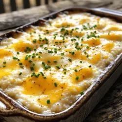 To make Baked Gouda Cheese Grits, you will need these items: - 1 cup stone-ground grits - 4 cups chicken or vegetable broth - 2 cups shredded Gouda cheese - 1 cup milk - 1/2 cup unsalted butter - 1/4 cup grated Parmesan cheese - 2 large eggs, beaten - 1 teaspoon garlic powder - 1 teaspoon onion powder - Salt and pepper to taste - Fresh chives or parsley for garnish These ingredients come together to create a rich and creamy dish. Gouda adds a smooth, smoky flavor that makes every bite special. The combination of grits and cheese is a comforting match. You can customize your dish by adding extras. Here are some great options: - Cooked bacon or sausage for a meatier taste - Sautéed mushrooms for an earthy flavor - Spinach or kale for a touch of greens - Hot sauce for a spicy kick - Chopped tomatoes for freshness These add-ins can change the dish and make it your own. Feel free to experiment based on your taste. Baked Gouda Cheese Grits work well with many dishes. Here are some pairings to try: - Roast chicken or turkey for a hearty meal - Grilled shrimp for a seafood twist - A fresh salad to balance the richness - A light soup, like tomato or vegetable, for a complete dinner These pairings enhance the meal and offer a variety of flavors. Enjoy the comfort of this dish with your favorite sides! For the complete recipe, check out the Full Recipe above. To start, gather all your ingredients. This makes cooking easier. Use stone-ground grits for the best texture. They provide a rich flavor. Measure out your broth accurately. This keeps your grits from being too thick or watery. Make sure your cheese is shredded. This helps it melt smoothly in the mix. Bring the broth to a boil in a medium saucepan. Slowly whisk in the grits. This helps avoid lumps. Lower the heat and cook for 15-20 minutes. Stir often to keep them from sticking. When thickened, add the butter. Stir until it melts completely. Then, mix in milk, eggs, garlic, and onion powders. Season with salt and pepper. Finally, fold in the Gouda cheese and half of the Parmesan. Preheat your oven to 350°F (175°C). Grease a 9x13-inch baking dish well. Pour the grits mixture into the dish, spreading it out evenly. Top it with the rest of the Parmesan cheese. Bake for 30-35 minutes. Look for a golden and bubbly top. Let it cool for a few minutes before serving. Garnish with fresh chives or parsley for a pop of color. For the full recipe, check our detailed guide! One big mistake is using quick-cooking grits instead of stone-ground grits. Quick grits turn mushy. Stone-ground grits keep a nice texture. Also, don’t skip stirring the grits while they cook. This step prevents lumps. Lastly, be careful with the salt. Taste your broth first. Some broths are saltier than others. To get creamy grits, use plenty of liquid. The mix of chicken or vegetable broth and milk helps. Always cook your grits on low heat. Slow cooking allows the grains to absorb the liquid. Stir often for a smooth texture. Adding butter at the end also adds richness and creaminess. A sturdy saucepan works best for cooking grits. Choose one with a thick bottom to avoid burning. A whisk is great for mixing. It helps break up lumps. For baking, use a 9x13-inch baking dish for even cooking. A spatula is handy for spreading the mixture evenly in the dish. For more details, refer to the Full Recipe. {{image_2}} You can change the flavor of your baked gouda cheese grits in fun ways. Try adding cooked bacon or sausage for a savory twist. You could also mix in some sautéed bell peppers or spinach for a veggie boost. For a kick, add jalapeños or a dash of hot sauce. Each of these options gives your dish a new taste and makes it unique. This dish can fit many diets. For a vegan option, swap out the butter and cheese for plant-based versions. Use almond milk or oat milk instead of regular milk. Ensure your broth is vegetable-based, too. If you're gluten-free, check that your grits are certified gluten-free. You can enjoy this dish while sticking to your dietary needs. Toppings can elevate your baked gouda cheese grits. Consider adding crispy fried onions for crunch. Fresh herbs like chives or parsley add color and flavor. For more richness, drizzle some truffle oil on top before serving. You can also sprinkle more cheese for extra gooeyness. Each topping can change how the dish looks and tastes. Feel free to explore these variations to make this recipe your own. For more details on how to prepare this dish, check out the Full Recipe. Store your baked gouda cheese grits in an airtight container. Let them cool to room temperature first. If you do this, your grits will stay fresh. Place them in the fridge for up to four days. They will still taste great, but the texture may change slightly. To reheat, scoop out the desired amount. Place it in a microwave-safe dish. Add a splash of milk for moisture. Heat in the microwave for one to two minutes. Stir halfway through to ensure even heating. You can also reheat in an oven. Preheat to 350°F (175°C) and bake in a covered dish for about 15 minutes. You can freeze baked gouda cheese grits for up to three months. Cut them into portions before freezing for easy use. Wrap each portion tightly in plastic wrap. Then place them in a freezer-safe bag. When ready to eat, thaw overnight in the fridge. Reheat using the above instructions. Enjoy your cheesy comfort food anytime! Yes, you can use different cheeses. Cheddar, mozzarella, or fontina are great options. Each cheese offers a unique taste. Mixing cheeses can also enhance flavor. Just remember, Gouda provides a creamy texture and smoky flavor. To add spice, try using pepper jack cheese. You can also add diced jalapeños or hot sauce. A teaspoon of cayenne pepper works well too. Adjust the spice level to your taste. Start small and increase it if needed. Yes, you can prepare the dish ahead. Cook the grits and mix all ingredients. Store it in the fridge for up to two days. When ready, bake it as directed. Just add a few extra minutes to the baking time. Absolutely! Use vegetable broth instead of chicken broth. Ensure your cheese is vegetarian-friendly too. Most Gouda and Parmesan cheeses are suitable. This keeps the dish rich without meat. Serve it warm as a side dish or main course. Pair with grilled meats or roasted vegetables. Garnish with fresh herbs like chives or parsley. This adds color and freshness to the dish. Leftovers can last up to four days in the fridge. Store them in an airtight container. Reheat in the oven or microwave before serving. Add a splash of milk for creaminess if needed. Yes, this dish freezes well. Cool it completely, then place it in a freezer-safe container. It can last up to three months in the freezer. Thaw overnight in the fridge before reheating. These grits pair well with fried chicken or shrimp. They also complement a fresh salad or roasted veggies. Try them with a poached egg on top for breakfast. The options are endless! For the complete recipe, check out the Full Recipe section. It will guide you step by step on how to create this delicious dish. This blog post shared a complete guide on making the perfect dish. We covered the ingredients you need, optional add-ins, and great pairings. The step-by-step instructions taught you the best techniques for preparation, cooking, and baking. I also shared tips to avoid common mistakes and to make grits extra creamy. Plus, we explored variations, storage tips, and answered common questions. Remember, practice makes perfect. Enjoy your cooking journey and impress others with your skills!