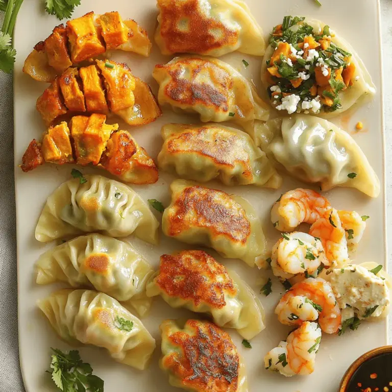- 1/2 lb ground pork - 1 cup napa cabbage, finely chopped - 2 green onions, chopped - 1 tablespoon soy sauce - 1 teaspoon ginger, grated - 1 teaspoon garlic, minced - 1 package potsticker wrappers - 1 cup mushrooms, finely chopped - 1 cup carrots, grated - 1/2 cup bell peppers, finely chopped - 1 tablespoon soy sauce - 1 teaspoon sesame oil - 1 teaspoon garlic, minced - 1/2 lb ground chicken - 1/2 cup green beans, finely chopped - 1 tablespoon sriracha - 1 tablespoon soy sauce - 1 teaspoon ginger, grated - 1/2 lb shrimp, peeled and chopped - 1/4 cup cilantro, chopped - 1 tablespoon lime juice - 1 teaspoon garlic, minced - 1 cup sweet potato, cooked and mashed - 1/4 cup feta cheese, crumbled - 1 tablespoon mint, chopped - 1 teaspoon lemon juice These ingredients are the base for making potstickers five different ways. Each recipe uses fresh and simple items. You can mix and match flavors to find your family's favorites. If you want to explore all the methods, check the Full Recipe for detailed steps. To make potstickers, start by preparing your fillings. For Classic Pork Potstickers, mix these ingredients in a bowl: - 1/2 lb ground pork - 1 cup napa cabbage, finely chopped - 2 green onions, chopped - 1 tablespoon soy sauce - 1 teaspoon ginger, grated - 1 teaspoon garlic, minced For Vegetable Delight Potstickers, use: - 1 cup mushrooms, finely chopped - 1 cup carrots, grated - 1/2 cup bell peppers, finely chopped - 1 tablespoon soy sauce - 1 teaspoon sesame oil - 1 teaspoon garlic, minced For Spicy Chicken Potstickers, combine: - 1/2 lb ground chicken - 1/2 cup green beans, finely chopped - 1 tablespoon sriracha - 1 tablespoon soy sauce - 1 teaspoon ginger, grated For Shrimp & Cilantro Potstickers, you need: - 1/2 lb shrimp, peeled and chopped - 1/4 cup cilantro, chopped - 1 tablespoon lime juice - 1 teaspoon garlic, minced Lastly, for Sweet Potato & Feta Potstickers, mix together: - 1 cup sweet potato, cooked and mashed - 1/4 cup feta cheese, crumbled - 1 tablespoon mint, chopped - 1 teaspoon lemon juice Now it's time to assemble! Take a potsticker wrapper and spoon about 1 tablespoon of filling in the center. Wet the edges of the wrapper with a little water. Fold it in half and pinch to seal, creating pleats if you like. Repeat this until you use all your filling. For cooking, heat 1 tablespoon of oil in a non-stick skillet over medium-high heat. Place your potstickers in the skillet and cook for about 2-3 minutes or until the bottoms are golden brown. Carefully add 1/4 cup of water to the skillet. Cover immediately to steam the potstickers. Lower the heat and let them steam for about 5-7 minutes until the water is gone. After that, remove the lid and let them crisp for another minute. To serve, take the potstickers out of the skillet and place them on a serving platter. They taste great hot with soy sauce, chili oil, or any dipping sauce you enjoy. For more details, check the Full Recipe. To get that perfect crisp, start with a hot skillet. Heat oil over medium-high heat until it shimmers. Place your potstickers in the pan without crowding them. Cook until the bottoms turn golden brown, about 2-3 minutes. Then, add water carefully and cover. This steams them, making them tender inside. When the water evaporates, uncover and let them fry for another minute. This double cooking method gives you that crispy texture you want. Filling potstickers can be tricky, but practice makes perfect. Use about 1 tablespoon of filling for each wrapper. Too much filling makes sealing hard. Wet the edges of the wrapper with water to help it stick. Pinch tightly to seal, and create pleats for a nice look. Make sure there are no air pockets inside. This keeps them from bursting while cooking. Dipping sauces really enhance your potstickers. I love simple soy sauce mixed with a splash of rice vinegar. For a spicy kick, add sriracha or chili oil. You can also mix soy sauce with sesame oil and chopped green onions. Sweet soy sauce pairs well with shrimp potstickers. Each dip brings out different flavors, so try a few! For more ideas, check the Full Recipe. {{image_2}} You can use many proteins for potstickers. If you want to switch things up, try these options: - Ground chicken: Use it for a leaner option. - Tofu: Crumble firm tofu for a plant-based choice. - Ground beef: Ideal for a richer flavor. - Turkey: A great low-fat alternative. Each protein adds unique flavor and texture. Mix it with your favorite veggies and seasonings for the best results. Making gluten-free potstickers is easy. Use gluten-free wrappers instead of traditional ones. You can find these in many stores. For the filling, focus on safe ingredients like: - Ground meats: Chicken, pork, or beef are all gluten-free. - Vegetables: Always a safe choice. - Gluten-free soy sauce: This keeps the taste without the gluten. Experimenting with these options can lead to delicious results! Vegetables can add color and flavor to potstickers. You can mix and match to your taste. Here are some ideas: - Mushrooms and spinach: This combo is earthy and tasty. - Carrots and zucchini: These add sweetness and crunch. - Bell peppers and corn: Bright and colorful for a fun twist. - Kale and leeks: A hearty mix that packs a punch. Combine any of these veggies with seasonings like garlic or soy sauce for a flavorful filling. Enjoy the creativity in your cooking! For more detailed steps, check out the Full Recipe. To store uncooked potstickers, place them on a baking sheet lined with parchment paper. Make sure they do not touch each other. Cover the sheet with plastic wrap and put it in the fridge. They will stay fresh for about 24 hours. If you want to keep them longer, freeze them. Once frozen, transfer them to a freezer bag. They can last up to three months in the freezer. Cooked potstickers can be stored in an airtight container. Allow them to cool completely before sealing. They can stay in the fridge for up to three days. If you want to keep them longer, you can freeze them as well. Just make sure to place a piece of parchment paper between layers to avoid sticking. To reheat cooked potstickers, use a non-stick skillet. Add a small amount of oil and heat over medium. Place the potstickers in the pan and add a splash of water. Cover the pan to steam and heat them through. This method keeps them crispy. You can also microwave them for a quick option. Place them on a microwave-safe plate, cover with a damp paper towel, and heat in short bursts until warm. Enjoy your potstickers with your favorite dipping sauce! For the full recipe, refer to the [Full Recipe]. Potstickers are made of a thin wrapper filled with tasty ingredients. Common fillings include ground meats, vegetables, and herbs. You can find many types of potstickers, such as pork, chicken, shrimp, or vegetable blends. The wrappers are usually made from flour and water, giving them a chewy texture. To make potstickers from scratch, follow these easy steps: 1. Make the dough: Mix flour and water until the dough forms. Knead it for a few minutes. 2. Roll out the dough: Divide the dough into small pieces and roll each into thin circles. 3. Prepare the filling: You can use any filling you like. For example, mix ground pork, chopped cabbage, soy sauce, and ginger. 4. Fill the wrappers: Spoon a small amount of the filling onto each wrapper. Wet the edges, fold, and seal them well. 5. Cook: Heat oil in a pan, place the potstickers, and fry until golden. Then, add water, cover, and steam until cooked. This method gives you fresh, homemade potstickers that taste amazing. Check out the Full Recipe for more details. Yes, you can freeze potstickers. To freeze, place uncooked potstickers on a baking sheet, ensuring they don’t touch. Freeze them for about an hour, then transfer them to a freezer bag. They can last up to three months in the freezer. When ready to cook, you can cook them straight from frozen; just add a few extra minutes to the cooking time. The main difference lies in their cooking methods. Potstickers are usually pan-fried first, then steamed. This gives them a crispy bottom and a soft top. Dumplings, on the other hand, can be boiled or steamed without frying. The flavors and fillings may be similar, but the texture is what sets them apart. We explored various potsticker recipes, from classic pork to sweet potato and feta. You learned how to prepare fillings, assemble, and cook them perfectly. I shared tips for crispy results and tasty dips too. Experiment with different proteins and veggies for fun variations. Proper storage and reheating will keep your potstickers fresh. Enjoy making these tasty bites at home. Try out your favorite recipe and share your success!