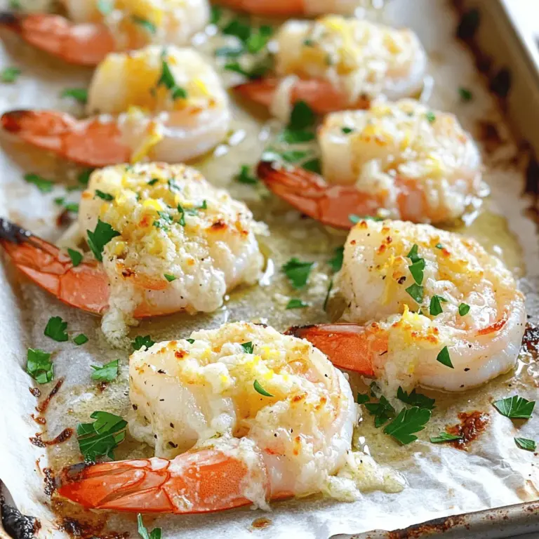 To make Garlic Parmesan Roasted Shrimp, gather these key ingredients: - 1 pound large shrimp, peeled and deveined - 4 tablespoons olive oil - 6 cloves garlic, minced - 1 teaspoon smoked paprika - Salt and pepper to taste - 1 cup grated Parmesan cheese - 2 tablespoons fresh parsley, chopped - 1 lemon, zested and juiced These ingredients work together to create a dish full of flavor. The shrimp becomes juicy, and the garlic adds a great punch. The Parmesan cheese melts and forms a golden crust, making every bite delightful. You can add a few optional ingredients for extra taste: - 1 teaspoon red pepper flakes (for heat) - Lemon slices (for garnish) Red pepper flakes can give your dish a nice kick. Lemon slices on top add a fresh burst when serving. These add-ons can make your dish even more special. If you don’t have some ingredients, here are easy swaps: - Use butter instead of olive oil for a richer taste. - Try other cheeses like Asiago or Pecorino if you lack Parmesan. - Use shrimp alternatives like scallops or fish if needed. These substitutions keep the essence of the dish while allowing you to work with what you have. Don't hesitate to experiment! For the full recipe, check the instructions above. Start with one pound of large shrimp. Make sure they are peeled and deveined. Rinse the shrimp under cold water and pat them dry with paper towels. This step helps the shrimp get a nice texture when cooked. Dry shrimp will soak up the flavors better. In a large bowl, add four tablespoons of olive oil. Next, toss in six cloves of minced garlic. If you like some heat, add one teaspoon of red pepper flakes. For a smoky flavor, include one teaspoon of smoked paprika. Season with salt and pepper to taste. Now, whisk everything together until it blends well. Once the mixture is ready, add the shrimp to the bowl. Toss them gently to coat each shrimp well with the garlic and oil mix. Preheat your oven to 400°F (200°C). Line a baking sheet with parchment paper. This makes for easy cleanup later. Spread the shrimp in a single layer on the baking sheet. Next, sprinkle one cup of grated Parmesan cheese over the shrimp. Don’t hold back; this cheese adds great flavor! Zest one lemon and sprinkle that over the shrimp too. Then, drizzle some lemon juice on top for an extra zing. Roast the shrimp in the oven for 8 to 10 minutes. They should turn pink and opaque, while the cheese gets bubbly and golden. Once done, take them out and sprinkle fresh parsley on top before serving. For the full recipe, check out the details above. When picking shrimp, always look for fresh, firm, and pink ones. The size matters too. Large shrimp work best since they hold up well during roasting. If you buy frozen shrimp, choose ones that are flash-frozen. This keeps them fresh longer. Check for any off smells. If they smell fishy, skip them. One common mistake is not thawing shrimp properly. Thaw them in the fridge overnight or under cold water. Do not use hot water. Another mistake is overcrowding the baking sheet. This leads to uneven cooking. Always spread the shrimp out in one layer. Lastly, don’t skip the lemon juice. It brightens up the flavors. To get that perfect roast, preheat your oven well. A hot oven helps the shrimp cook evenly. Keep an eye on the shrimp. They only need about 8-10 minutes to cook. Overcooking makes them rubbery. When they turn pink and opaque, they are done. For extra flavor, add fresh herbs right before serving. For the full recipe, check out the detailed steps mentioned. {{image_2}} To make your dish spicy, add more red pepper flakes. You can also use a spicy sauce. Hot sauce or chili oil works well. This adds a nice kick that pairs well with the garlic and cheese. Just remember to adjust the amount based on your spice level. Enjoy the heat! For a fresh twist, mix in lemon zest and herbs. Try parsley, basil, or even dill. The herbs brighten the dish and enhance the garlic flavor. You can add lemon juice for more zing. This variation is perfect for a summer meal. It brings a refreshing taste that's hard to resist. To keep this dish low-carb, use less Parmesan cheese. You can also skip the breading if you prefer. Pair it with veggies like zucchini or asparagus instead of pasta. This keeps the meal light and healthy. You can enjoy all the flavors without the extra carbs. Savor the taste while staying on track! For the full recipe, check out the detailed steps provided above. To keep your Garlic Parmesan Roasted Shrimp fresh, store it in an airtight container. Make sure the shrimp cool down before you seal the lid. This helps prevent moisture buildup. Place the container in the fridge. Leftovers stay good for up to three days. Avoid storing them in the same container with other strong-smelling foods. Doing so can change their flavor. When you’re ready to enjoy leftovers, reheating is key. The best way to reheat shrimp is in the oven. Preheat your oven to 350°F (175°C). Place the shrimp on a baking sheet. Heat for about 5-7 minutes or until warm. This keeps the shrimp juicy and the cheese nice and melty. You can also use the microwave but do so with caution. Heat in short bursts of 30 seconds to avoid overcooking. If you want to store the shrimp for longer, freezing works well. First, let the shrimp cool completely. Then, place them in a freezer-safe bag. Remove as much air as possible before sealing. You can freeze them for up to three months. When you’re ready to eat, thaw the shrimp overnight in the fridge. Reheat them in the oven for the best taste. For the full recipe, check out the earlier section. Use large shrimp for this recipe. They have a great texture and cook evenly. Look for shrimp that are fresh, firm, and have a mild ocean scent. You can also use frozen shrimp. Just make sure to thaw them completely before cooking. Yes, you can prepare Garlic Parmesan Roasted Shrimp in advance. Mix the shrimp with the garlic and oil, then cover and chill in the fridge. It’s best to cook them right before serving, but they can last a day in the fridge. Just remember to bring them back to room temperature before cooking. Shrimp are fully cooked when they turn pink and opaque. This usually takes about 8-10 minutes in the oven. You can also check the internal temperature, which should reach 120°F (49°C). Overcooked shrimp can become tough, so watch them closely while roasting. For the full recipe, check out the details above. This recipe for garlic parmesan roasted shrimp offers simple steps and tasty options. You learned about essential ingredients, preparation, and baking tips. Don’t forget the variations to keep it exciting. Remember to store leftovers properly and reheat for best flavor. Enjoy making this dish and share it with friends. With these tips, you can create a meal everyone loves and feels proud to serve. Happy cooking!