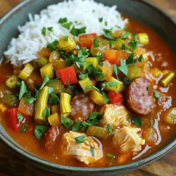 - 1 lb chicken thighs, boneless and skinless, chopped - 1 lb smoked sausage (andouille or kielbasa), sliced - 1 large onion, diced - 1 red bell pepper, diced - 2 celery stalks, diced - 3 cloves garlic, minced - 2 tablespoons Cajun seasoning - 1 teaspoon dried thyme - 2 bay leaves - 6 cups chicken broth - 2 cups okra, sliced (fresh or frozen) - 1/4 cup vegetable oil - 1/4 cup all-purpose flour - Garnishes: 2 green onions, chopped; fresh parsley, chopped; cooked white rice Gathering the right ingredients is key for a great gumbo. Chicken thighs give a rich flavor. Using smoked sausage, such as andouille, adds depth and heat. The veggies form the holy trinity of Cajun cooking: onions, bell peppers, and celery. They create a solid base for the dish. Seasonings play a vital role. Cajun seasoning brings the heat and zest. Dried thyme and bay leaves add earthiness that rounds out the flavors. You will need chicken broth for a hearty base and okra for a unique texture. The roux, made from oil and flour, gives the gumbo its signature thickness and rich color. Finally, don’t forget the garnishes. Fresh green onions and parsley add brightness. Serving over cooked white rice makes it a complete, comforting meal. For the full recipe, be sure to check the details. - Heat vegetable oil in a pot over medium heat. - Whisk in flour until it turns brown and smooth. This should take about 15 to 20 minutes. Watch closely to avoid burning it. The roux should look like dark chocolate. - Sauté the holy trinity: onion, bell pepper, and celery in the roux. Cook for about 5 minutes until softened. - Stir in minced garlic and cook for one more minute until it smells great. - Add chopped chicken and sliced sausage to the pot. Mix well to combine. - Pour in chicken broth and stir well. Add okra, Cajun seasoning, thyme, bay leaves, salt, and pepper. Bring everything to a boil. - Reduce heat and let it simmer uncovered for 45 minutes. Stir occasionally. - Taste the gumbo and adjust seasoning if needed. Be sure to remove bay leaves before serving it hot over cooked white rice. For a detailed cooking guide, see the Full Recipe. Creating a roux is key for great gumbo. You want it to be dark brown, like chocolate. This color adds rich flavor. Stir the flour and oil constantly. If it burns, start over. A common mistake is rushing the process. Patience is key. It usually takes about 15 to 20 minutes. If you see specks in the roux, it may be too hot. Lower the heat and keep stirring until it's perfect. Plating your gumbo right can enhance the meal. Serve it in shallow bowls. Place a mound of rice in the center. This adds a nice touch. Garnish with chopped green onions and parsley for color. You can also sprinkle a bit of extra Cajun seasoning on top. For sides, consider cornbread or a simple green salad. These pair well and balance the flavors. To store gumbo, let it cool completely. Place it in an airtight container. It lasts up to four days in the fridge. For longer storage, freeze it in portions. When reheating, use a pot on low heat. Stir often to keep it from sticking. You can also add a splash of broth if it thickens too much. This keeps the flavor fresh. Enjoy your delicious gumbo again and again! {{image_2}} You can switch the chicken for shrimp or even beef. Shrimp adds a sweet, tender bite that pairs well with the spices. If you want to try beef, use a chuck roast for a rich flavor. For a vegetarian version, skip the meat altogether. Use hearty mushrooms or jackfruit for texture. Adding beans can boost protein and flavor. You can also keep the classic flavors with vegetable broth and the same spices. Adjust the heat to match your taste. If you like it hotter, add more Cajun seasoning or a dash of hot sauce. You can also mix in diced jalapeños for a fresh kick. If you prefer milder gumbo, reduce the seasoning. Adding more vegetables can soften the spice. Carrots or bell peppers can sweeten the dish and balance the heat. Gumbo shows off many regional flavors. In New Orleans, you might find a seafood gumbo with shrimp, crab, or fish. This adds a briny taste that brings the ocean to your bowl. Creole cooking also influences gumbo. Creole gumbo often uses tomatoes, which give a different flavor base. Explore these twists to find your favorite version. For the full recipe, check out the details provided earlier. To store gumbo, let it cool first. Pour it into an airtight container. This keeps moisture in and odors out. Place the container in your fridge. Gumbo stays fresh for about 3 to 4 days. If you want the best taste, eat it sooner rather than later. You can freeze gumbo to enjoy later. Use a freezer-safe container or heavy-duty freezer bags. Leave some space at the top, as the gumbo will expand. It’s best to freeze it within 2 hours of cooking. To thaw, move it to the fridge overnight. For reheating, heat it on the stove over low heat. Stir often to keep it from sticking. You can also use the microwave, but stir it every minute for even heating. Gumbo can last about 3 to 4 days in the fridge. In the freezer, it can last up to 6 months. Look for signs of spoilage, like an off smell or mold. If it looks or smells strange, it’s best to toss it. This ensures you enjoy your gumbo safely. Enjoy the full recipe to make this flavorful dish! Cajun gumbo comes from Louisiana. It blends French, Spanish, and African flavors. The dish has roots in the 18th century. It started as a stew made by Cajun settlers. They cooked with local ingredients and spices. Gumbo became a popular food for gatherings. People enjoy it at festivals and family events. It represents Cajun culture and its rich history. Yes, you can use other meats in gumbo. Instead of chicken, try shrimp or duck. You can also use turkey or pork. If you want a meatless option, use mushrooms. They give a nice umami flavor. Adjust the cooking time based on the meat you choose. Each meat adds its unique taste to the dish. To thicken your gumbo, cook it longer to reduce the liquid. You can also add more okra or a cornstarch slurry. If it's too thick, add more broth or water. Stir well to combine. Keep adjusting until you reach your desired consistency. Remember, the perfect gumbo should coat the back of a spoon. Absolutely! Gumbo tastes even better the next day. To prepare ahead, cook it fully and let it cool. Store it in the fridge for up to three days. When you reheat, do it slowly on low heat. This keeps the flavors and texture intact. Just remember to remove the bay leaves before serving. Serve your gumbo with cooked white rice. It helps soak up the rich broth. You can also add crusty bread for dipping. A fresh green salad pairs well for balance. For drinks, consider sweet tea or a cold beer. These sides enhance the meal and make it more enjoyable. For the full recipe, check out the detailed instructions to create this delightful dish. In summary, we explored the key ingredients and steps to make Cajun Chicken and Sausage Gumbo. You learned about perfecting the roux, seasoning, and serving tips. Always remember to adjust flavors to suit your taste. This dish embraces many variations, so feel free to experiment. Proper storage ensures your gumbo remains fresh. Get creative with ingredients and enjoy this hearty meal with family and friends. Make gumbo an exciting part of your cooking adventures!