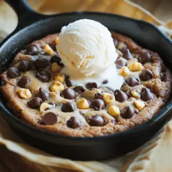 To make the Chocolate Chip Cookie Skillet, gather these simple ingredients: - 1 cup unsalted butter, softened - 1 cup brown sugar, packed - 1/2 cup granulated sugar - 2 large eggs - 2 teaspoons vanilla extract - 2 1/4 cups all-purpose flour - 1 teaspoon baking soda - 1/2 teaspoon salt - 1 cup chocolate chips (semi-sweet or milk chocolate) - 1/2 cup chopped nuts (optional, like walnuts or pecans) - Vanilla ice cream for serving (optional) You can add some optional ingredients to make your cookie skillet even better. Here are a few: - Chopped nuts for crunch - Sea salt for a sweet and salty combo - Peanut butter chips for extra flavor If you need to swap some ingredients, here are a few easy ideas: - Use coconut oil instead of butter for a dairy-free option. - Substitute brown sugar with coconut sugar for a different taste. - For a gluten-free version, try almond flour or gluten-free all-purpose flour. - You can replace eggs with flaxseed meal mixed with water for a vegan choice. These options give you room to make the recipe your own. You can find the Full Recipe linked for easy reference. Each choice still leads to a delicious cookie skillet that everyone will love! First, set your oven to 350°F (175°C). This step ensures your cookie bakes evenly. A hot oven helps create a crispy top and a soft center. In a large bowl, blend the softened butter, brown sugar, and granulated sugar. Use an electric mixer to whip these until they are light and fluffy. This process takes about 2-3 minutes. Next, add the eggs one at a time. Mix well after each egg. Finally, stir in the vanilla extract, which adds great flavor. Take another bowl and whisk together the all-purpose flour, baking soda, and salt. This mix is crucial. It makes sure the cookie rises well. Gradually add this dry mix to the wet ingredients. Stir just until combined. Be careful not to overmix. You want a soft dough. Grab a large cast-iron skillet or any oven-safe skillet. Coat it lightly with butter or cooking spray. This step keeps the cookie from sticking. Pour the cookie dough into the skillet. Use a spatula to spread it evenly across the bottom. Place your skillet in the oven. Bake for 25-30 minutes. Look for a golden brown top and slightly crispy edges. The center should feel soft but not raw. If you see that, it’s perfect! After baking, take it out and let it cool for about 10 minutes. This cooling time helps the cookie set. For a special treat, serve it warm with a scoop of vanilla ice cream. It melts beautifully over the hot cookie. Enjoy this chocolate chip cookie skillet with friends and family! For the full recipe, check out the above section. To get that soft, gooey center, do not overmix the dough. Mix until just combined. This keeps your cookie chewy. Pull it out of the oven when the edges are golden, and the center looks a bit soft. It will continue to cook as it cools. One common mistake is using cold butter. Always use softened butter for the best results. Another mistake is overbaking. Keep an eye on the cookie as it bakes. If you leave it in too long, it will be dry. Lastly, don’t skip the salt. It balances the sweetness. For a delicious treat, serve warm from the skillet. Top it with vanilla ice cream for extra sweetness. Ice cream melts into the cookie, making each bite a dream. You can also add chocolate sauce or caramel for more flavor. Enjoy it straight from the skillet for a fun vibe. To see the full recipe, check out the Chocolate Chip Cookie Skillet section above. {{image_2}} You can change the type of chocolate in your skillet. Use semi-sweet, milk, or dark chocolate chips. Each type gives a unique taste. You can also mix different kinds. Try adding white chocolate for a fun twist. The chocolate melts nicely and creates gooey pockets in your cookie. Adding nuts like walnuts or pecans gives a nice crunch. You can also toss in dried fruits. Chopped cherries or cranberries add a sweet and tart flavor. If you like coconut, sprinkle some shredded coconut on top too. Each add-in makes the cookie more exciting and full of flavor. If you need a gluten-free option, use a gluten-free flour mix. This will still give you great texture. For a vegan version, replace eggs with flaxseed meal or applesauce. Use vegan butter and dairy-free chocolate chips. These changes keep the taste while fitting your dietary needs. Check out the Full Recipe for more details! To keep your chocolate chip cookie skillet fresh, let it cool first. Use plastic wrap or foil to cover the skillet tightly. You can also transfer the cookies to an airtight container. Store it at room temperature for up to three days. If you want to keep it longer, refrigerate it for up to a week. When you’re ready to enjoy your cookie skillet again, preheat your oven to 350°F (175°C). Place the skillet in the oven for about 10 minutes. This will help warm it up and restore its soft texture. If you prefer, you can microwave a slice for about 20-30 seconds. Just make sure to check it to avoid overheating. If you want to save some for later, freezing is a great choice. Wrap the cooled skillet tightly in plastic wrap or foil. Then, place it inside a freezer-safe bag. It can last for up to three months in the freezer. When you want to eat it, let it thaw in the fridge overnight before reheating. Enjoy every bite of this delicious treat! For the full recipe, check above. Yes, you can prepare the cookie dough ahead of time. Store it in the fridge for up to 24 hours. Just remember to let it come to room temperature before baking. You can tell it's done when the top is golden brown. The edges should be crispy, while the center remains soft. A toothpick inserted should come out with a few moist crumbs. Absolutely! You can use any oven-safe skillet. Just make sure it’s large enough to hold the dough. Cast iron gives the best results, but non-stick works too. If the center is undercooked, return the skillet to the oven. Bake for an additional 5 to 10 minutes. Keep an eye on it to avoid overcooking the edges. Yes, you can double the recipe! Just use a larger skillet and increase the baking time by a few minutes. Keep checking for that golden top. I love serving it warm with a scoop of vanilla ice cream. You can also add whipped cream or fresh berries for extra flavor. Enjoy every bite! For the full recipe, visit the recipe section above. This blog post covered all you need for a tasty chocolate chip cookie skillet. We talked about ingredients, how to mix and bake, and even tips for great texture. You learned about fun variations and storage options to keep leftovers fresh. Remember, cooking is all about trying new things. So, enjoy this treat and share it with others. Happy baking!