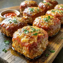 - 1 pound ground chicken - 1 cup breadcrumbs - 1/2 cup grated Parmesan cheese - 2 cloves garlic, minced - 1/4 cup fresh parsley, chopped - 1/4 cup milk - 1 egg - 1 teaspoon onion powder - 1 teaspoon Italian seasoning - Salt and pepper, to taste - 2 tablespoons olive oil - 1/2 cup marinara sauce (for serving) The main ingredient here is ground chicken. It gives us a light and juicy meatloaf. Breadcrumbs help bind everything together and add texture. Parmesan cheese brings a nice salty flavor. Garlic adds depth and a bit of kick. Fresh parsley brightens the dish and adds color. Milk keeps the meatloaves moist. An egg helps to hold the mixture together. Onion powder and Italian seasoning enhance the overall taste. Salt and pepper, of course, are essential for seasoning. Lastly, olive oil adds richness, and marinara sauce is perfect for serving. - Alternative meats: You can swap ground chicken for turkey or lean beef. - Gluten-free breadcrumbs: Use crushed gluten-free crackers or oats if needed. - Vegan cheese options: Try nutritional yeast or a vegan cheese to replace Parmesan. These substitutions let you customize the recipe to fit your needs. If you want more flavor, consider mixing in chopped vegetables. They can add both taste and nutrients. - Mixing bowls: Essential for combining ingredients. - Baking sheet: Needed for roasting the meatloaves. - Measuring cups and spoons: Critical for getting the right amounts. Having the right tools makes cooking easier. I always keep my kitchen well-stocked with these basics. It helps me focus on creating delicious dishes like Garlic Parmesan Chicken Meatloaves. For the complete recipe, check the [Full Recipe]. First, you need to set your oven to 375°F (190°C). This temperature ensures even cooking. Next, line your baking sheet with parchment paper. This helps prevent sticking and makes cleanup easy. In a large mixing bowl, combine the following ingredients: - 1 pound ground chicken - 1 cup breadcrumbs - 1/2 cup grated Parmesan cheese - 2 cloves garlic, minced - 1/4 cup fresh parsley, chopped - 1/4 cup milk - 1 egg - 1 teaspoon onion powder - 1 teaspoon Italian seasoning - Salt and pepper, to taste Mix all the ingredients together until they blend well. Be careful not to overmix. Overmixing can make your meatloaves tough and chewy. You want a nice, soft texture. Now, divide the mixture into six equal parts. Shape each part into a small loaf. Place them on your lined baking sheet. To keep your meatloaves moist, drizzle olive oil over the top. This step also helps them brown nicely. Finally, bake them in your preheated oven for about 25-30 minutes. They should reach an internal temperature of 165°F (74°C). Enjoy the great aroma as they cook! To make your Garlic Parmesan Chicken Meatloaves truly shine, use fresh herbs. Fresh parsley adds bright flavor and color. Dried herbs work, but fresh gives a better taste. You can also try basil or thyme for added depth. Resting your meatloaves is just as important. After baking, let them sit for five minutes. This helps keep them juicy. If you skip this step, your meatloaves may fall apart. To check if your meatloaves are done, use a meat thermometer. Insert it in the center; it should read 165°F (74°C). This ensures they are safe to eat. If you undercook them, they can be unsafe. If you overcook them, they may dry out. Avoid dry meatloaves by not overmixing the meat mixture. This keeps them tender. Also, drizzle olive oil on top before baking. This adds moisture and helps with browning. For a beautiful presentation, garnish with fresh parsley. This adds color and freshness to your dish. You can also sprinkle some extra Parmesan on top for a cheesy touch. Serve your meatloaves on a rustic wooden board. This gives a warm, inviting feel. Pair with steamed green vegetables for a complete meal. You can also offer warm marinara sauce on the side for dipping. {{image_2}} You can easily boost the flavor of your Garlic Parmesan Chicken Meatloaves. Adding spices like paprika or cayenne pepper gives them a nice kick. A few drops of hot sauce can also bring heat. If you love cheese, try folding in shredded mozzarella or cheddar. The melted cheese adds a creamy texture and rich taste. You have options when shaping your meatloaves. You can make mini loaves for fun, bite-sized servings. These cook faster and are great for kids. If you want something different, use a muffin tin. Each cup creates a perfectly shaped meatloaf. Plus, they look cute on the plate! If you're watching carbs, there are ways to adapt this recipe. Use almond flour instead of breadcrumbs for a keto-friendly option. You can also skip the bread entirely and add more veggies. For a low-carb twist, grated zucchini or mushrooms can replace some meat. These changes keep the meat moist and add extra flavor. You can find the full recipe to explore these ideas and more! To keep your Garlic Parmesan Chicken Meatloaves fresh, store them properly. Let them cool first. Place them in an airtight container. They can stay in the fridge for up to three days. If you want to save them longer, freezing is the way to go. Wrap each meatloaf tightly in plastic wrap. Then, place them in a freezer-safe bag. They can last for up to three months in the freezer. When it's time to enjoy your leftovers, reheating is key. The best method is to use the oven. Preheat it to 350°F (175°C). Place the meatloaves on a baking sheet. Cover them with foil to keep them moist. Heat for about 15 to 20 minutes. You can also use the microwave for quick reheating. Place a meatloaf on a microwave-safe plate. Add a splash of water to help keep it juicy. Heat it for one to two minutes. Check to see if it's warm all the way through. Preparing in advance can save you time. You can mix the ingredients and shape the meatloaves a day ahead. Just cover and refrigerate them until you're ready to bake. For quick meals, freeze individual portions. Thaw them overnight in the fridge before cooking. This way, you can enjoy a tasty meal in no time. Check the [Full Recipe] for all the details you need! Bake the meatloaves for 25 to 30 minutes. This time will help them cook through. Check for doneness with a meat thermometer. The center should reach 165°F (74°C). Yes! You can add different herbs or spices. Try adding cheese or chopped veggies for more flavor. These meatloaves pair well with sides like mashed potatoes, green beans, or a fresh salad. To make it gluten-free, use gluten-free breadcrumbs. This swap keeps the meatloaves tasty and safe. For the full recipe, be sure to refer back to the main section! This blog post covered how to make Garlic Parmesan Chicken Meatloaves from start to finish. We explored key ingredients, helpful tools, and tips for great flavor. Remember to customize your recipe to suit your taste and dietary needs. Don’t forget to store any leftovers properly for future meals. With simple steps, you can serve a delicious dish. Enjoy cooking, and here's to many tasty meatloaf dinners ahead!