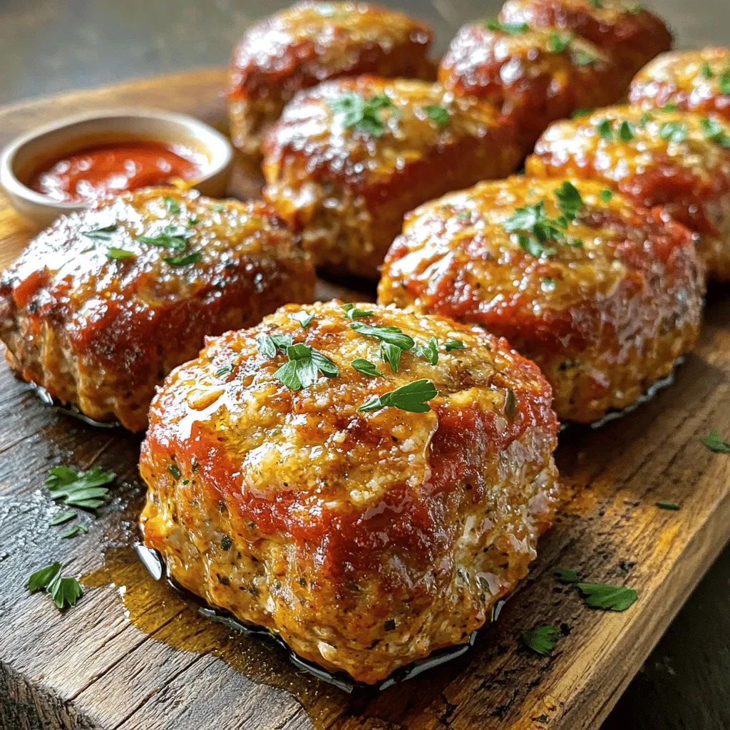 - 1 pound ground chicken - 1 cup breadcrumbs - 1/2 cup grated Parmesan cheese - 2 cloves garlic, minced - 1/4 cup fresh parsley, chopped - 1/4 cup milk - 1 egg - 1 teaspoon onion powder - 1 teaspoon Italian seasoning - Salt and pepper, to taste - 2 tablespoons olive oil - 1/2 cup marinara sauce (for serving) The main ingredient here is ground chicken. It gives us a light and juicy meatloaf. Breadcrumbs help bind everything together and add texture. Parmesan cheese brings a nice salty flavor. Garlic adds depth and a bit of kick. Fresh parsley brightens the dish and adds color. Milk keeps the meatloaves moist. An egg helps to hold the mixture together. Onion powder and Italian seasoning enhance the overall taste. Salt and pepper, of course, are essential for seasoning. Lastly, olive oil adds richness, and marinara sauce is perfect for serving. - Alternative meats: You can swap ground chicken for turkey or lean beef. - Gluten-free breadcrumbs: Use crushed gluten-free crackers or oats if needed. - Vegan cheese options: Try nutritional yeast or a vegan cheese to replace Parmesan. These substitutions let you customize the recipe to fit your needs. If you want more flavor, consider mixing in chopped vegetables. They can add both taste and nutrients. - Mixing bowls: Essential for combining ingredients. - Baking sheet: Needed for roasting the meatloaves. - Measuring cups and spoons: Critical for getting the right amounts. Having the right tools makes cooking easier. I always keep my kitchen well-stocked with these basics. It helps me focus on creating delicious dishes like Garlic Parmesan Chicken Meatloaves. For the complete recipe, check the [Full Recipe]. First, you need to set your oven to 375°F (190°C). This temperature ensures even cooking. Next, line your baking sheet with parchment paper. This helps prevent sticking and makes cleanup easy. In a large mixing bowl, combine the following ingredients: - 1 pound ground chicken - 1 cup breadcrumbs - 1/2 cup grated Parmesan cheese - 2 cloves garlic, minced - 1/4 cup fresh parsley, chopped - 1/4 cup milk - 1 egg - 1 teaspoon onion powder - 1 teaspoon Italian seasoning - Salt and pepper, to taste Mix all the ingredients together until they blend well. Be careful not to overmix. Overmixing can make your meatloaves tough and chewy. You want a nice, soft texture. Now, divide the mixture into six equal parts. Shape each part into a small loaf. Place them on your lined baking sheet. To keep your meatloaves moist, drizzle olive oil over the top. This step also helps them brown nicely. Finally, bake them in your preheated oven for about 25-30 minutes. They should reach an internal temperature of 165°F (74°C). Enjoy the great aroma as they cook! To make your Garlic Parmesan Chicken Meatloaves truly shine, use fresh herbs. Fresh parsley adds bright flavor and color. Dried herbs work, but fresh gives a better taste. You can also try basil or thyme for added depth. Resting your meatloaves is just as important. After baking, let them sit for five minutes. This helps keep them juicy. If you skip this step, your meatloaves may fall apart. To check if your meatloaves are done, use a meat thermometer. Insert it in the center; it should read 165°F (74°C). This ensures they are safe to eat. If you undercook them, they can be unsafe. If you overcook them, they may dry out. Avoid dry meatloaves by not overmixing the meat mixture. This keeps them tender. Also, drizzle olive oil on top before baking. This adds moisture and helps with browning. For a beautiful presentation, garnish with fresh parsley. This adds color and freshness to your dish. You can also sprinkle some extra Parmesan on top for a cheesy touch. Serve your meatloaves on a rustic wooden board. This gives a warm, inviting feel. Pair with steamed green vegetables for a complete meal. You can also offer warm marinara sauce on the side for dipping. {{image_2}} You can easily boost the flavor of your Garlic Parmesan Chicken Meatloaves. Adding spices like paprika or cayenne pepper gives them a nice kick. A few drops of hot sauce can also bring heat. If you love cheese, try folding in shredded mozzarella or cheddar. The melted cheese adds a creamy texture and rich taste. You have options when shaping your meatloaves. You can make mini loaves for fun, bite-sized servings. These cook faster and are great for kids. If you want something different, use a muffin tin. Each cup creates a perfectly shaped meatloaf. Plus, they look cute on the plate! If you're watching carbs, there are ways to adapt this recipe. Use almond flour instead of breadcrumbs for a keto-friendly option. You can also skip the bread entirely and add more veggies. For a low-carb twist, grated zucchini or mushrooms can replace some meat. These changes keep the meat moist and add extra flavor. You can find the full recipe to explore these ideas and more! To keep your Garlic Parmesan Chicken Meatloaves fresh, store them properly. Let them cool first. Place them in an airtight container. They can stay in the fridge for up to three days. If you want to save them longer, freezing is the way to go. Wrap each meatloaf tightly in plastic wrap. Then, place them in a freezer-safe bag. They can last for up to three months in the freezer. When it's time to enjoy your leftovers, reheating is key. The best method is to use the oven. Preheat it to 350°F (175°C). Place the meatloaves on a baking sheet. Cover them with foil to keep them moist. Heat for about 15 to 20 minutes. You can also use the microwave for quick reheating. Place a meatloaf on a microwave-safe plate. Add a splash of water to help keep it juicy. Heat it for one to two minutes. Check to see if it's warm all the way through. Preparing in advance can save you time. You can mix the ingredients and shape the meatloaves a day ahead. Just cover and refrigerate them until you're ready to bake. For quick meals, freeze individual portions. Thaw them overnight in the fridge before cooking. This way, you can enjoy a tasty meal in no time. Check the [Full Recipe] for all the details you need! Bake the meatloaves for 25 to 30 minutes. This time will help them cook through. Check for doneness with a meat thermometer. The center should reach 165°F (74°C). Yes! You can add different herbs or spices. Try adding cheese or chopped veggies for more flavor. These meatloaves pair well with sides like mashed potatoes, green beans, or a fresh salad. To make it gluten-free, use gluten-free breadcrumbs. This swap keeps the meatloaves tasty and safe. For the full recipe, be sure to refer back to the main section! This blog post covered how to make Garlic Parmesan Chicken Meatloaves from start to finish. We explored key ingredients, helpful tools, and tips for great flavor. Remember to customize your recipe to suit your taste and dietary needs. Don’t forget to store any leftovers properly for future meals. With simple steps, you can serve a delicious dish. Enjoy cooking, and here's to many tasty meatloaf dinners ahead!