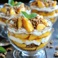 For this Peach Cobbler Cheesecake Salad, you need: - 2 ripe peaches, diced - 1 cup cream cheese, softened - 1/2 cup powdered sugar - 1 teaspoon vanilla extract - 1 cup whipped topping (or whipped cream) - 1 cup granola - 1 teaspoon cinnamon - 1/2 teaspoon nutmeg - Fresh mint leaves for garnish (optional) These ingredients come together to create a delightful mix of flavors and textures. The ripe peaches bring sweetness, while the cream cheese adds creaminess. The whipped topping gives it a fluffy feel, and granola adds a nice crunch. When measuring, it's important to be precise: - Use 2 cups for the diced peaches. - Measure 1 cup for cream cheese and whipped topping. - Use 1/2 cup for powdered sugar. - One teaspoon is great for vanilla and cinnamon. - Use 1/2 teaspoon for nutmeg. These measurements help ensure that every bite is balanced and delicious. You can add some fun extras to your salad: - Fresh mint leaves for a cool touch. - Extra toppings like honey, chocolate shavings, or even nuts. These add-ins can enhance your salad, making it more colorful and flavorful. You can find the full recipe to guide you through the process of mixing these ingredients into a beautiful dish. - Mixing Cream Cheese and Sugar Start by taking a medium bowl. Add 1 cup of softened cream cheese. Then, mix in 1/2 cup of powdered sugar. Use a hand mixer or a whisk. Blend until it becomes smooth and creamy. - Folding in the Whipped Topping Now, take 1 cup of whipped topping and gently fold it into the cream cheese mix. Use a spatula for this. Be careful not to deflate the mixture. You want it light and fluffy. This makes your cheesecake base rich and delightful. - Dicing Peaches and Adding Spices Grab 2 ripe peaches and dice them into small pieces. In another bowl, mix the peaches with 1 teaspoon of cinnamon and 1/2 teaspoon of nutmeg. This will add a warm, sweet flavor that pairs perfectly with the peaches. - Mixing for Flavor Enhancement Stir the diced peaches to coat them well with spices. This step brings out the best flavor in the peaches. It is important for the overall taste of the salad. - Constructing Layers in a Salad Bowl Take a large salad bowl to start layering. Begin with a layer of the peach mixture. Follow this with a layer of the cheesecake mixture. Repeat these layers until you use all the ingredients. Make sure to end with the cheesecake layer on top. - Finishing Touches To finish, sprinkle 1 cup of granola on top. This adds a nice crunch. If you like, add fresh mint leaves for garnish. They bring color and a fresh taste. For more flavor, drizzle a little honey on top before serving. For the full recipe, refer to the main section. Enjoy every bite of this Peach Cobbler Cheesecake Salad! To get the best texture in your Peach Cobbler Cheesecake Salad, softening the cream cheese is key. - How do I soften cream cheese properly? Place the cream cheese on the counter for about 30 minutes. You can also microwave it for 10-15 seconds. Check it often to avoid melting. A smooth cream cheese helps mix better, giving you a creamy base. - What are tips for folding whipped topping? Always use a large bowl and a spatula. Gently add the whipped topping to the cream cheese mix. Use a folding motion, not stirring. This keeps air in the mix and makes it light. The right spices can bring your salad to life. - What are the best spices to use? Cinnamon and nutmeg work wonders with peaches. They add warmth and depth. Just a teaspoon of cinnamon and half a teaspoon of nutmeg will elevate the flavor. - How do I adjust sweetness levels? If you want a sweeter salad, add more powdered sugar. Start with a tablespoon at a time. Taste as you go. You can also drizzle honey on top for extra sweetness. The way you serve this salad can make it shine. - How do I serve in individual bowls? Use clear glass bowls to show off the layers. This makes it pretty and fun to eat. Fill each bowl with layers of peaches and cheesecake mix. - What garnishing ideas make it look beautiful? Fresh mint leaves add a pop of green. You can also add extra peach slices on top. A drizzle of honey gives a nice shine and extra sweetness. For the best look, keep it colorful and fresh. These tips will help you create a Peach Cobbler Cheesecake Salad that's not only tasty but also beautiful. For the full recipe, check the details above. {{image_2}} You can switch up the peaches with other seasonal fruits. Try using ripe berries, apples, or even mangoes. Each fruit brings its unique taste and texture. Mixing different fruits can create exciting flavor combinations. For example, pair peaches with blueberries for a sweet-tart balance. You can also layer in strawberries for a vibrant color. If you need to make the salad gluten-free, swap out granola for gluten-free oats or nuts. This keeps the crunch without the gluten. For vegan substitutes, use dairy-free cream cheese and whipped topping. Sweeteners like agave or maple syrup can replace powdered sugar. These swaps ensure everyone can enjoy this treat. Pair this peach cobbler cheesecake salad with other desserts. It goes well with vanilla ice cream or a slice of pound cake. You can also create a dessert table with this salad as the star. Add brownies, cookies, and fresh fruit to round out the display. This way, guests can enjoy a variety of flavors and textures. To keep your peach cobbler cheesecake salad fresh, store it in the fridge. Make sure to cover it tightly with plastic wrap or use an airtight container. This will help keep the flavors intact and prevent drying out. - Refrigeration Guidelines: Store leftovers within two hours of serving. - Best Containers for Storage: Use glass containers with lids or plastic food storage containers. How long does it last in the fridge? The peach cobbler cheesecake salad can stay fresh for about three days. After that, the peaches may become mushy, affecting the texture. - How Long it Lasts in the Fridge: Aim to eat it within three days for the best taste. - Signs of Spoilage: Look for a sour smell, discoloration, or a watery texture. If you see any of these, it's best to discard it. When you want to serve leftovers again, you can refresh them easily. Just give it a gentle stir to mix the layers again. This can help bring back some of the original texture and flavor. - Rejuvenating Leftovers for Serving: If it seems dry, add a splash of cream or milk to help. - Best Practices for Serving: Serve it chilled. You might also add more granola on top for an extra crunch. For the full recipe, check out the Peach Cobbler Cheesecake Salad recipe. Can I use frozen peaches? Yes, you can use frozen peaches! Just make sure to thaw them first. Drain any extra juice before mixing. This helps keep your salad from getting too watery. Fresh peaches bring a nice crunch, but frozen ones work well too. How long does it take to make? This Peach Cobbler Cheesecake Salad is quick! You’ll need only about 15 minutes. It’s perfect for a last-minute dessert. Just mix, layer, and serve. What if my cream cheese is lumpy? If your cream cheese is lumpy, it may be too cold. Make sure to soften it well first. Use a hand mixer for a smooth blend. If lumps remain, keep mixing until creamy. How can I make it sweeter? To make your salad sweeter, add more powdered sugar. Start with a tablespoon and taste. You can also drizzle honey on top for extra sweetness without changing the texture. Caloric Breakdown This salad has a good balance of flavors and calories. Each serving has about 250 calories. The cream cheese and whipped topping give it a rich taste. Health Benefits of Ingredients Peaches are full of vitamins and fiber. They help boost your immune system. Cream cheese adds protein, while granola provides healthy carbs. This dessert can be both tasty and nourishing. Enjoy it guilt-free! For the full recipe, check the details above. In this post, I shared how to make a delicious Peach Cobbler Cheesecake Salad. We covered the key ingredients, including ripe peaches and cream cheese. You learned the steps for preparing the mixture and layering the salad. I also provided tips for consistency, flavor suggestions, and presentation ideas. As you create your own version, remember to have fun with variations and toppings. Enjoy this tasty treat, and share it with friends and family!