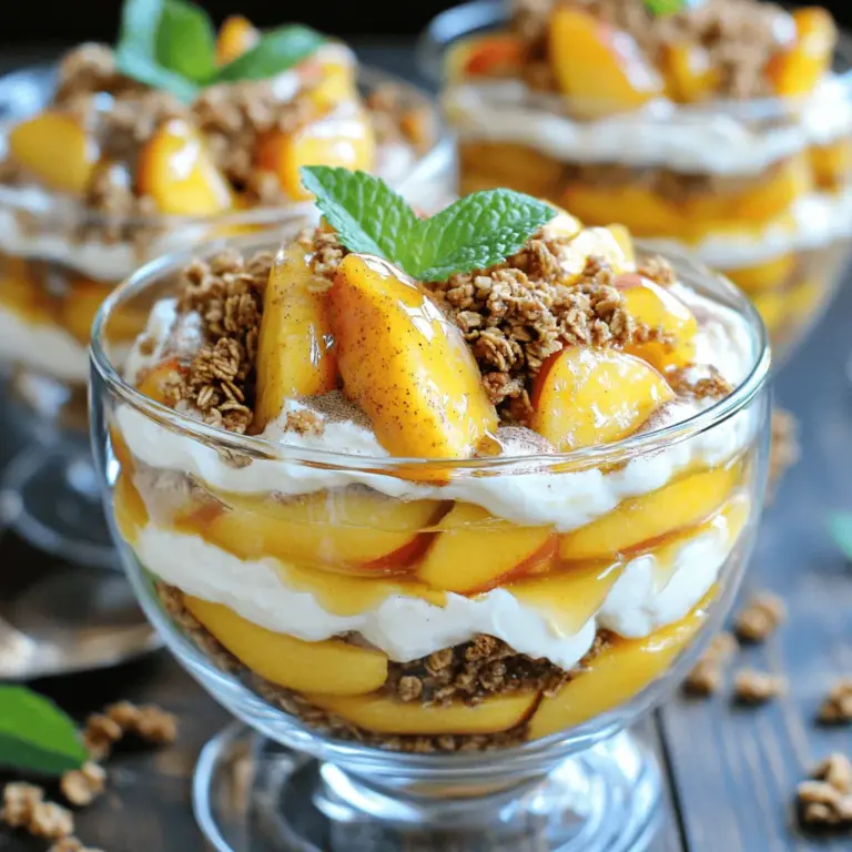 For this Peach Cobbler Cheesecake Salad, you need: - 2 ripe peaches, diced - 1 cup cream cheese, softened - 1/2 cup powdered sugar - 1 teaspoon vanilla extract - 1 cup whipped topping (or whipped cream) - 1 cup granola - 1 teaspoon cinnamon - 1/2 teaspoon nutmeg - Fresh mint leaves for garnish (optional) These ingredients come together to create a delightful mix of flavors and textures. The ripe peaches bring sweetness, while the cream cheese adds creaminess. The whipped topping gives it a fluffy feel, and granola adds a nice crunch. When measuring, it's important to be precise: - Use 2 cups for the diced peaches. - Measure 1 cup for cream cheese and whipped topping. - Use 1/2 cup for powdered sugar. - One teaspoon is great for vanilla and cinnamon. - Use 1/2 teaspoon for nutmeg. These measurements help ensure that every bite is balanced and delicious. You can add some fun extras to your salad: - Fresh mint leaves for a cool touch. - Extra toppings like honey, chocolate shavings, or even nuts. These add-ins can enhance your salad, making it more colorful and flavorful. You can find the full recipe to guide you through the process of mixing these ingredients into a beautiful dish. - Mixing Cream Cheese and Sugar Start by taking a medium bowl. Add 1 cup of softened cream cheese. Then, mix in 1/2 cup of powdered sugar. Use a hand mixer or a whisk. Blend until it becomes smooth and creamy. - Folding in the Whipped Topping Now, take 1 cup of whipped topping and gently fold it into the cream cheese mix. Use a spatula for this. Be careful not to deflate the mixture. You want it light and fluffy. This makes your cheesecake base rich and delightful. - Dicing Peaches and Adding Spices Grab 2 ripe peaches and dice them into small pieces. In another bowl, mix the peaches with 1 teaspoon of cinnamon and 1/2 teaspoon of nutmeg. This will add a warm, sweet flavor that pairs perfectly with the peaches. - Mixing for Flavor Enhancement Stir the diced peaches to coat them well with spices. This step brings out the best flavor in the peaches. It is important for the overall taste of the salad. - Constructing Layers in a Salad Bowl Take a large salad bowl to start layering. Begin with a layer of the peach mixture. Follow this with a layer of the cheesecake mixture. Repeat these layers until you use all the ingredients. Make sure to end with the cheesecake layer on top. - Finishing Touches To finish, sprinkle 1 cup of granola on top. This adds a nice crunch. If you like, add fresh mint leaves for garnish. They bring color and a fresh taste. For more flavor, drizzle a little honey on top before serving. For the full recipe, refer to the main section. Enjoy every bite of this Peach Cobbler Cheesecake Salad! To get the best texture in your Peach Cobbler Cheesecake Salad, softening the cream cheese is key. - How do I soften cream cheese properly? Place the cream cheese on the counter for about 30 minutes. You can also microwave it for 10-15 seconds. Check it often to avoid melting. A smooth cream cheese helps mix better, giving you a creamy base. - What are tips for folding whipped topping? Always use a large bowl and a spatula. Gently add the whipped topping to the cream cheese mix. Use a folding motion, not stirring. This keeps air in the mix and makes it light. The right spices can bring your salad to life. - What are the best spices to use? Cinnamon and nutmeg work wonders with peaches. They add warmth and depth. Just a teaspoon of cinnamon and half a teaspoon of nutmeg will elevate the flavor. - How do I adjust sweetness levels? If you want a sweeter salad, add more powdered sugar. Start with a tablespoon at a time. Taste as you go. You can also drizzle honey on top for extra sweetness. The way you serve this salad can make it shine. - How do I serve in individual bowls? Use clear glass bowls to show off the layers. This makes it pretty and fun to eat. Fill each bowl with layers of peaches and cheesecake mix. - What garnishing ideas make it look beautiful? Fresh mint leaves add a pop of green. You can also add extra peach slices on top. A drizzle of honey gives a nice shine and extra sweetness. For the best look, keep it colorful and fresh. These tips will help you create a Peach Cobbler Cheesecake Salad that's not only tasty but also beautiful. For the full recipe, check the details above. {{image_2}} You can switch up the peaches with other seasonal fruits. Try using ripe berries, apples, or even mangoes. Each fruit brings its unique taste and texture. Mixing different fruits can create exciting flavor combinations. For example, pair peaches with blueberries for a sweet-tart balance. You can also layer in strawberries for a vibrant color. If you need to make the salad gluten-free, swap out granola for gluten-free oats or nuts. This keeps the crunch without the gluten. For vegan substitutes, use dairy-free cream cheese and whipped topping. Sweeteners like agave or maple syrup can replace powdered sugar. These swaps ensure everyone can enjoy this treat. Pair this peach cobbler cheesecake salad with other desserts. It goes well with vanilla ice cream or a slice of pound cake. You can also create a dessert table with this salad as the star. Add brownies, cookies, and fresh fruit to round out the display. This way, guests can enjoy a variety of flavors and textures. To keep your peach cobbler cheesecake salad fresh, store it in the fridge. Make sure to cover it tightly with plastic wrap or use an airtight container. This will help keep the flavors intact and prevent drying out. - Refrigeration Guidelines: Store leftovers within two hours of serving. - Best Containers for Storage: Use glass containers with lids or plastic food storage containers. How long does it last in the fridge? The peach cobbler cheesecake salad can stay fresh for about three days. After that, the peaches may become mushy, affecting the texture. - How Long it Lasts in the Fridge: Aim to eat it within three days for the best taste. - Signs of Spoilage: Look for a sour smell, discoloration, or a watery texture. If you see any of these, it's best to discard it. When you want to serve leftovers again, you can refresh them easily. Just give it a gentle stir to mix the layers again. This can help bring back some of the original texture and flavor. - Rejuvenating Leftovers for Serving: If it seems dry, add a splash of cream or milk to help. - Best Practices for Serving: Serve it chilled. You might also add more granola on top for an extra crunch. For the full recipe, check out the Peach Cobbler Cheesecake Salad recipe. Can I use frozen peaches? Yes, you can use frozen peaches! Just make sure to thaw them first. Drain any extra juice before mixing. This helps keep your salad from getting too watery. Fresh peaches bring a nice crunch, but frozen ones work well too. How long does it take to make? This Peach Cobbler Cheesecake Salad is quick! You’ll need only about 15 minutes. It’s perfect for a last-minute dessert. Just mix, layer, and serve. What if my cream cheese is lumpy? If your cream cheese is lumpy, it may be too cold. Make sure to soften it well first. Use a hand mixer for a smooth blend. If lumps remain, keep mixing until creamy. How can I make it sweeter? To make your salad sweeter, add more powdered sugar. Start with a tablespoon and taste. You can also drizzle honey on top for extra sweetness without changing the texture. Caloric Breakdown This salad has a good balance of flavors and calories. Each serving has about 250 calories. The cream cheese and whipped topping give it a rich taste. Health Benefits of Ingredients Peaches are full of vitamins and fiber. They help boost your immune system. Cream cheese adds protein, while granola provides healthy carbs. This dessert can be both tasty and nourishing. Enjoy it guilt-free! For the full recipe, check the details above. In this post, I shared how to make a delicious Peach Cobbler Cheesecake Salad. We covered the key ingredients, including ripe peaches and cream cheese. You learned the steps for preparing the mixture and layering the salad. I also provided tips for consistency, flavor suggestions, and presentation ideas. As you create your own version, remember to have fun with variations and toppings. Enjoy this tasty treat, and share it with friends and family!