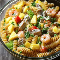 - 8 oz. fusilli pasta - 1 cup cooked shrimp, peeled and deveined - 1 cup canned tuna, drained - 1 cup pineapple chunks (fresh or canned) - 1/2 cup red bell pepper, diced - 1/2 cup celery, finely chopped - 1/4 cup red onion, finely chopped - 1/2 cup green peas (fresh or frozen) For this seafood pasta salad, I love using fusilli pasta. Its twists and turns hold the dressing well. Shrimp and tuna are great seafood options. They add flavor and protein, making the salad filling. Fresh vegetables like pineapple, bell pepper, celery, red onion, and green peas give the dish a bright crunch. Pineapple adds a sweet touch that contrasts with the seafood. - 1/2 cup mayonnaise - 2 tablespoons Greek yogurt - 1 tablespoon lemon juice - 1 teaspoon Dijon mustard - Salt and pepper to taste I mix mayonnaise and Greek yogurt for a creamy dressing. This combination keeps it light yet rich. A splash of lemon juice adds freshness. Dijon mustard gives a tangy kick that enhances the flavors. Don’t forget the salt and pepper! They bring everything together. - Fresh parsley For garnish, I use fresh parsley. It adds color and a burst of flavor. Just chop it finely and sprinkle it on top before serving. This simple touch makes the dish look inviting and appetizing. You can find the Full Recipe at the beginning of the article for more details. To cook fusilli pasta perfectly, bring a large pot of salted water to a boil. Add the pasta and cook it according to the package directions. Aim for al dente, which means it should be firm yet tender. Once cooked, drain the pasta in a colander. Rinse it under cold water for a few seconds. This stops the cooking process and cools it down quickly. Set the pasta aside while you prepare the other ingredients. When cleaning and preparing shrimp, start by rinsing them under cold water. Use a sharp knife to remove the shells and tails. If you see a dark line on the back, that’s the vein. Use the knife to gently lift it out. For the vegetables, chop the red bell pepper, celery, and red onion into small, even pieces. This helps with even mixing in the salad. Keep the greens crisp for a fresh taste. In a small bowl, whisk together the mayonnaise, Greek yogurt, lemon juice, and Dijon mustard. Mix until smooth and creamy. Next, in a large mixing bowl, combine the seafood and chopped vegetables. Pour the dressing over the mixture. Add the cooled fusilli pasta last. Gently toss all the ingredients together until everything is well coated. For the best flavor, cover the bowl with plastic wrap and chill the salad in the fridge for at least 30 minutes. This lets the flavors blend nicely. Before serving, give the salad a gentle toss again. Garnish it with freshly chopped parsley for a colorful touch. Enjoy your Tropical Seafood Pasta Salad with a refreshing twist! Check out the Full Recipe for more details. When you choose seafood, fresh is best. Look for shrimp that smells clean and has a firm texture. For tuna, canned options work well, but make sure to pick quality brands. You want flavors to shine, so balance the dressing. Use mayonnaise for creaminess and add Greek yogurt for a light touch. Lemon juice brightens flavors, while Dijon mustard adds a nice kick. Pair your salad with crusty bread or a light green salad. A chilled glass of white wine complements the dish nicely. For plating, use a large bowl or individual cups for a fun touch. Add a sprinkle of fresh parsley on top for color and flavor. Prepare ingredients ahead of time. Chop veggies and cook seafood the night before. Store them in the fridge for easy assembly. To cool pasta quickly, rinse it under cold water right after cooking. This stops the cooking and helps it mix well with the other ingredients. For the full recipe, check out the Tropical Seafood Pasta Salad. {{image_2}} You can change the pasta in this salad. Try penne or farfalle for a fun twist. Each shape brings a new texture. For seafood, consider crab or scallops. These options add unique flavors. Crab gives a sweet taste, while scallops offer a delicate touch. Mix and match to find your favorite! If you want a lighter dressing, swap mayonnaise for Greek yogurt. This keeps it creamy but cuts calories. You can also try a vinaigrette made with olive oil and vinegar. For vegan options, use avocado instead of mayo. Blend it smooth for a rich, creamy feel. Citrus juices like lime or orange can brighten the salad too! Add more veggies to your salad for extra crunch. Cucumbers or cherry tomatoes work well. You can also include cooked grains like quinoa or brown rice. These grains make the dish heartier. Beans, like chickpeas, are another great mix-in. They add protein and a satisfying bite. Customize to suit your taste! To keep your seafood pasta salad fresh, place it in an airtight container. Make sure to seal it tightly. This helps prevent air and moisture from spoiling the salad. Use glass or BPA-free plastic containers for best results. Your seafood pasta salad can last up to three days in the fridge. After that, it may start to lose quality. Always check for signs of spoilage. If the salad smells off or has a slimy texture, it’s best to throw it away. You can freeze seafood pasta salad, but it’s not ideal. Freezing can change the texture of the seafood and veggies. If you choose to freeze it, use a freezer-safe container. When ready to eat, thaw it in the fridge overnight. After thawing, stir it well before serving. Yes, you can use frozen seafood. Just make sure to thaw it first. Place the frozen seafood in the fridge overnight or run it under cold water. After thawing, gently pat it dry with a paper towel. This step helps remove excess moisture, which keeps your salad fresh. Frozen shrimp and tuna work great in this recipe. They are often just as tasty as fresh options. I recommend chilling the salad for at least 30 minutes. This time allows the flavors to blend. If you have more time, chilling it for an hour or more enhances the taste even further. The cold temperature helps keep the seafood and veggies crisp. Plus, it makes every bite refreshing and enjoyable. Yes, you can prepare the salad ahead of time. Make it a few hours before serving, or even the day before. Just keep it covered in the fridge. To maintain its texture, wait to add any crunchy veggies until just before serving. This way, they stay crisp and fresh. Enjoy the ease of having a delicious dish ready for your guests! This blog post covered how to make a delicious seafood pasta salad. We discussed the key ingredients, from fusilli to fresh vegetables. I shared step-by-step instructions to cook the pasta, prepare seafood, and make a tasty dressing. You learned tips for perfecting your salad and ideas for variations. Don’t forget about storage and the FAQs, which tackle common questions. With these steps in mind, you can create a flavorful dish. Enjoy making your seafood pasta salad!