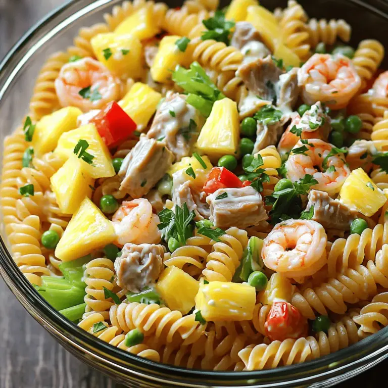 - 8 oz. fusilli pasta - 1 cup cooked shrimp, peeled and deveined - 1 cup canned tuna, drained - 1 cup pineapple chunks (fresh or canned) - 1/2 cup red bell pepper, diced - 1/2 cup celery, finely chopped - 1/4 cup red onion, finely chopped - 1/2 cup green peas (fresh or frozen) For this seafood pasta salad, I love using fusilli pasta. Its twists and turns hold the dressing well. Shrimp and tuna are great seafood options. They add flavor and protein, making the salad filling. Fresh vegetables like pineapple, bell pepper, celery, red onion, and green peas give the dish a bright crunch. Pineapple adds a sweet touch that contrasts with the seafood. - 1/2 cup mayonnaise - 2 tablespoons Greek yogurt - 1 tablespoon lemon juice - 1 teaspoon Dijon mustard - Salt and pepper to taste I mix mayonnaise and Greek yogurt for a creamy dressing. This combination keeps it light yet rich. A splash of lemon juice adds freshness. Dijon mustard gives a tangy kick that enhances the flavors. Don’t forget the salt and pepper! They bring everything together. - Fresh parsley For garnish, I use fresh parsley. It adds color and a burst of flavor. Just chop it finely and sprinkle it on top before serving. This simple touch makes the dish look inviting and appetizing. You can find the Full Recipe at the beginning of the article for more details. To cook fusilli pasta perfectly, bring a large pot of salted water to a boil. Add the pasta and cook it according to the package directions. Aim for al dente, which means it should be firm yet tender. Once cooked, drain the pasta in a colander. Rinse it under cold water for a few seconds. This stops the cooking process and cools it down quickly. Set the pasta aside while you prepare the other ingredients. When cleaning and preparing shrimp, start by rinsing them under cold water. Use a sharp knife to remove the shells and tails. If you see a dark line on the back, that’s the vein. Use the knife to gently lift it out. For the vegetables, chop the red bell pepper, celery, and red onion into small, even pieces. This helps with even mixing in the salad. Keep the greens crisp for a fresh taste. In a small bowl, whisk together the mayonnaise, Greek yogurt, lemon juice, and Dijon mustard. Mix until smooth and creamy. Next, in a large mixing bowl, combine the seafood and chopped vegetables. Pour the dressing over the mixture. Add the cooled fusilli pasta last. Gently toss all the ingredients together until everything is well coated. For the best flavor, cover the bowl with plastic wrap and chill the salad in the fridge for at least 30 minutes. This lets the flavors blend nicely. Before serving, give the salad a gentle toss again. Garnish it with freshly chopped parsley for a colorful touch. Enjoy your Tropical Seafood Pasta Salad with a refreshing twist! Check out the Full Recipe for more details. When you choose seafood, fresh is best. Look for shrimp that smells clean and has a firm texture. For tuna, canned options work well, but make sure to pick quality brands. You want flavors to shine, so balance the dressing. Use mayonnaise for creaminess and add Greek yogurt for a light touch. Lemon juice brightens flavors, while Dijon mustard adds a nice kick. Pair your salad with crusty bread or a light green salad. A chilled glass of white wine complements the dish nicely. For plating, use a large bowl or individual cups for a fun touch. Add a sprinkle of fresh parsley on top for color and flavor. Prepare ingredients ahead of time. Chop veggies and cook seafood the night before. Store them in the fridge for easy assembly. To cool pasta quickly, rinse it under cold water right after cooking. This stops the cooking and helps it mix well with the other ingredients. For the full recipe, check out the Tropical Seafood Pasta Salad. {{image_2}} You can change the pasta in this salad. Try penne or farfalle for a fun twist. Each shape brings a new texture. For seafood, consider crab or scallops. These options add unique flavors. Crab gives a sweet taste, while scallops offer a delicate touch. Mix and match to find your favorite! If you want a lighter dressing, swap mayonnaise for Greek yogurt. This keeps it creamy but cuts calories. You can also try a vinaigrette made with olive oil and vinegar. For vegan options, use avocado instead of mayo. Blend it smooth for a rich, creamy feel. Citrus juices like lime or orange can brighten the salad too! Add more veggies to your salad for extra crunch. Cucumbers or cherry tomatoes work well. You can also include cooked grains like quinoa or brown rice. These grains make the dish heartier. Beans, like chickpeas, are another great mix-in. They add protein and a satisfying bite. Customize to suit your taste! To keep your seafood pasta salad fresh, place it in an airtight container. Make sure to seal it tightly. This helps prevent air and moisture from spoiling the salad. Use glass or BPA-free plastic containers for best results. Your seafood pasta salad can last up to three days in the fridge. After that, it may start to lose quality. Always check for signs of spoilage. If the salad smells off or has a slimy texture, it’s best to throw it away. You can freeze seafood pasta salad, but it’s not ideal. Freezing can change the texture of the seafood and veggies. If you choose to freeze it, use a freezer-safe container. When ready to eat, thaw it in the fridge overnight. After thawing, stir it well before serving. Yes, you can use frozen seafood. Just make sure to thaw it first. Place the frozen seafood in the fridge overnight or run it under cold water. After thawing, gently pat it dry with a paper towel. This step helps remove excess moisture, which keeps your salad fresh. Frozen shrimp and tuna work great in this recipe. They are often just as tasty as fresh options. I recommend chilling the salad for at least 30 minutes. This time allows the flavors to blend. If you have more time, chilling it for an hour or more enhances the taste even further. The cold temperature helps keep the seafood and veggies crisp. Plus, it makes every bite refreshing and enjoyable. Yes, you can prepare the salad ahead of time. Make it a few hours before serving, or even the day before. Just keep it covered in the fridge. To maintain its texture, wait to add any crunchy veggies until just before serving. This way, they stay crisp and fresh. Enjoy the ease of having a delicious dish ready for your guests! This blog post covered how to make a delicious seafood pasta salad. We discussed the key ingredients, from fusilli to fresh vegetables. I shared step-by-step instructions to cook the pasta, prepare seafood, and make a tasty dressing. You learned tips for perfecting your salad and ideas for variations. Don’t forget about storage and the FAQs, which tackle common questions. With these steps in mind, you can create a flavorful dish. Enjoy making your seafood pasta salad!