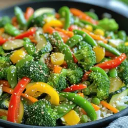 - 1 cup broccoli florets - 1 cup bell peppers (red, yellow, and green), sliced - 1 cup snap peas - 1 medium carrot, julienned - 1 small zucchini, sliced Using fresh vegetables makes a big difference in taste. Broccoli adds crunch, while bell peppers give sweetness. Snap peas offer a nice snap, and carrots add color. Zucchini brings a soft texture that complements the other veggies. - 3 cloves garlic, minced - 1 tablespoon fresh ginger, grated - 3 tablespoons soy sauce (or tamari for gluten-free) - 1 tablespoon sesame oil - 1 tablespoon olive oil - Salt and pepper to taste Garlic and ginger give a warm flavor base. Soy sauce adds saltiness and depth. Sesame oil brings a nutty taste. Salt and pepper finish the dish, elevating all the flavors. - 1 teaspoon sesame seeds (for garnish) Sesame seeds not only add crunch but also make the dish look pretty. You can also add other veggies you have on hand. This makes the stir-fry unique and fun to create. For the full recipe, check out the complete steps to make this tasty meal. First, wash all your vegetables. Clean veggies are key for taste and health. Next, cut your broccoli into small florets. Slice the bell peppers into thin strips. Julienne the carrot and slice the zucchini. Lastly, mince the garlic and grate the ginger. Having everything ready helps the stir-fry cook evenly and quickly. Grab a large skillet or wok. Heat olive oil over medium-high heat. When the oil is hot, add the minced garlic and grated ginger. Sauté them for about 30 seconds until they smell great. Now, toss in the broccoli and carrots. Stir-fry these for 2 to 3 minutes. They should start to soften but still stay crisp. Next, add the bell peppers and snap peas. Keep stir-frying for another 2 to 3 minutes. All the veggies should be bright and slightly tender. It’s important not to overcook them, as we want a nice crunch. Drizzle soy sauce and sesame oil over your veggies. Stir well to coat every piece. Cook for one more minute to let the flavors mix. Finally, season with salt and pepper to taste. Once done, remove the skillet from heat. Transfer your colorful stir-fry to a bowl or platter. For a final touch, sprinkle sesame seeds on top. Enjoy your tasty and healthy meal! For full instructions, check the Full Recipe. To get that perfect crisp, keep your heat high. Use a large skillet or wok. This gives the vegetables space to cook quickly. Don’t overcrowd the pan. If you add too many veggies at once, they will steam instead of stir-fry. Stir constantly to keep them moving. This helps all sides cook evenly. Each vegetable has its own cooking time. Start with the harder ones first. Broccoli and carrots need more time. Add bell peppers and snap peas later, as they cook faster. Here’s a quick guide: - Broccoli: 2-3 minutes - Carrots: 2-3 minutes - Bell Peppers: 1-2 minutes - Snap Peas: 1-2 minutes Pay attention to their colors. Bright green and vivid shades mean they’re done! For a great meal, serve your stir-fry over rice or quinoa. This adds a nice touch and makes it filling. You can also add fresh herbs, like cilantro, on top. A sprinkle of sesame seeds adds crunch. For a spicy kick, try drizzling sriracha or chili oil. Want something different? Pair this stir-fry with a light soup. It complements the meal well. For more ideas, check the Full Recipe for inspiration! {{image_2}} You can easily add protein to your vegetable stir-fry. Try tofu, chicken, or shrimp. Each option adds flavor and makes the meal more filling. For tofu, use firm or extra firm. Cut it into cubes and sauté until golden. For chicken, slice it thinly and cook until no longer pink. Shrimp cooks fast, so add it near the end. This addition boosts nutrition and makes your dish more satisfying. Soy sauce is great, but you can switch it up! Try teriyaki sauce for sweetness or hoisin sauce for a rich flavor. If you want a kick, add sriracha or chili paste. For a tangy taste, use lemon juice or rice vinegar. Marinating your protein before cooking adds depth. Just mix your sauce and let the protein sit for 30 minutes. Using seasonal veggies can enhance your stir-fry. In spring, add asparagus and snap peas. Summer is perfect for zucchini and corn. In fall, try carrots and bell peppers. Winter often brings hearty greens like kale. You can mix and match based on what's fresh. This keeps your meal exciting and supports local farmers. For the full recipe, check the detailed steps above. To keep your vegetable stir-fry fresh, store it in an airtight container. Make sure it is completely cool before sealing. Place it in the fridge within two hours of cooking. This helps prevent bacteria growth. You can store it for up to three days. When you’re ready to eat, check for any off smells or changes in texture. If it seems fine, you can enjoy it again. If you want to save your stir-fry for later, freezing is a great option. Allow it to cool completely before packing it. Use a freezer-safe container or a heavy-duty freezer bag. Make sure to remove as much air as possible to avoid freezer burn. You can freeze it for up to three months. Label the bag with the date to keep track. Thaw it overnight in the fridge before reheating. When reheating your stir-fry, you want to keep it tasty. The best way is to use a skillet. Add a splash of water or broth to help steam the veggies. Heat it over medium heat, stirring gently. This helps keep the vegetables crisp. You can also use a microwave if you're short on time. Cover the dish and heat in short bursts, stirring in between. This ensures even heating without overcooking. For the full recipe, check out the recipe link above. Yes, you can make this stir-fry ahead of time. Cook the vegetables and store them in the fridge. They will stay fresh for up to three days. When you're ready to eat, heat the stir-fry in a pan. You can add a splash of soy sauce to refresh the flavor. This saves time on busy days and still gives you a tasty meal. Great sides for vegetable stir-fry include: - Steamed rice - Quinoa - Noodles - Crispy spring rolls - A fresh salad These sides add variety and help round out the meal. You can also serve a light soy sauce or sweet chili sauce for dipping. Each option complements the stir-fry well and boosts your meal's flavor. To make this stir-fry vegan-friendly, use plant-based sauces. Replace regular soy sauce with a gluten-free version if needed. Make sure your oils are vegan, which they usually are. You can also add tofu or tempeh for extra protein. This keeps your meal healthy and satisfying without any animal products. Enjoy this delicious dish knowing it fits your diet! Stir-frying is simple and fun. We covered fresh veggies, seasonings, and cooking tips. You learned how to achieve a crispy texture and paired your dish with proteins and sauces. We also explored storage methods to keep leftovers tasty. Remember, you can make this dish suit your taste and diet. Experiment with different veggies and flavors. Enjoy your cooking!