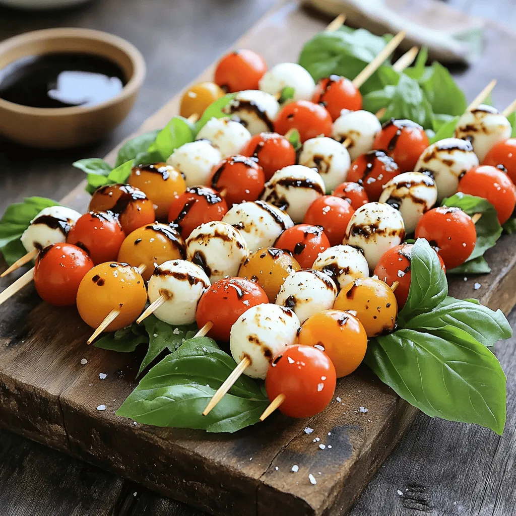 For these tasty balsamic glazed caprese skewers, gather these simple items: - 1 pint cherry tomatoes - 8 oz fresh mozzarella balls (bocconcini) - Fresh basil leaves - 1/4 cup balsamic vinegar - 2 tablespoons honey - 1 tablespoon olive oil - Salt and pepper to taste - Skewers (wooden or metal) You can swap items if needed: - Use grape tomatoes instead of cherry tomatoes. - Try different cheeses like feta or goat cheese. - Replace honey with maple syrup for a vegan option. - Use fresh herbs like parsley or mint for a twist. When shopping for these ingredients: - Choose ripe, firm cherry tomatoes for the best flavor. - Look for high-quality mozzarella; it should be creamy and soft. - Fresh basil should be vibrant and fragrant. - Select balsamic vinegar that has a rich, sweet taste. - Check local farmer’s markets for fresh, local produce. These tips will help you create the best balsamic glazed caprese skewers. For the full recipe, refer to the provided details above. To make the balsamic glaze, first grab a small saucepan. Pour in 1/4 cup of balsamic vinegar and 2 tablespoons of honey. Heat over medium until it starts to simmer. Stir it gently as it heats. Let it cook for about 5 to 7 minutes. You want it to thicken slightly. When it’s ready, remove it from the heat and let it cool. This glaze adds a sweet and tangy flavor to the skewers. Now, let’s put the skewers together. Take your skewer and start with one cherry tomato. Slide it on, then add a fresh basil leaf. Next, add a mozzarella ball. Repeat this pattern until your skewer is filled. Make sure to leave some space at the ends for easy handling. This colorful mix makes your skewers look great and taste even better. Once all the skewers are ready, it’s time to finish them. Arrange the skewers nicely on a platter. Drizzle olive oil over the top and sprinkle with salt and pepper. Then, take your cooled balsamic glaze and drizzle it generously over the skewers. For a fun touch, place extra basil leaves around. You can also add a small bowl of balsamic glaze for dipping. Enjoy these tasty bites right away or let them sit for a few minutes to blend the flavors. Check out the Full Recipe for more details. For the best Caprese skewers, use fresh ingredients. Rinse cherry tomatoes and basil leaves well. Choose mozzarella balls that are smooth and firm. Use wooden skewers for a rustic look or metal skewers for a modern touch. Soak wooden skewers in water for 30 minutes. This helps prevent burning on the grill. To thicken your balsamic glaze, cook it longer. Simmer the balsamic vinegar and honey mix for about 10 minutes. Stir often to avoid sticking. You want a syrup-like consistency. Let it cool before using. This glaze will coat the skewers better and add a rich flavor. Serve these skewers as a fun appetizer at parties. They are perfect for picnics or barbecues. Place them on a colorful platter for a great look. Add extra basil leaves for a pop of color. You can even serve with a side of extra balsamic glaze for dipping. For a festive touch, use skewers with colorful designs. These small details make your dish stand out! For more ideas and details, check the full recipe. {{image_2}} You can swap fresh mozzarella for a lower-fat cheese. Try using part-skim mozzarella for a lighter option. You can also use grape tomatoes instead of cherry tomatoes for a different taste. If you want more color, use mini bell peppers. They add crunch and flavor without extra calories. You can add spices and herbs to boost flavor. Try sprinkling some crushed red pepper on top for heat. Fresh oregano pairs well with the basil and adds depth. You might even try a sprinkle of garlic powder for a savory touch. Mixing in a bit of lemon zest can brighten the dish, too. You can get creative with the type of skewers you use. Bamboo skewers give a rustic feel. If you want a more modern look, use metal skewers. You can even skip the skewers and serve the ingredients on a platter. Just layer the tomatoes, cheese, and basil to create a colorful salad. For a fun twist, make mini skewers using toothpicks. This is perfect for parties or snacks. Each bite is a burst of flavor! You can find the full recipe for Balsamic Glazed Caprese Skewers to try these great variations. To keep your Balsamic Glazed Caprese Skewers fresh, store them in an airtight container. If you have leftover skewers, layer them with parchment paper to prevent sticking. You can hold them in the fridge for up to three days. Make sure to keep the balsamic glaze separate. This helps maintain the texture and flavor of the skewers. You typically do not need to reheat these skewers. They taste great cold or at room temperature. If you prefer warm skewers, you can place them on a baking sheet. Heat them in a preheated oven at 350°F for about 5-7 minutes. Drizzle some extra glaze before serving for a burst of flavor. The skewers will last about three days in the fridge. The balsamic glaze can stay fresh for two weeks when stored properly. Keep it in a sealed jar in the fridge. Always check for any changes in smell or texture before use. Enjoy the fresh taste of these skewers while they last! Caprese skewers come from Italy. They are a twist on the classic Caprese salad. The salad includes fresh tomatoes, mozzarella, and basil. Skewering these ingredients makes them easy to eat. It’s a fun way to enjoy a traditional dish. This dish is popular at parties and gatherings. Yes, you can prepare these skewers ahead of time. Make the balsamic glaze and let it cool. Assemble the skewers and store them in the fridge. Keep the glaze separate until serving. This keeps the flavors fresh and the ingredients crisp. You can make the skewers a few hours before serving. Balsamic Glazed Caprese Skewers are mostly vegetarian. They contain cheese and honey, which some may avoid. Check for lactose intolerance if you serve to others. You can use vegan cheese or skip the honey for strict diets. Always ask guests about allergies before serving. To make the best balsamic glaze, use high-quality balsamic vinegar. Combine it with honey in a saucepan. Simmer on medium heat until it thickens. This usually takes about 5-7 minutes. Let it cool before drizzling on your skewers. A good glaze adds sweetness and depth to the dish. For the full recipe, check the earlier sections. In this blog post, we explored the key ingredients, step-by-step instructions, and tips for making Balsamic Glazed Caprese Skewers. You learned about ingredient options, best practices for preparation, and how to store the skewers. Remember, experimenting with variations can enhance flavors and suit your taste. Lastly, these skewers are perfect for any gathering. Enjoy making them and impressing your guests!