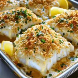 - 4 cod fillets (about 6 oz each) - 1/2 cup mayonnaise - 2 tablespoons Dijon mustard - 1 tablespoon lemon juice - 1 teaspoon garlic powder - 1 teaspoon smoked paprika - 1 teaspoon fresh parsley, chopped (plus extra for garnish) - Salt and pepper to taste - Zest of 1 lemon - 1/2 cup breadcrumbs (preferably panko for crunch) The main ingredients play a big role in this dish. Cod fillets offer a light, flaky texture. Mayonnaise adds creaminess, while Dijon mustard gives a tangy kick. The spices enhance the flavor and make the dish pop. - Extra herbs for flavor - Accompaniments and sides You can add extra herbs like dill or thyme for more flavor. For sides, consider serving with rice or a fresh salad. These options can balance the meal and make it even better. Each ingredient brings its own charm, making your dinner a hit. For the full experience, check the Full Recipe. 1. Preheat the oven: Set your oven to 400°F (200°C). This heat helps cook the cod evenly. 2. Prepare the baking dish: Lightly grease a baking dish with non-stick spray or olive oil. This step keeps your cod from sticking. 3. Mix the sauce: In a mixing bowl, combine the following: - 1/2 cup mayonnaise - 2 tablespoons Dijon mustard - 1 tablespoon lemon juice - 1 teaspoon garlic powder - 1 teaspoon smoked paprika - Zest of 1 lemon - 1 teaspoon chopped fresh parsley Stir until smooth. This sauce is key for flavor. 1. Season the fillets: First, pat the cod fillets dry with paper towels. Season both sides with salt and pepper. This boosts the flavor of the fish. 2. Apply the mayo mixture: Place the cod fillets in the greased baking dish. Spread a thick layer of the mayo mix on each fillet. This will add moisture and flavor. 3. Add breadcrumbs: Sprinkle 1/2 cup of breadcrumbs evenly over the mayo-coated cod. Use panko for extra crunch. This step ensures a crispy topping. 1. Bake the cod: Place the baking dish in the oven. Bake for 15-20 minutes. The cod should flake easily with a fork. The breadcrumbs should turn golden brown. 2. Garnish and serve: Once done, remove the dish from the oven. Let it cool slightly. Garnish with extra chopped parsley and lemon wedges to add freshness. Serve warm for a delightful meal. For full instructions, check the Full Recipe. To cook cod perfectly, aim for an internal temp of 145°F. Use a meat thermometer to check. The fish should flake easily with a fork when done. This means it is moist and cooked just right. For a crispy topping, use panko breadcrumbs. They give a light and crunchy texture. After spreading the mayo mix, cover the fish with breadcrumbs. Ensure they are evenly spread. This helps prevent sogginess and adds crunch. When serving baked cod, pair it with fresh sides. Roasted vegetables, like asparagus or Brussels sprouts, complement the dish well. A light salad with lemon vinaigrette works nicely too. For drinks, white wine is a great choice. A crisp Sauvignon Blanc or Chardonnay pairs well with the fish. If you prefer non-alcoholic options, sparkling water with lemon is refreshing. For the full recipe, check out the details above. {{image_2}} You can change the flavor of this dish easily. One way is to add spices to the mayo mix. Try adding cayenne pepper for heat or dill for a fresh taste. You can also swap out the garlic powder for onion powder if you like. These small changes can make a big difference. Alternative toppings can also change the texture. Instead of breadcrumbs, use crushed nuts or seeds for a crunchy bite. You can even add some shredded cheese on top for a richer taste. Mix and match these ideas to find your favorite flavor! I find that both grilling and baking cod work well, but they give you different results. Baking keeps the fish moist and tender. Grilling adds a smoky flavor and nice char marks. If you grill, try using a grill basket to keep the fish from falling apart. You don’t have to stick with cod, either. Other firm fish like halibut or tilapia work great in this recipe too. Each fish has its own unique flavor, so experiment and see what you like best. This recipe is flexible and can adapt to your tastes! To keep your baked cod fresh, store it in the fridge. Place it in an airtight container. This helps avoid drying out and keeps flavors intact. Make sure the cod cools down before sealing the container. You can store it for up to 3 days. If you want to save it for longer, freeze the cod. Wrap each piece tightly in plastic wrap first, then place it in a freezer bag. You can enjoy it for up to 2 months this way. To reheat your cod and keep it tasty, use the oven. Preheat it to 350°F (175°C). Place the cod in a baking dish and cover it with foil. This keeps the moisture in. Heat for about 10-15 minutes, or until warm. If you prefer using a microwave, place the cod on a microwave-safe plate. Cover it with a damp paper towel. Heat it in short bursts, about 30 seconds at a time, checking often. This way, you avoid overcooking and keep it juicy. Enjoy your flavorful baked cod with mayo! For the full recipe, check out the Full Recipe link. Can I use frozen cod for this recipe? Yes, you can use frozen cod. Just make sure to thaw it first. You can leave it in the fridge overnight or place it in cold water for quicker thawing. Once thawed, pat it dry before seasoning and coating. What can I substitute for mayonnaise? If you prefer not to use mayonnaise, there are great alternatives. Greek yogurt is a popular choice. It adds creaminess and a bit of tang. You can also use sour cream or a mixture of olive oil and mustard for a lighter option. How long should cod be baked? Bake the cod for 15 to 20 minutes at 400°F (200°C). The cooking time varies based on the thickness of the fillets. Always check for doneness after 15 minutes. What are the signs that the cod is done cooking? The cod is done when it flakes easily with a fork and is opaque throughout. You can also use a food thermometer to check. The internal temperature should reach 145°F (63°C). This ensures it's safely cooked and still moist. This blog post covered key ingredients and steps to bake cod. We explored flavor options, cooking tips, and how to store leftovers. You learned about variations in spices and cooking methods. The right sides and drinks elevate your meal. With these insights, you can make a tasty baked cod that impresses. Enjoy cooking and sharing your delicious dish!