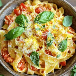 To make creamy tomato basil pasta, you need a few simple ingredients. Here’s the list: - 12 oz fettuccine pasta - 2 tablespoons olive oil - 4 cloves garlic, minced - 1 can (14 oz) crushed tomatoes - 1 cup heavy cream - 1 cup fresh basil leaves, chopped (plus extra for garnish) - 1 teaspoon dried oregano - Salt and pepper to taste - ½ cup grated Parmesan cheese (plus more for serving) - Zest of 1 lemon These ingredients bring together a lovely blend of flavors. The fettuccine serves as a hearty base. The olive oil adds richness, while garlic gives a punch of flavor. Crushed tomatoes form the heart of the sauce, making it juicy and vibrant. Heavy cream gives the dish its creamy texture. Fresh basil adds a bright, aromatic note. Dried oregano complements the tomatoes nicely. Salt and pepper enhance all the flavors, while Parmesan cheese adds a nutty finish. Lastly, lemon zest brightens the entire dish. Make sure to gather all these items before you start cooking. This way, you can focus on the fun part—creating a delicious meal! If you want to see the full recipe, check it out [here](#). To boil fettuccine, fill a large pot with water. Add a good amount of salt. Bring the water to a boil over high heat. Once boiling, gently add the fettuccine. Cook according to the package instructions. I usually check for al dente texture after about 8-10 minutes. This means the pasta should be firm but not hard. To achieve this perfect bite, stir the pasta occasionally. It helps to keep it from sticking. Don't forget to reserve ½ cup of pasta water before draining. This water is key for the sauce later. To start the sauce, heat 2 tablespoons of olive oil in a large skillet over medium heat. Add 4 cloves of minced garlic. Sauté for about 1 minute. You want the garlic fragrant but not browned. Next, pour in a can of crushed tomatoes. Stir in 1 teaspoon of dried oregano. Let the mixture simmer for 5-7 minutes. This helps the flavors blend well. Now, lower the heat and stir in 1 cup of heavy cream. Mix until everything is smooth and creamy. Then add 1 cup of chopped fresh basil leaves. Season with salt, pepper, and the zest of one lemon for brightness. This gives the sauce a fresh lift. Adding the pasta to the sauce is where the magic happens. Carefully add the drained fettuccine to the skillet. Toss everything together, ensuring the pasta gets a good coat of sauce. Here’s where the reserved pasta water comes in handy. Add it a little at a time until you reach your desired consistency. Finally, stir in ½ cup of grated Parmesan cheese. Mix until the cheese melts into the sauce. This adds richness and depth to your creamy tomato basil pasta. Now you're ready to serve this delightful dish. For the full recipe, check the link! To make your creamy tomato basil pasta shine, focus on seasoning. Start with salt in the boiling water. It helps flavor the pasta. Taste the sauce before serving. Adjust salt and pepper as needed. You can also add a pinch of sugar if the tomatoes taste too acidic. For creaminess, you can adjust the amount of heavy cream. If you want a lighter sauce, use less cream. Add a touch of pasta water to thin it out. This can help you achieve the desired consistency. Not all pasta types are equal, and that’s okay! You can use penne, spaghetti, or whole wheat pasta. Choose what you love or what you have. Each type will bring a different bite to the dish. If you want to switch up the flavors, try different herbs. Fresh parsley or thyme can work well. You can also use different cheeses. Try mozzarella for a gooey texture or goat cheese for tanginess. A common mistake is overcooking the pasta. Keep an eye on the timer! Cook until al dente for the best texture. Overcooked pasta turns mushy and soggy. Another mistake is skipping the pasta water. This starchy water helps the sauce cling to the pasta. Always reserve some before draining. Add it a little at a time when mixing your pasta with the sauce. It makes a big difference! {{image_2}} You can easily boost your creamy tomato basil pasta with protein. Here are a few tasty options: - Chicken: Grilled or sautéed chicken breast adds great flavor. - Shrimp: Cook shrimp in the same pan for a quick seafood twist. - Sausage: Use Italian sausage for a hearty kick. For those who prefer plant-based meals, try these vegetarian proteins: - Chickpeas: Add canned chickpeas for extra fiber and protein. - Tofu: Sauté firm tofu until golden for a nice texture. - Lentils: Cooked lentils mix well and add depth to the dish. Want to switch up the creamy sauce? Here are some ideas: - Dairy-Free Alternatives: Use coconut milk or cashew cream if you're avoiding dairy. - Other Creamy Ingredients: You can blend silken tofu or use cream cheese for a rich taste. Seasonal veggies can make your dish pop. Consider these options: - Spinach: Add fresh spinach for color and nutrition. - Zucchini: Sauté sliced zucchini for a light crunch. - Bell Peppers: Sweet bell peppers bring a lovely flavor. Feel free to play with spices, too. A pinch of red pepper flakes can add heat. Fresh herbs like thyme or parsley can bring new flavors to your pasta. The possibilities are endless! To keep your creamy tomato basil pasta fresh, store it in an airtight container. Place it in the fridge within two hours of cooking. This helps avoid bacteria growth. The pasta stays fresh for about 3 to 5 days. When reheating, avoid the microwave if you can. Instead, use a skillet over low heat. Add a splash of milk or cream to keep it moist. Stir often to maintain that creamy texture you love. Yes, you can freeze creamy tomato basil pasta! To do this, let it cool completely. Then, place it in a freezer-safe container. When you're ready to eat, thaw it in the fridge overnight. Reheat it slowly in a skillet, adding a little cream to keep it creamy. Enjoy your delicious meal later! You can pair creamy tomato basil pasta with many tasty side dishes. Here are some great options: - Garlic bread: It’s warm and buttery, perfect for dipping. - Mixed green salad: A fresh salad adds a nice crunch. - Roasted vegetables: Try zucchini, bell peppers, or asparagus for extra flavor. - Grilled chicken: It adds protein and makes the meal more filling. These sides keep the meal balanced and tasty. Yes, you can make creamy tomato basil pasta ahead of time. Here are some tips: - Cook the pasta until al dente. It will not get mushy when reheated. - Store the sauce separately in a sealed container. This keeps it fresh. - When ready to eat, reheat the sauce and mix it with the pasta. This method saves time for busy days. Absolutely! Creamy tomato basil pasta is great for meal prep. Here’s how to store it: - Divide the pasta into meal-sized portions. Use airtight containers. - Keep the pasta and sauce separate to avoid sogginess. - Store in the fridge for up to three days. This way, you can enjoy it all week long! Adjusting the spice levels is easy. Here are some ideas: - For a milder dish, use less garlic or skip the pepper. - To spice it up, add red pepper flakes or a dash of hot sauce. - Fresh herbs like basil can also add flavor without heat. You can customize the heat to your liking! For the full recipe of creamy tomato basil pasta, click here: [Full Recipe](#). This blog covered creamy tomato basil pasta from start to finish. We discussed ingredients, how to cook pasta, and make the sauce. I shared tips for perfecting flavors while avoiding common mistakes. You also learned about fun variations and storage tips. Remember, experimenting can lead to new, exciting dishes. Enjoy the process and savor every bite!