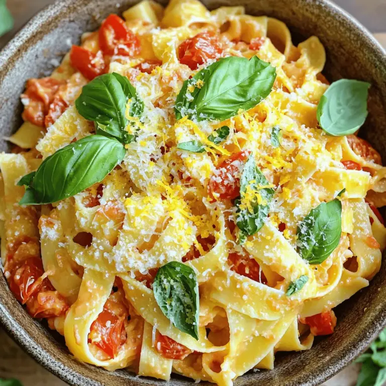 To make creamy tomato basil pasta, you need a few simple ingredients. Here’s the list: - 12 oz fettuccine pasta - 2 tablespoons olive oil - 4 cloves garlic, minced - 1 can (14 oz) crushed tomatoes - 1 cup heavy cream - 1 cup fresh basil leaves, chopped (plus extra for garnish) - 1 teaspoon dried oregano - Salt and pepper to taste - ½ cup grated Parmesan cheese (plus more for serving) - Zest of 1 lemon These ingredients bring together a lovely blend of flavors. The fettuccine serves as a hearty base. The olive oil adds richness, while garlic gives a punch of flavor. Crushed tomatoes form the heart of the sauce, making it juicy and vibrant. Heavy cream gives the dish its creamy texture. Fresh basil adds a bright, aromatic note. Dried oregano complements the tomatoes nicely. Salt and pepper enhance all the flavors, while Parmesan cheese adds a nutty finish. Lastly, lemon zest brightens the entire dish. Make sure to gather all these items before you start cooking. This way, you can focus on the fun part—creating a delicious meal! If you want to see the full recipe, check it out [here](#). To boil fettuccine, fill a large pot with water. Add a good amount of salt. Bring the water to a boil over high heat. Once boiling, gently add the fettuccine. Cook according to the package instructions. I usually check for al dente texture after about 8-10 minutes. This means the pasta should be firm but not hard. To achieve this perfect bite, stir the pasta occasionally. It helps to keep it from sticking. Don't forget to reserve ½ cup of pasta water before draining. This water is key for the sauce later. To start the sauce, heat 2 tablespoons of olive oil in a large skillet over medium heat. Add 4 cloves of minced garlic. Sauté for about 1 minute. You want the garlic fragrant but not browned. Next, pour in a can of crushed tomatoes. Stir in 1 teaspoon of dried oregano. Let the mixture simmer for 5-7 minutes. This helps the flavors blend well. Now, lower the heat and stir in 1 cup of heavy cream. Mix until everything is smooth and creamy. Then add 1 cup of chopped fresh basil leaves. Season with salt, pepper, and the zest of one lemon for brightness. This gives the sauce a fresh lift. Adding the pasta to the sauce is where the magic happens. Carefully add the drained fettuccine to the skillet. Toss everything together, ensuring the pasta gets a good coat of sauce. Here’s where the reserved pasta water comes in handy. Add it a little at a time until you reach your desired consistency. Finally, stir in ½ cup of grated Parmesan cheese. Mix until the cheese melts into the sauce. This adds richness and depth to your creamy tomato basil pasta. Now you're ready to serve this delightful dish. For the full recipe, check the link! To make your creamy tomato basil pasta shine, focus on seasoning. Start with salt in the boiling water. It helps flavor the pasta. Taste the sauce before serving. Adjust salt and pepper as needed. You can also add a pinch of sugar if the tomatoes taste too acidic. For creaminess, you can adjust the amount of heavy cream. If you want a lighter sauce, use less cream. Add a touch of pasta water to thin it out. This can help you achieve the desired consistency. Not all pasta types are equal, and that’s okay! You can use penne, spaghetti, or whole wheat pasta. Choose what you love or what you have. Each type will bring a different bite to the dish. If you want to switch up the flavors, try different herbs. Fresh parsley or thyme can work well. You can also use different cheeses. Try mozzarella for a gooey texture or goat cheese for tanginess. A common mistake is overcooking the pasta. Keep an eye on the timer! Cook until al dente for the best texture. Overcooked pasta turns mushy and soggy. Another mistake is skipping the pasta water. This starchy water helps the sauce cling to the pasta. Always reserve some before draining. Add it a little at a time when mixing your pasta with the sauce. It makes a big difference! {{image_2}} You can easily boost your creamy tomato basil pasta with protein. Here are a few tasty options: - Chicken: Grilled or sautéed chicken breast adds great flavor. - Shrimp: Cook shrimp in the same pan for a quick seafood twist. - Sausage: Use Italian sausage for a hearty kick. For those who prefer plant-based meals, try these vegetarian proteins: - Chickpeas: Add canned chickpeas for extra fiber and protein. - Tofu: Sauté firm tofu until golden for a nice texture. - Lentils: Cooked lentils mix well and add depth to the dish. Want to switch up the creamy sauce? Here are some ideas: - Dairy-Free Alternatives: Use coconut milk or cashew cream if you're avoiding dairy. - Other Creamy Ingredients: You can blend silken tofu or use cream cheese for a rich taste. Seasonal veggies can make your dish pop. Consider these options: - Spinach: Add fresh spinach for color and nutrition. - Zucchini: Sauté sliced zucchini for a light crunch. - Bell Peppers: Sweet bell peppers bring a lovely flavor. Feel free to play with spices, too. A pinch of red pepper flakes can add heat. Fresh herbs like thyme or parsley can bring new flavors to your pasta. The possibilities are endless! To keep your creamy tomato basil pasta fresh, store it in an airtight container. Place it in the fridge within two hours of cooking. This helps avoid bacteria growth. The pasta stays fresh for about 3 to 5 days. When reheating, avoid the microwave if you can. Instead, use a skillet over low heat. Add a splash of milk or cream to keep it moist. Stir often to maintain that creamy texture you love. Yes, you can freeze creamy tomato basil pasta! To do this, let it cool completely. Then, place it in a freezer-safe container. When you're ready to eat, thaw it in the fridge overnight. Reheat it slowly in a skillet, adding a little cream to keep it creamy. Enjoy your delicious meal later! You can pair creamy tomato basil pasta with many tasty side dishes. Here are some great options: - Garlic bread: It’s warm and buttery, perfect for dipping. - Mixed green salad: A fresh salad adds a nice crunch. - Roasted vegetables: Try zucchini, bell peppers, or asparagus for extra flavor. - Grilled chicken: It adds protein and makes the meal more filling. These sides keep the meal balanced and tasty. Yes, you can make creamy tomato basil pasta ahead of time. Here are some tips: - Cook the pasta until al dente. It will not get mushy when reheated. - Store the sauce separately in a sealed container. This keeps it fresh. - When ready to eat, reheat the sauce and mix it with the pasta. This method saves time for busy days. Absolutely! Creamy tomato basil pasta is great for meal prep. Here’s how to store it: - Divide the pasta into meal-sized portions. Use airtight containers. - Keep the pasta and sauce separate to avoid sogginess. - Store in the fridge for up to three days. This way, you can enjoy it all week long! Adjusting the spice levels is easy. Here are some ideas: - For a milder dish, use less garlic or skip the pepper. - To spice it up, add red pepper flakes or a dash of hot sauce. - Fresh herbs like basil can also add flavor without heat. You can customize the heat to your liking! For the full recipe of creamy tomato basil pasta, click here: [Full Recipe](#). This blog covered creamy tomato basil pasta from start to finish. We discussed ingredients, how to cook pasta, and make the sauce. I shared tips for perfecting flavors while avoiding common mistakes. You also learned about fun variations and storage tips. Remember, experimenting can lead to new, exciting dishes. Enjoy the process and savor every bite!