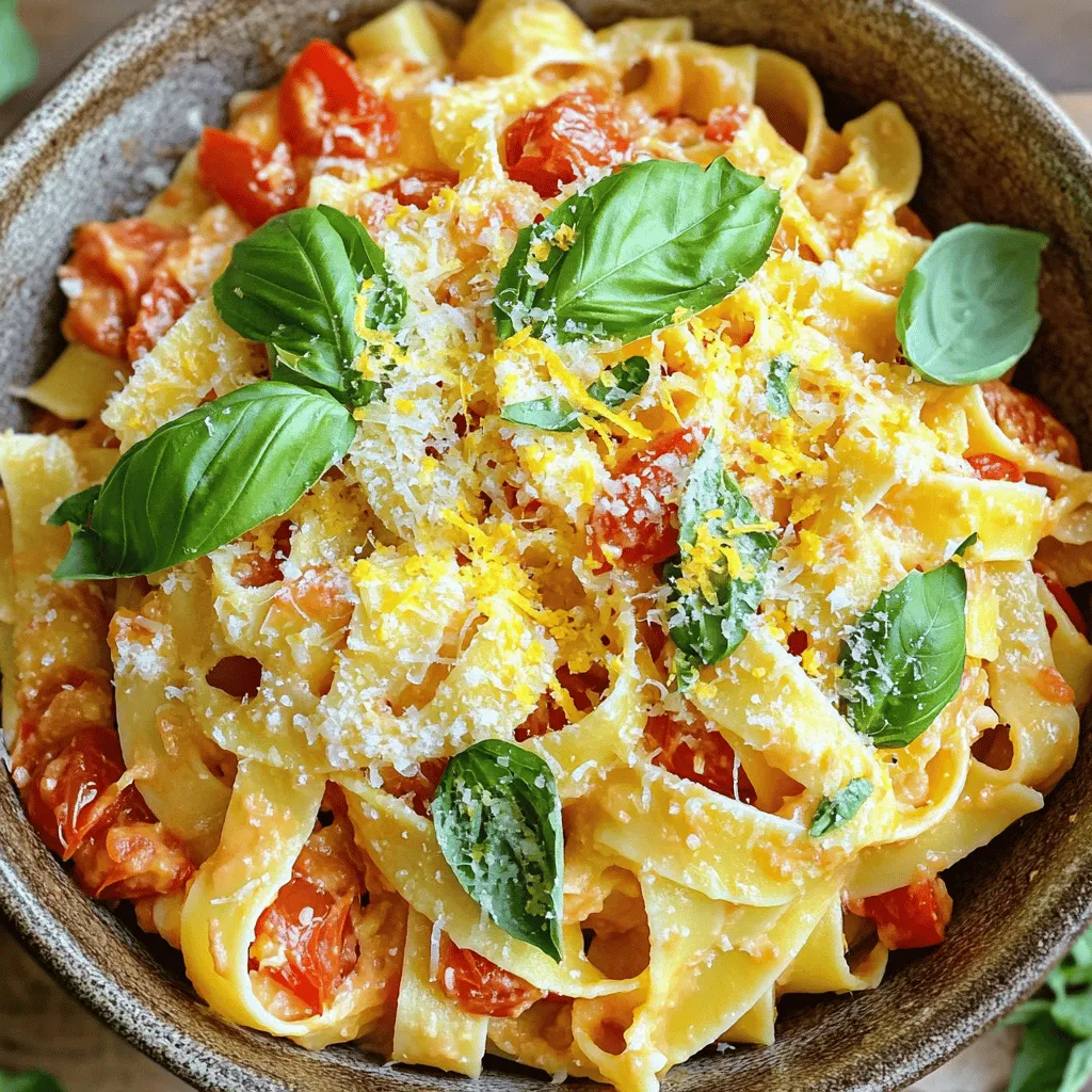 To make creamy tomato basil pasta, you need a few simple ingredients. Here’s the list: - 12 oz fettuccine pasta - 2 tablespoons olive oil - 4 cloves garlic, minced - 1 can (14 oz) crushed tomatoes - 1 cup heavy cream - 1 cup fresh basil leaves, chopped (plus extra for garnish) - 1 teaspoon dried oregano - Salt and pepper to taste - ½ cup grated Parmesan cheese (plus more for serving) - Zest of 1 lemon These ingredients bring together a lovely blend of flavors. The fettuccine serves as a hearty base. The olive oil adds richness, while garlic gives a punch of flavor. Crushed tomatoes form the heart of the sauce, making it juicy and vibrant. Heavy cream gives the dish its creamy texture. Fresh basil adds a bright, aromatic note. Dried oregano complements the tomatoes nicely. Salt and pepper enhance all the flavors, while Parmesan cheese adds a nutty finish. Lastly, lemon zest brightens the entire dish. Make sure to gather all these items before you start cooking. This way, you can focus on the fun part—creating a delicious meal! If you want to see the full recipe, check it out [here](#). To boil fettuccine, fill a large pot with water. Add a good amount of salt. Bring the water to a boil over high heat. Once boiling, gently add the fettuccine. Cook according to the package instructions. I usually check for al dente texture after about 8-10 minutes. This means the pasta should be firm but not hard. To achieve this perfect bite, stir the pasta occasionally. It helps to keep it from sticking. Don't forget to reserve ½ cup of pasta water before draining. This water is key for the sauce later. To start the sauce, heat 2 tablespoons of olive oil in a large skillet over medium heat. Add 4 cloves of minced garlic. Sauté for about 1 minute. You want the garlic fragrant but not browned. Next, pour in a can of crushed tomatoes. Stir in 1 teaspoon of dried oregano. Let the mixture simmer for 5-7 minutes. This helps the flavors blend well. Now, lower the heat and stir in 1 cup of heavy cream. Mix until everything is smooth and creamy. Then add 1 cup of chopped fresh basil leaves. Season with salt, pepper, and the zest of one lemon for brightness. This gives the sauce a fresh lift. Adding the pasta to the sauce is where the magic happens. Carefully add the drained fettuccine to the skillet. Toss everything together, ensuring the pasta gets a good coat of sauce. Here’s where the reserved pasta water comes in handy. Add it a little at a time until you reach your desired consistency. Finally, stir in ½ cup of grated Parmesan cheese. Mix until the cheese melts into the sauce. This adds richness and depth to your creamy tomato basil pasta. Now you're ready to serve this delightful dish. For the full recipe, check the link! To make your creamy tomato basil pasta shine, focus on seasoning. Start with salt in the boiling water. It helps flavor the pasta. Taste the sauce before serving. Adjust salt and pepper as needed. You can also add a pinch of sugar if the tomatoes taste too acidic. For creaminess, you can adjust the amount of heavy cream. If you want a lighter sauce, use less cream. Add a touch of pasta water to thin it out. This can help you achieve the desired consistency. Not all pasta types are equal, and that’s okay! You can use penne, spaghetti, or whole wheat pasta. Choose what you love or what you have. Each type will bring a different bite to the dish. If you want to switch up the flavors, try different herbs. Fresh parsley or thyme can work well. You can also use different cheeses. Try mozzarella for a gooey texture or goat cheese for tanginess. A common mistake is overcooking the pasta. Keep an eye on the timer! Cook until al dente for the best texture. Overcooked pasta turns mushy and soggy. Another mistake is skipping the pasta water. This starchy water helps the sauce cling to the pasta. Always reserve some before draining. Add it a little at a time when mixing your pasta with the sauce. It makes a big difference! {{image_2}} You can easily boost your creamy tomato basil pasta with protein. Here are a few tasty options: - Chicken: Grilled or sautéed chicken breast adds great flavor. - Shrimp: Cook shrimp in the same pan for a quick seafood twist. - Sausage: Use Italian sausage for a hearty kick. For those who prefer plant-based meals, try these vegetarian proteins: - Chickpeas: Add canned chickpeas for extra fiber and protein. - Tofu: Sauté firm tofu until golden for a nice texture. - Lentils: Cooked lentils mix well and add depth to the dish. Want to switch up the creamy sauce? Here are some ideas: - Dairy-Free Alternatives: Use coconut milk or cashew cream if you're avoiding dairy. - Other Creamy Ingredients: You can blend silken tofu or use cream cheese for a rich taste. Seasonal veggies can make your dish pop. Consider these options: - Spinach: Add fresh spinach for color and nutrition. - Zucchini: Sauté sliced zucchini for a light crunch. - Bell Peppers: Sweet bell peppers bring a lovely flavor. Feel free to play with spices, too. A pinch of red pepper flakes can add heat. Fresh herbs like thyme or parsley can bring new flavors to your pasta. The possibilities are endless! To keep your creamy tomato basil pasta fresh, store it in an airtight container. Place it in the fridge within two hours of cooking. This helps avoid bacteria growth. The pasta stays fresh for about 3 to 5 days. When reheating, avoid the microwave if you can. Instead, use a skillet over low heat. Add a splash of milk or cream to keep it moist. Stir often to maintain that creamy texture you love. Yes, you can freeze creamy tomato basil pasta! To do this, let it cool completely. Then, place it in a freezer-safe container. When you're ready to eat, thaw it in the fridge overnight. Reheat it slowly in a skillet, adding a little cream to keep it creamy. Enjoy your delicious meal later! You can pair creamy tomato basil pasta with many tasty side dishes. Here are some great options: - Garlic bread: It’s warm and buttery, perfect for dipping. - Mixed green salad: A fresh salad adds a nice crunch. - Roasted vegetables: Try zucchini, bell peppers, or asparagus for extra flavor. - Grilled chicken: It adds protein and makes the meal more filling. These sides keep the meal balanced and tasty. Yes, you can make creamy tomato basil pasta ahead of time. Here are some tips: - Cook the pasta until al dente. It will not get mushy when reheated. - Store the sauce separately in a sealed container. This keeps it fresh. - When ready to eat, reheat the sauce and mix it with the pasta. This method saves time for busy days. Absolutely! Creamy tomato basil pasta is great for meal prep. Here’s how to store it: - Divide the pasta into meal-sized portions. Use airtight containers. - Keep the pasta and sauce separate to avoid sogginess. - Store in the fridge for up to three days. This way, you can enjoy it all week long! Adjusting the spice levels is easy. Here are some ideas: - For a milder dish, use less garlic or skip the pepper. - To spice it up, add red pepper flakes or a dash of hot sauce. - Fresh herbs like basil can also add flavor without heat. You can customize the heat to your liking! For the full recipe of creamy tomato basil pasta, click here: [Full Recipe](#). This blog covered creamy tomato basil pasta from start to finish. We discussed ingredients, how to cook pasta, and make the sauce. I shared tips for perfecting flavors while avoiding common mistakes. You also learned about fun variations and storage tips. Remember, experimenting can lead to new, exciting dishes. Enjoy the process and savor every bite!