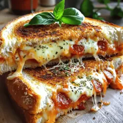 - 4 slices of sourdough bread - 1 cup shredded mozzarella cheese - 1/2 cup marinara sauce - 1/2 cup sliced pepperoni - 1/4 cup grated Parmesan cheese - 1 teaspoon dried oregano - 1 tablespoon olive oil - 1 tablespoon butter - Fresh basil leaves for garnish (optional) This recipe is a fun twist on two classics. You get the taste of pizza and grilled cheese all in one bite. The sourdough bread gives a nice crunch, while the melted cheese pulls apart in a gooey delight. I love using fresh mozzarella for a creamy texture, but shredded works just fine, too. The marinara sauce adds that perfect pizza flavor. Feel free to mix things up! You can add other toppings like olives or bell peppers. The options are endless. Just get creative with what you have at home. Remember, cooking is all about making it your own. Check out the Full Recipe for more details on how to whip this up. - Heat a skillet over medium heat. Add 1 tablespoon of olive oil and 1 tablespoon of butter. - Spread a thin layer of marinara sauce on one side of each slice of sourdough bread. - On two slices, layer half of the shredded mozzarella cheese. Add sliced pepperoni and sprinkle with 1 teaspoon of dried oregano. - Place the remaining mozzarella cheese on top. Cover with the other two slices of bread, sauce side down. - Place the sandwiches in the hot skillet. Cook for 3-4 minutes until golden brown and cheese melts. - Carefully flip the sandwiches. Cook the other side for another 3-4 minutes until crispy. - Remove the sandwiches from the skillet. Slice them in half. Sprinkle with 1/4 cup of grated Parmesan and add fresh basil leaves for garnish if you like. - Prep Time: 10 minutes - Cook Time: 10 minutes - Total Time: 20 minutes - Servings: 2 For a detailed guide, check out the Full Recipe. To make the best pizza grilled cheese, use fresh ingredients for maximum flavor. Fresh bread, cheese, and toppings make a big difference. I recommend sourdough for its great texture and taste. Monitor cooking heat for even browning. Too high can burn the bread, while too low can leave the cheese unmelted. For a gooey bite, consider double cheese layers. You can mix mozzarella with provolone or cheddar for added depth. Each cheese melts differently, so try what you like best. Other cheese types, like fontina or gouda, also work well. They offer a unique twist to classic flavors. To jazz up your marinara sauce, add spices like red pepper flakes or garlic powder. This simple change adds warmth and depth to your dish. Fresh herbs like basil or oregano can elevate the taste. Sprinkle them on top right before serving for a burst of freshness. These little touches make your pizza grilled cheese truly special. For the full recipe, check out the instructions above. {{image_2}} You can make your pizza grilled cheese even more fun. Try a veggie-loaded option. Add bell peppers and mushrooms for extra crunch. This mix gives you a great taste and more nutrients. You can also create a meat-lover's version. Just layer in some sausage or crispy bacon. The savory flavors will delight your taste buds. If you need gluten-free options, don't worry! You can swap out regular bread for gluten-free varieties. Look for gluten-free sourdough or whole-grain bread. These options work well and taste great. For sauces, check for gluten-free marinara. Many brands offer this, so read the labels. You can enjoy pizza grilled cheese without the gluten! If you want a vegan pizza grilled cheese, you have options too. Use plant-based cheese alternatives. Brands like Daiya or Follow Your Heart melt well and taste amazing. For the sauce, try a dairy-free marinara. You can make it with crushed tomatoes, garlic, and herbs. This way, you still get all the yummy flavors without dairy. For the full recipe and more ideas, check out the complete guide. To keep your pizza grilled cheese fresh, allow it to cool first. This step helps avoid sogginess. Use an airtight container or wrap the sandwich in foil. These options help preserve the flavors and keep the bread from drying out. When you want to enjoy your leftover pizza grilled cheese, reheat it in a skillet. This method warms it through and keeps it crispy. Use low heat to avoid burning. You can also cover the skillet with a lid to help melt the cheese. For extra crispiness, add a little butter to the pan. Enjoy your tasty treat! To make a quick marinara sauce, you need just a few items. Here’s a simple recipe: - 1 can (15 oz) of crushed tomatoes - 2 cloves garlic, minced - 1 tablespoon olive oil - 1 teaspoon dried oregano - Salt and pepper to taste 1. Heat olive oil in a saucepan over medium heat. 2. Add minced garlic and cook for about 1 minute. 3. Stir in crushed tomatoes and dried oregano. 4. Season with salt and pepper. 5. Simmer for 10-15 minutes, stirring occasionally. This sauce is easy to make and adds great flavor to your Pizza Grilled Cheese. Yes, you can use various types of bread to make this dish. Here are some tasty options: - Whole wheat bread for a nutty flavor - Ciabatta for a crusty texture - Rye bread for a unique twist - French bread for a hearty bite Each bread type will change the taste and crunch of your Pizza Grilled Cheese. You can get creative with toppings to make your sandwich fun and unique. Here are a few ideas: - Sliced olives for a briny kick - Fresh spinach for added greens - Sliced mushrooms for earthiness - Jalapeños for a spicy punch - Cooked sausage for extra protein Mix and match these toppings to find your favorite combination! This blog post shared a tasty recipe for Pizza Grilled Cheese. You learned about the key ingredients and the simple steps to make it. We covered helpful tips to enhance flavor and suggested fun variations for every diet. Don't forget storage tips to keep leftovers fresh! Now, you can try this dish and enjoy your own twist. It’s a fun way to mix pizza and grilled cheese. Enjoy your cooking adventure!