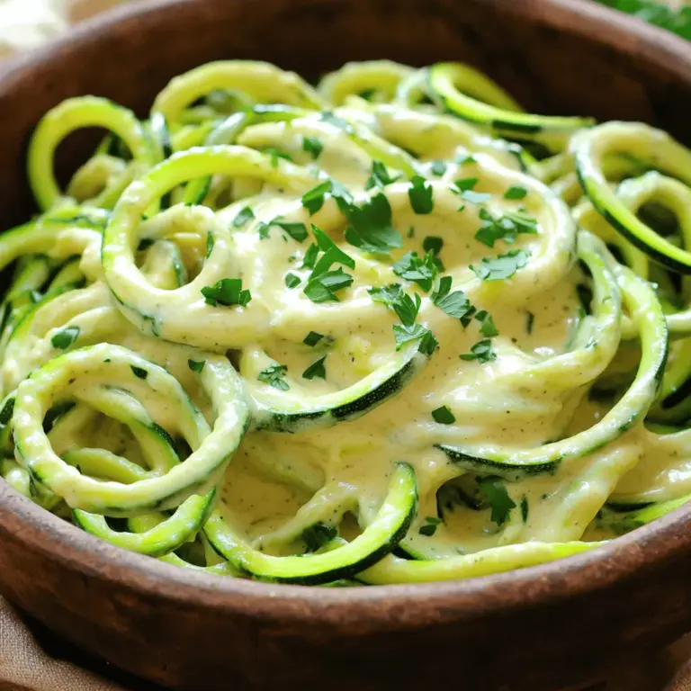 To make a delicious Zucchini Noodle Alfredo, you'll need simple and fresh ingredients. Here’s a list of what you will need: - 3 medium zucchinis, spiralized into noodles - 1 cup raw cashews, soaked for 4 hours and drained - 1 cup unsweetened almond milk - 3 tablespoons nutritional yeast - 2 tablespoons olive oil - 2 cloves garlic, minced - 1 tablespoon lemon juice - Salt and pepper to taste - Fresh parsley, chopped (for garnish) These ingredients work together to create a creamy, tasty dish that feels indulgent but is healthy. The zucchini noodles replace traditional pasta, making this dish light and refreshing. The cashews give a rich, creamy texture to the sauce, while the nutritional yeast adds a cheesy flavor without dairy. It's a win-win! When you gather these ingredients, you'll see how easy it is to bring gourmet flavors to your kitchen. Plus, using fresh zucchinis adds a vibrant touch to your plate. For the full recipe and step-by-step guide, check out the Full Recipe. To start, you need to create zucchini noodles, also known as zoodles. You can spiralize the zucchinis for long, curly noodles. If you don’t have a spiralizer, a vegetable peeler works well too. It will give you thin ribbons. After you prepare the noodles, set them aside on a plate. Next, grab your blender. Combine the soaked cashews, almond milk, nutritional yeast, lemon juice, and a pinch of salt and pepper. Blend until the mixture is smooth and creamy. If the sauce feels too thick, add a bit more almond milk. This will help you achieve the right consistency for your Alfredo sauce. Now it’s time to cook. Heat the olive oil in a large skillet over medium heat. Add the minced garlic and sauté for about one minute until it smells great. Then, add your zucchini noodles to the skillet. Sauté them for 2-3 minutes until they are tender but still a little firm. Pour the creamy cashew sauce over the noodles, tossing to coat all of them evenly. Continue to cook for another 2 minutes, stirring constantly. This way, everything gets heated through nicely. Taste and adjust the salt and pepper if needed. You can find the full recipe [here](#). Cooking zucchini noodles takes skill. Aim for a cooking time of 2-3 minutes. This gives the zoodles a nice crunch. If you cook them too long, they'll become mushy. Remember, you want them tender but still firm. For a creamier sauce, adjust the almond milk. Start with 1 cup, but feel free to add more if needed. This changes the sauce's thickness. Blending cashews well is key. Soak them for 4 hours and drain before blending. This ensures a smooth texture. If it’s too chunky, blend a bit longer. Garnish your Zucchini Noodle Alfredo with fresh herbs like parsley. This adds color and flavor. For a protein boost, pair it with grilled chicken or shrimp. It makes the dish more filling and tasty. Enjoy your meal with these simple tips for a delicious experience! {{image_2}} You can switch almond milk for coconut milk. This change gives a creamy texture and a hint of sweetness. Coconut milk is rich and works well in sauces. You can also try using different nuts for the sauce. Walnuts or macadamia nuts add unique flavors. They blend smoothly and create a rich sauce. Adding spices or herbs boosts the taste. Try basil or oregano for a fresh kick. You can also mix in vegetables like bell peppers or spinach. These add color and extra nutrients. Don’t be afraid to experiment with flavors. It can make your dish more exciting and tasty. For vegan and gluten-free options, this recipe is already a great fit. The key ingredients are plant-based and gluten-free. If you need a nut-free alternative, use sunflower seeds instead of cashews. They can create a similar creamy texture. This makes the dish friendly for those with allergies. To store your Zucchini Noodle Alfredo, first, let it cool down. Use an airtight container to keep it fresh. This dish lasts about 3 to 4 days in the fridge. Always check for any off smells or changes in texture before eating. Yes, you can freeze Zucchini Noodle Alfredo! However, the texture may change when thawed. For best results, freeze the sauce separately from the noodles. When ready to eat, thaw in the fridge overnight. Reheat the sauce on low heat, stirring often. Sauté fresh zucchini noodles while reheating the sauce. This way, you keep the noodles crunchy and the sauce creamy. What are the health benefits of zucchini noodles? Zucchini noodles are low in calories and carbs. They are high in fiber, making them good for digestion. Zucchini also has vitamins A and C, which support your immune system. Plus, they keep you full without heavy calories. Can I make this recipe ahead of time? Yes, you can prepare the sauce ahead. Just store it in the fridge for up to three days. Spiralized zucchini noodles lose crunch when stored. So, make them fresh on the day you serve the dish for the best taste. How can I adjust the recipe for larger servings? To serve more people, simply double the ingredients. Use 6 zucchinis and 2 cups of cashews. Adjust the sauce mixture by blending more almond milk and nutritional yeast for extra creaminess. What is the best way to spiralize zucchini? A spiralizer is the easiest tool for making zucchini noodles. Simply press the zucchini into the spiralizer and turn. If you don’t have one, a vegetable peeler works too. Just slice the zucchini into thin ribbons. Can I substitute cashews in the Alfredo sauce? Yes, you can use other nuts like almonds or sunflower seeds. These will change the flavor slightly but still create a creamy sauce. You can also use silken tofu for a nut-free option that stays creamy. This blog post covers how to make a delicious Zucchini Noodle Alfredo. You learned about the key ingredients, such as zucchini and cashews, along with simple steps to prepare the dish. Tips for texture, alternatives to ingredients, and storage methods were shared too. In conclusion, this dish is tasty, healthy, and versatile. Experiment with flavors to make it your own. Enjoy the cooking process and have fun with it!