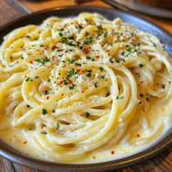 - 12 oz spaghetti or your preferred pasta - 6 cloves garlic, minced - 1/2 cup unsalted butter - 1 cup heavy cream - 1 cup grated Parmesan cheese - 1/2 teaspoon red pepper flakes (optional) - Salt and black pepper to taste - Fresh parsley, chopped, for garnish To make Garlic Parmesan Pasta, you need simple ingredients. I love using fresh garlic for the best flavor. The butter creates a rich base. Heavy cream makes it creamy and smooth. Parmesan cheese adds a salty, nutty taste. You can adjust the heat with red pepper flakes if you like spice. Salt and black pepper help enhance all the flavors. Finally, fresh parsley gives a nice touch and color. Gathering these ingredients will set you up for success. This dish is quick and easy to prepare. You can find the Full Recipe to guide you through the steps. Enjoy the process and the delicious outcome! Start by boiling a large pot of salted water. The salt helps flavor the pasta as it cooks. Once the water is boiling, add 12 ounces of spaghetti or your preferred pasta. Cook it according to the package instructions until it's al dente, which means it should still be a bit firm when you bite it. This usually takes about 8 to 10 minutes. After cooking, reserve one cup of pasta water. Drain the pasta and set it aside. In a large skillet, melt 1/2 cup of unsalted butter over medium heat. Once the butter is melted, add 6 cloves of minced garlic. Sauté the garlic until it becomes fragrant, which should take about 1 to 2 minutes. Be careful not to let the garlic burn; you want it to smell amazing, not bitter. Now it’s time to make the cream sauce. Pour in 1 cup of heavy cream into the skillet with the garlic butter. Bring the mixture to a gentle simmer, stirring occasionally. Let it cook for about 2 to 3 minutes until the sauce starts to thicken slightly. This is where the magic happens! Next, gradually stir in 1 cup of grated Parmesan cheese. Keep stirring until the cheese melts and the sauce is smooth. If you like a bit of heat, add 1/2 teaspoon of red pepper flakes at this point. Don’t forget to season with salt and black pepper to taste. Now, add the cooked spaghetti to the skillet. Toss the pasta in the garlic Parmesan sauce until it’s well coated. If the sauce feels too thick, add some of the reserved pasta water to reach your desired consistency. Once everything is combined, remove the skillet from heat. Garnish your Garlic Parmesan Pasta with freshly chopped parsley for a pop of color. Serve it hot and enjoy your creamy and flavorful meal. You can pair it with a simple salad or some crusty bread for a complete dinner. Try this full recipe for all the details! - Salt your water properly: Use about 1 tablespoon of salt per gallon of water. This step flavors your pasta from the inside out. - Importance of reserving pasta water: Always save about one cup of pasta water. This starchy water helps to thin the sauce and makes it cling to the pasta better. - Adding herbs: Fresh herbs like basil or thyme bring a burst of flavor. Just chop them finely and stir them in at the end. - Options for extra spice: For some heat, add more red pepper flakes or a dash of cayenne pepper. This can make your dish pop. - Reheating tips: Use a pan over low heat. Add a splash of reserved pasta water to keep it creamy as you warm it up. - Additional serving ideas: Turn leftovers into a baked dish. Just add some cheese on top and broil until golden. You can also toss in veggies or proteins for a heartier meal. For the complete step-by-step guide, check out the Full Recipe. {{image_2}} You can boost the flavor and nutrition of your Garlic Parmesan Pasta by adding proteins. - Grilled chicken: Slice grilled chicken and mix it into the pasta. It adds a savory taste and makes the dish heartier. You can season the chicken with garlic and herbs for extra flavor. - Sautéed shrimp: Shrimp cooks quickly and pairs well with garlic and Parmesan. Sauté shrimp in olive oil with garlic until pink and tender. Stir them into the pasta for a tasty seafood twist. For a vegetarian take, you can include more fresh ingredients. - Including vegetables: Add sautéed vegetables like spinach, bell peppers, or broccoli. They will bring color and nutrition to your dish. Cook the veggies in the garlic butter before mixing in the pasta. - Using plant-based alternatives: If you want a vegan option, use plant-based butter and cheese. These swaps keep the creamy texture while making it suitable for those avoiding animal products. If you need a gluten-free version, there are great options. - Recommended gluten-free pasta types: Look for pasta made from rice, corn, or quinoa. These alternatives have a similar texture and taste. Cook them according to package directions for the best results. - Adjusting the recipe: When using gluten-free pasta, keep the cooking time in mind. Gluten-free pasta can cook faster than regular pasta. Make sure to check for doneness so it doesn’t become mushy. To store your Garlic Parmesan Pasta, let it cool first. Place it in an airtight container. This helps keep it fresh. I recommend using glass or plastic containers with tight lids. These containers prevent air from getting in, which keeps the pasta tasty. You can freeze Garlic Parmesan Pasta if you want to save some for later. First, make sure it is cool. Then, transfer it to a freezer-safe container. Use a freezer bag if you like. Squeeze out the air before sealing. This keeps ice crystals from forming. To thaw, place it in the fridge overnight. For reheating, warm it in a pot over low heat. Add a splash of water or cream to keep it creamy. In the fridge, Garlic Parmesan Pasta lasts about three to four days. Always check for signs of spoilage. If you see mold or notice an off smell, it’s best to throw it out. Trust your senses; they guide you well. Garlic Parmesan Pasta is a rich and creamy dish. It combines garlic, butter, and Parmesan cheese with pasta. You can use any pasta you like, but spaghetti is a great choice. This dish is quick to make and full of flavor. Each bite offers a comforting blend of buttery goodness and savory cheese. Yes, you can prepare some parts ahead. Cook the pasta and store it in the fridge. Make the sauce separately and chill it too. When you are ready to eat, just reheat the sauce and mix it with the pasta. This saves time on busy days. To make it vegan, swap out a few ingredients. Use plant-based butter instead of regular butter. Replace heavy cream with coconut cream or cashew cream. For cheese, try using nutritional yeast for a cheesy flavor. These swaps keep the dish creamy and tasty without animal products. Absolutely! If you want a different flavor, try using Pecorino Romano. It has a similar taste but is saltier. You can also use a mix of mozzarella and cheddar for a creamy texture. Just keep in mind that each cheese adds its own unique flavor! Garlic Parmesan Pasta can be rich in calories due to butter and cream. To make it healthier, use less butter and cream. You can add vegetables like spinach or broccoli for extra nutrients. Whole grain pasta is another good choice. It has more fiber and keeps you full longer. We explored how to make a tasty Garlic Parmesan Pasta from scratch. You learned about the key ingredients and step-by-step cooking instructions. We also covered helpful tips for perfect pasta and variations to suit your taste. Finally, we examined storage techniques and answered common questions. I hope these insights inspire you to try this easy yet delicious recipe. Enjoy crafting your Garlic Parmesan Pasta, and make it your own!