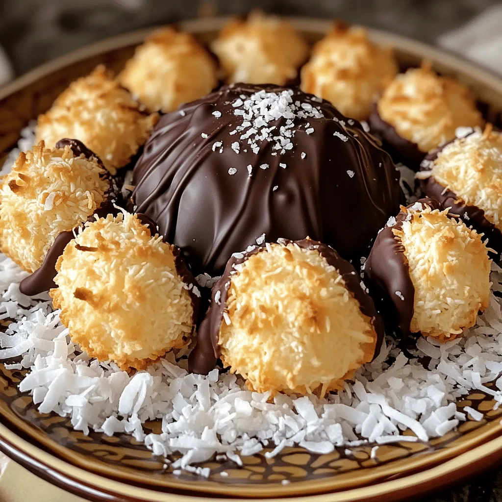 To make Coconut Macaroons with Dark Chocolate, gather these tasty ingredients: - 2 ½ cups shredded coconut (unsweetened) - 1 cup sweetened condensed milk - 1 teaspoon vanilla extract - 1/4 teaspoon almond extract (optional) - 1/4 teaspoon salt - 2 large egg whites - 1/4 cup granulated sugar - 1 cup dark chocolate chips (or chopped dark chocolate) - Sea salt flakes (for sprinkling, optional) Each ingredient plays a key role in creating a chewy, sweet treat. The shredded coconut gives the macaroon its signature texture. Sweetened condensed milk adds a rich sweetness. The vanilla and optional almond extracts bring a lovely flavor depth. Egg whites help the macaroons hold their shape and add lightness. Using dark chocolate for dipping elevates the dessert with a bold taste. A sprinkle of sea salt on top can enhance the chocolate’s flavor. The balance of sweet and salty makes each bite a delight. For the full recipe, check the instructions to create these delicious bites! - Preheat the Oven Start by preheating your oven to 325°F (160°C). This step is key for even baking. - Mix Coconut Base In a large bowl, combine 2 ½ cups of shredded coconut, 1 cup of sweetened condensed milk, 1 teaspoon of vanilla extract, 1/4 teaspoon of almond extract (if using), and 1/4 teaspoon of salt. Stir well until everything blends perfectly. - Whip Egg Whites In another bowl, beat 2 large egg whites until soft peaks form. Slowly add 1/4 cup of granulated sugar while beating. Continue until you see stiff peaks. This step adds fluffiness to your macaroons. - Combine Mixtures Gently fold the coconut mix into the whipped egg whites. Be careful not to deflate the whites. You want a light and airy mix for your macaroons. - Shape Macaroons Using a small cookie scoop or your hands, form the mixture into small mounds. Place them on a lined baking sheet, leaving about 1 inch between each mound. - Bake Bake the macaroons for 15-18 minutes, or until the edges turn a light golden brown. Keep an eye on them to avoid over-baking. - Cool Down After baking, let the macaroons cool on the sheet for about 10 minutes. Then, move them to a wire rack to cool fully. - Melt Chocolate While cooling, melt 1 cup of dark chocolate chips in a microwave-safe bowl. Heat in 30-second intervals, stirring until smooth. - Dip Macaroons Once cool, dip the bottoms of the macaroons into the melted chocolate. Let any extra chocolate drip off. Place them back on the parchment paper. - Add Finishing Touch If you like, sprinkle a pinch of sea salt flakes on top of the chocolate before it hardens. This adds a nice contrast to the sweet flavors. - Set Allow the chocolate to harden at room temperature or place in the fridge for about 15-20 minutes. Enjoy your delightful coconut macaroons with dark chocolate, following the full recipe for best results! How to achieve the perfect golden brown To get that nice golden color, watch your macaroons closely. Bake them until the edges turn light brown. This usually takes about 15 to 18 minutes. If you see them browning too fast, lower the heat slightly. Preventing over-baking Over-baking can make your macaroons dry. Check them a few minutes before the timer goes off. If they look golden but not brown, take them out. They will continue to cook on the baking sheet after you remove them. Presentation ideas For a lovely look, arrange the macaroons on a nice plate. You can sprinkle some extra coconut on top. A drizzle of melted chocolate also adds a great touch. Pairing with beverages Coconut macaroons pair well with coffee or tea. They also taste great with cold milk or even coconut milk. These drinks enhance the flavors of the macaroons. Tips on egg white handling When whipping egg whites, ensure no yolk gets in. Even a small amount can stop them from whipping well. Use a clean bowl and beaters for best results. Ensuring proper coconut mixture consistency The coconut mixture needs to be thick but not too dry. If it feels crumbly, add a bit more condensed milk. The right mixture holds together well when shaped into mounds. For the full recipe, refer to the instructions above. {{image_2}} You can change the flavor of coconut macaroons by adding extracts. Try coconut extract for a stronger coconut taste. Lemon extract gives a nice zest. You can also mix in some nuts like almonds or walnuts for crunch. Dried fruits, such as cherries or cranberries, can add sweetness and color. The combinations are endless, so feel free to get creative. While dark chocolate is great, you can also use milk chocolate for a sweeter treat. White chocolate offers a rich, creamy taste. If you need a vegan option, choose dairy-free chocolate. Many brands offer tasty vegan chocolate that melts well. No matter what chocolate you pick, it will make your macaroons even more delightful. If you need gluten-free options, rest easy. Coconut macaroons are naturally gluten-free, so you can enjoy them without worry. For those watching sugar intake, consider using low-sugar sweeteners. These swaps let you enjoy a treat that meets your dietary needs. Just remember to keep the balance of flavors right. Enjoy making these adjustments for a perfect bite! To keep your coconut macaroons fresh, store them in an airtight container. Place a piece of parchment paper between layers to prevent sticking. Keep them at room temperature for up to three days. If you want to store them longer, consider moving them to the fridge. The cooler temperature can help maintain their texture while keeping them tasty. If you want to save your macaroons for later, freezing is a great option. To freeze, follow these steps: - Arrange the cooled macaroons on a baking sheet. - Place them in the freezer for about one hour, until they are firm. - Once frozen, transfer them to a freezer-safe bag or container. This way, they can last up to three months in the freezer without losing flavor. When you want to enjoy your macaroons again, thaw them properly. Here are some tips for thawing: - Remove the macaroons from the freezer. - Let them sit at room temperature for about 30 minutes. - For a quick thaw, you can use the microwave on low power for 10-second intervals, checking often. This method helps keep their texture and taste just right. Enjoy your coconut macaroons with dark chocolate delight whenever you wish! How do I know when macaroons are done? You will know macaroons are done when they turn golden brown at the edges. They should feel firm but still soft inside. Keep an eye on them to avoid burning. Can I make these macaroons without egg whites? Yes, you can make macaroons without egg whites. Use aquafaba, the liquid from canned chickpeas. It whips up nicely and works as a great egg white substitute. How to fix a runny coconut mixture? If your coconut mixture is too runny, add more shredded coconut. Start with a few tablespoons and mix well until you achieve the right consistency. Best ways to serve coconut macaroons Serve coconut macaroons on a beautiful plate. You can pair them with coffee or tea. They also make a great treat at parties. For a special touch, drizzle chocolate on top. Can they be made ahead of time? Absolutely! You can make macaroons a day in advance. Store them in an airtight container at room temperature. The flavors will be even better the next day! Can I use sweetened coconut for this recipe? Yes, you can use sweetened coconut. Just keep in mind that it will make your macaroons sweeter. If you like a sweeter treat, go for it! What can I substitute for sweetened condensed milk? You can use coconut cream mixed with sugar as a substitute. Another option is to use regular cream with sugar. Adjust the amount of sugar to taste. You now know how to make delicious coconut macaroons. The ingredients mix together nicely, and you can shape them easily. Remember to bake until they are golden brown. Use tips to avoid common baking mistakes and explore tasty variations. Store your macaroons correctly to keep them fresh. With these steps, you can enjoy this treat anytime. Happy baking!