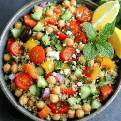 - 1 cup quinoa (rinsed and drained) - 2 cups water or vegetable broth - 1 cup cherry tomatoes, halved - 1 cucumber, diced - 1/2 red onion, finely chopped - 1/2 bell pepper (any color), diced - 1 can (15 oz) chickpeas, rinsed and drained - 1/2 cup kalamata olives, pitted and sliced - 1/4 cup feta cheese, crumbled (optional) - 1/4 cup fresh parsley, chopped - 1/4 cup fresh mint, chopped - 3 tablespoons olive oil - 2 tablespoons lemon juice - 1 teaspoon dried oregano - Salt and pepper to taste When making this Mediterranean quinoa salad, I love to focus on fresh ingredients. Each one adds flavor and texture. Quinoa is the star of this dish. It cooks up fluffy and light. Rinsing it first removes any bitterness. I use water or vegetable broth for cooking quinoa. Vegetable broth adds even more flavor. The cherry tomatoes burst with sweetness. They bring a bright color too. Next, I add a cucumber, red onion, and a bell pepper. The cucumber gives a crisp crunch. The onion adds a mild bite, while the bell pepper brings sweetness. Together, they create a nice balance. For protein, I include chickpeas. They are full of fiber and protein. Kalamata olives add a briny punch, while feta cheese adds a creamy touch. If you want a vegan option, just skip the feta. Herbs like parsley and mint brighten the salad. They add freshness and a pop of green. The dressing is simple. I whisk together olive oil, lemon juice, oregano, salt, and pepper. It ties everything together. This Mediterranean quinoa salad is a perfect dish for lunch or dinner. For the full recipe, check the details above. Enjoy creating this fresh and vibrant meal! - Combine 1 cup of rinsed quinoa and 2 cups of water or broth in a saucepan. - Bring the mixture to a boil, then reduce the heat and simmer for 15 minutes. Cooking quinoa is easy. After 15 minutes, the quinoa should be fluffy. Remove it from heat and let it cool. This step is crucial for the salad's texture. - Mix the cooled quinoa with 1 cup of halved cherry tomatoes, 1 diced cucumber, 1/2 finely chopped red onion, 1/2 diced bell pepper, and 1 can (15 oz) of rinsed chickpeas. - Add 1/2 cup of sliced kalamata olives, 1/4 cup of crumbled feta cheese (if using), 1/4 cup of chopped fresh parsley, and 1/4 cup of chopped fresh mint. This salad bursts with color and flavor. The fresh vegetables add crunch, while chickpeas boost protein. - In a small bowl, whisk together 3 tablespoons of olive oil, 2 tablespoons of lemon juice, 1 teaspoon of dried oregano, and salt and pepper to taste. - Pour the dressing over the salad and toss gently to coat everything evenly. A good dressing makes a big difference. The olive oil and lemon juice bring a bright taste to the dish. - Let the salad sit for 15-30 minutes. This time allows the flavors to meld. - Serve chilled or at room temperature for the best experience. Presentation matters. Serve this salad in a large bowl or on individual plates. Add a sprig of mint or a lemon wedge on top for a fresh look. For the full recipe, check the details above. To make your salad shine, rinse your quinoa. This step removes any bitterness. Then, use fresh lemon juice. It brightens every bite and adds zest. You can customize this salad to your liking. Feel free to add different vegetables. Bell peppers and carrots bring color and crunch. If you want a twist, substitute quinoa. Try farro or couscous for a new texture. To boost flavor, add more herbs. Dill or coriander can change the game. A drizzle of balsamic glaze makes the salad pop. It adds depth and sweetness that balances well with the other flavors. For the full recipe, check below! {{image_2}} You can easily make this salad vegan. Just omit the feta cheese for a plant-based option. It still tastes great without it! For the dressing, use tahini instead of olive oil. This swap adds a creamy texture and a nutty flavor. Want to boost the protein? Add grilled chicken or shrimp to your salad. They pair perfectly with the flavors in this dish. You can also add avocado for extra creaminess. It gives a rich taste and makes the salad even more filling. Feel free to switch up the ingredients based on what's in season. Fresh tomatoes in summer or squash in the fall can add variety. You can also try adding roasted vegetables for a warm salad. This adds depth and changes the texture, making it comforting and hearty. Remember, this Mediterranean quinoa salad is versatile. You can explore many flavors and textures, making it your own! For the full recipe, check out the details above. To keep your Mediterranean quinoa salad fresh, store it in an airtight container in the fridge. This way, you can enjoy it later without losing flavor or texture. It’s best consumed within 3-4 days. After that, the veggies may start to wilt, and the quinoa can dry out. Freezing this salad is not recommended. When you freeze quinoa salad, the texture changes. The vegetables become mushy, and that fresh crunch disappears. For the best taste and texture, enjoy it fresh. If you prefer to serve the salad warm, lightly heat it in a pan. Add a splash of water to help keep it moist. However, I recommend serving it chilled for maximum freshness. The flavors shine when the salad is served cold, making every bite delightful. - Approximately 15 minutes once brought to a boil. Quinoa cooks quickly, which I love. Just bring water or broth to a boil, add the rinsed quinoa, then reduce the heat. Cover and let it simmer until it absorbs all the liquid. You’ll know it’s done when it looks fluffy. - Yes, it can be made up to a day in advance; flavors improve with time. Making this salad ahead is great for meal prep. It allows the flavors to blend and taste even better when you serve it. Just store it in the fridge and enjoy later. - Other grains like couscous, bulgur, or farro work well. If you can't find quinoa, don’t worry! Those grains add a nice texture too. You can try any of them, and they will taste amazing with the salad. - Yes, quinoa is naturally gluten-free. This makes it perfect for gluten-free diets. You can enjoy this dish without any worries about gluten. - While fresh is best, canned vegetables can be used for convenience. If you’re short on time, canned veggies are a quick fix. Just rinse them well before adding to the salad. - Rich in fiber, protein, and healthy fats; detailed nutritional info can be provided. This salad is not just tasty; it’s healthy too. Quinoa packs a protein punch, while the veggies add fiber and nutrients. Enjoying this salad supports a balanced diet. For more details, check the full recipe. This Mediterranean quinoa salad is full of great flavors and healthy ingredients. Combine quinoa, fresh veggies, chickpeas, and herbs to make a filling meal. You can customize it with different toppings or dressings, depending on your taste. Keep leftovers in the fridge for a few days, but enjoy the salad fresh for the best flavor. This dish is easy to make and is perfect for any occasion. You'll love how simple it is to create a delicious and nutritious meal.