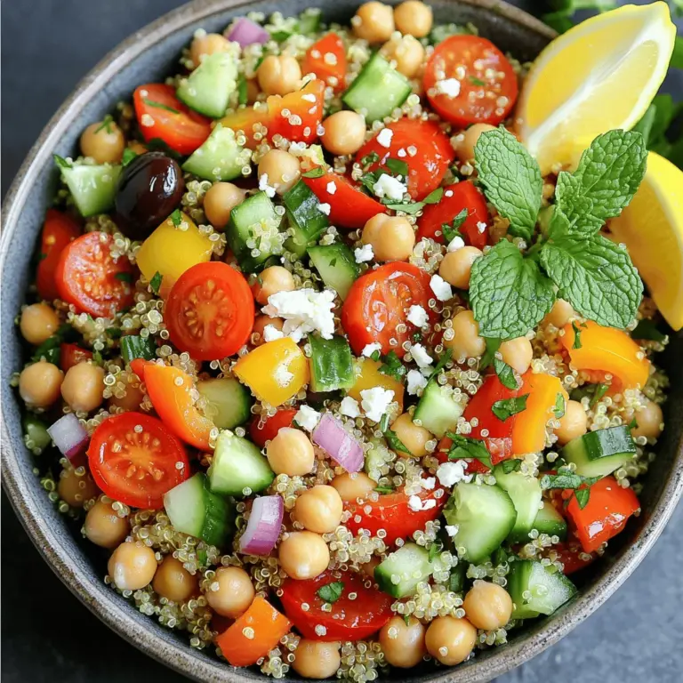 - 1 cup quinoa (rinsed and drained) - 2 cups water or vegetable broth - 1 cup cherry tomatoes, halved - 1 cucumber, diced - 1/2 red onion, finely chopped - 1/2 bell pepper (any color), diced - 1 can (15 oz) chickpeas, rinsed and drained - 1/2 cup kalamata olives, pitted and sliced - 1/4 cup feta cheese, crumbled (optional) - 1/4 cup fresh parsley, chopped - 1/4 cup fresh mint, chopped - 3 tablespoons olive oil - 2 tablespoons lemon juice - 1 teaspoon dried oregano - Salt and pepper to taste When making this Mediterranean quinoa salad, I love to focus on fresh ingredients. Each one adds flavor and texture. Quinoa is the star of this dish. It cooks up fluffy and light. Rinsing it first removes any bitterness. I use water or vegetable broth for cooking quinoa. Vegetable broth adds even more flavor. The cherry tomatoes burst with sweetness. They bring a bright color too. Next, I add a cucumber, red onion, and a bell pepper. The cucumber gives a crisp crunch. The onion adds a mild bite, while the bell pepper brings sweetness. Together, they create a nice balance. For protein, I include chickpeas. They are full of fiber and protein. Kalamata olives add a briny punch, while feta cheese adds a creamy touch. If you want a vegan option, just skip the feta. Herbs like parsley and mint brighten the salad. They add freshness and a pop of green. The dressing is simple. I whisk together olive oil, lemon juice, oregano, salt, and pepper. It ties everything together. This Mediterranean quinoa salad is a perfect dish for lunch or dinner. For the full recipe, check the details above. Enjoy creating this fresh and vibrant meal! - Combine 1 cup of rinsed quinoa and 2 cups of water or broth in a saucepan. - Bring the mixture to a boil, then reduce the heat and simmer for 15 minutes. Cooking quinoa is easy. After 15 minutes, the quinoa should be fluffy. Remove it from heat and let it cool. This step is crucial for the salad's texture. - Mix the cooled quinoa with 1 cup of halved cherry tomatoes, 1 diced cucumber, 1/2 finely chopped red onion, 1/2 diced bell pepper, and 1 can (15 oz) of rinsed chickpeas. - Add 1/2 cup of sliced kalamata olives, 1/4 cup of crumbled feta cheese (if using), 1/4 cup of chopped fresh parsley, and 1/4 cup of chopped fresh mint. This salad bursts with color and flavor. The fresh vegetables add crunch, while chickpeas boost protein. - In a small bowl, whisk together 3 tablespoons of olive oil, 2 tablespoons of lemon juice, 1 teaspoon of dried oregano, and salt and pepper to taste. - Pour the dressing over the salad and toss gently to coat everything evenly. A good dressing makes a big difference. The olive oil and lemon juice bring a bright taste to the dish. - Let the salad sit for 15-30 minutes. This time allows the flavors to meld. - Serve chilled or at room temperature for the best experience. Presentation matters. Serve this salad in a large bowl or on individual plates. Add a sprig of mint or a lemon wedge on top for a fresh look. For the full recipe, check the details above. To make your salad shine, rinse your quinoa. This step removes any bitterness. Then, use fresh lemon juice. It brightens every bite and adds zest. You can customize this salad to your liking. Feel free to add different vegetables. Bell peppers and carrots bring color and crunch. If you want a twist, substitute quinoa. Try farro or couscous for a new texture. To boost flavor, add more herbs. Dill or coriander can change the game. A drizzle of balsamic glaze makes the salad pop. It adds depth and sweetness that balances well with the other flavors. For the full recipe, check below! {{image_2}} You can easily make this salad vegan. Just omit the feta cheese for a plant-based option. It still tastes great without it! For the dressing, use tahini instead of olive oil. This swap adds a creamy texture and a nutty flavor. Want to boost the protein? Add grilled chicken or shrimp to your salad. They pair perfectly with the flavors in this dish. You can also add avocado for extra creaminess. It gives a rich taste and makes the salad even more filling. Feel free to switch up the ingredients based on what's in season. Fresh tomatoes in summer or squash in the fall can add variety. You can also try adding roasted vegetables for a warm salad. This adds depth and changes the texture, making it comforting and hearty. Remember, this Mediterranean quinoa salad is versatile. You can explore many flavors and textures, making it your own! For the full recipe, check out the details above. To keep your Mediterranean quinoa salad fresh, store it in an airtight container in the fridge. This way, you can enjoy it later without losing flavor or texture. It’s best consumed within 3-4 days. After that, the veggies may start to wilt, and the quinoa can dry out. Freezing this salad is not recommended. When you freeze quinoa salad, the texture changes. The vegetables become mushy, and that fresh crunch disappears. For the best taste and texture, enjoy it fresh. If you prefer to serve the salad warm, lightly heat it in a pan. Add a splash of water to help keep it moist. However, I recommend serving it chilled for maximum freshness. The flavors shine when the salad is served cold, making every bite delightful. - Approximately 15 minutes once brought to a boil. Quinoa cooks quickly, which I love. Just bring water or broth to a boil, add the rinsed quinoa, then reduce the heat. Cover and let it simmer until it absorbs all the liquid. You’ll know it’s done when it looks fluffy. - Yes, it can be made up to a day in advance; flavors improve with time. Making this salad ahead is great for meal prep. It allows the flavors to blend and taste even better when you serve it. Just store it in the fridge and enjoy later. - Other grains like couscous, bulgur, or farro work well. If you can't find quinoa, don’t worry! Those grains add a nice texture too. You can try any of them, and they will taste amazing with the salad. - Yes, quinoa is naturally gluten-free. This makes it perfect for gluten-free diets. You can enjoy this dish without any worries about gluten. - While fresh is best, canned vegetables can be used for convenience. If you’re short on time, canned veggies are a quick fix. Just rinse them well before adding to the salad. - Rich in fiber, protein, and healthy fats; detailed nutritional info can be provided. This salad is not just tasty; it’s healthy too. Quinoa packs a protein punch, while the veggies add fiber and nutrients. Enjoying this salad supports a balanced diet. For more details, check the full recipe. This Mediterranean quinoa salad is full of great flavors and healthy ingredients. Combine quinoa, fresh veggies, chickpeas, and herbs to make a filling meal. You can customize it with different toppings or dressings, depending on your taste. Keep leftovers in the fridge for a few days, but enjoy the salad fresh for the best flavor. This dish is easy to make and is perfect for any occasion. You'll love how simple it is to create a delicious and nutritious meal.