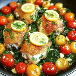 - 4 boneless, skinless chicken thighs - 1 tablespoon olive oil - 4 cloves garlic, minced - 2 lemons (1 juiced, 1 sliced) - 1 teaspoon dried oregano - 1 teaspoon dried thyme - Salt and pepper to taste - 1 cup cherry tomatoes - 1 cup baby spinach - Fresh parsley for garnish When making One-Pan Lemon Garlic Chicken, the right ingredients matter. The main star here is the chicken. I love using boneless, skinless chicken thighs for their rich flavor and juicy texture. They cook evenly and stay moist. You will want fresh garlic to really boost the taste. Minced garlic adds a nice kick. The olive oil helps everything brown nicely. Next, lemons bring that perfect zing. I use one lemon for juice and another for slices. The juice brightens the dish, while the slices look stunning. Herbs like oregano and thyme add depth. They balance the lemon and garlic. I also suggest using salt and pepper to season the chicken well. Cherry tomatoes and baby spinach are great extras. The tomatoes burst with flavor, and the spinach adds color and nutrients. Don’t forget the fresh parsley for a beautiful finish. These simple ingredients come together to create a dish that is easy and flavorful. Check out the Full Recipe for more details on how to make this delicious meal! First, preheat your oven to 400°F (200°C). This step is key for even cooking. While the oven heats, grab your chicken thighs. Season both sides with salt, pepper, oregano, and thyme. This mix gives the chicken great flavor. Next, heat the olive oil in a large oven-safe skillet over medium heat. Once hot, add the seasoned chicken thighs. Sear them for about 4-5 minutes on each side. You want them to turn golden brown. After browning the chicken, add the minced garlic. Cook it for one more minute until it smells amazing. Then, pour the lemon juice over the chicken. Place lemon slices on top for extra zest. Now, arrange the cherry tomatoes around the chicken in the skillet. This adds a burst of color and flavor. Transfer the skillet to the preheated oven. Bake for 20-25 minutes. The chicken should reach an internal temperature of 165°F (75°C). In the last 5 minutes, add the baby spinach to the skillet. It will wilt beautifully. Finally, take the skillet out of the oven and garnish with fresh parsley. Enjoy your one-pan lemon garlic chicken! For the full recipe, check out the details above. To make your chicken truly shine, use the right seasonings. I love a mix of salt, pepper, oregano, and thyme. These spices add depth and enhance the lemon flavor. For a crispy skin, start with a hot pan. Sear the chicken thighs for about 4-5 minutes on each side. This step locks in moisture and gives a nice golden crust. Different cuts of chicken need different cook times. Chicken thighs cook faster than breasts. Always check the internal temperature. It should reach 165°F (75°C) for safety. Use a meat thermometer for best results. This way, you avoid dry chicken and ensure juicy bites. When plating, arrange the chicken nicely on a plate. Add the cherry tomatoes and spinach around it. This makes everything look fresh and colorful. For garnishing, sprinkle fresh parsley on top. It adds a pop of color and a hint of flavor. Want to impress? Serve with lemon wedges on the side for that extra zing. For the full recipe, check out the One-Pan Lemon Garlic Chicken. {{image_2}} You can easily swap chicken thighs for chicken breasts. Breasts are leaner but may dry out faster. If you want a juicier dish, stick with thighs. For herbs, try fresh rosemary or basil instead of dried oregano and thyme. Each herb brings its own twist to the flavor. If you prefer, you can cook this dish using just a skillet. Sear the chicken on the stove, then cover it with a lid. Cook it on low heat until the chicken is done. You can also adapt this recipe for a slow cooker. Just place all the ingredients in the slow cooker. Cook on low for about 4-6 hours or until the chicken is tender. For low-carb options, skip the cherry tomatoes and spinach. Use cauliflower rice as a side instead. To make this dish gluten-free, ensure your spices do not contain gluten. Most dried herbs and spices are safe, so you can enjoy this meal worry-free. After you enjoy your One-Pan Lemon Garlic Chicken, store leftovers in an airtight container. This helps keep the flavors fresh. You can keep it in the fridge for up to three days. When reheating, aim for a low heat. This warms the chicken without drying it out. You can use a skillet or microwave for this. If using a microwave, cover the dish to keep moisture in. Heat in short bursts, checking often to avoid overcooking. If you want to save some for later, freezing is a great option. Let the chicken cool completely before placing it in a freezer-safe container. Label the container with the date. You can freeze the dish for up to three months. When you're ready to eat it, move it to the fridge to thaw overnight. For quick thawing, you can use the microwave on the defrost setting. After thawing, reheat in a skillet until the chicken is hot. This keeps the flavor and texture just right. You can pair this chicken with many sides. Rice or quinoa work great. They soak up the lemon sauce well. You might also try roasted vegetables for a healthy choice. A fresh salad adds nice crunch and color too. Garlic bread is a fun option, perfect for dipping. Yes, you can use other meats! Chicken breasts are a good swap. You can also try pork chops for a different flavor. Just adjust the cooking time as needed. Make sure the meat reaches 165°F for safety. To add spice, use red pepper flakes or fresh chili. Mix them with your seasonings. You can also add sliced jalapeños to the skillet. Adjust the amount to match your spice level. This recipe is already dairy-free! It does not include any dairy products. You can enjoy it as is without any changes. Check the internal temperature of the chicken. It should reach 165°F (75°C). You can use a meat thermometer for accuracy. The meat should also be no longer pink inside. This ensures it is safe to eat. For the complete recipe, check the Full Recipe above! This blog post shared a simple and flavorful One-Pan Lemon Garlic Chicken recipe. We covered the key ingredients, step-by-step instructions, and helpful tips. You learned how to make this dish your own with ingredient swaps and cooking methods. Remember, flavor comes from seasoning and careful cooking. Storing leftovers properly helps keep them tasty. Enjoy your meal and share it with friends! Cook well and experiment often for the best results.