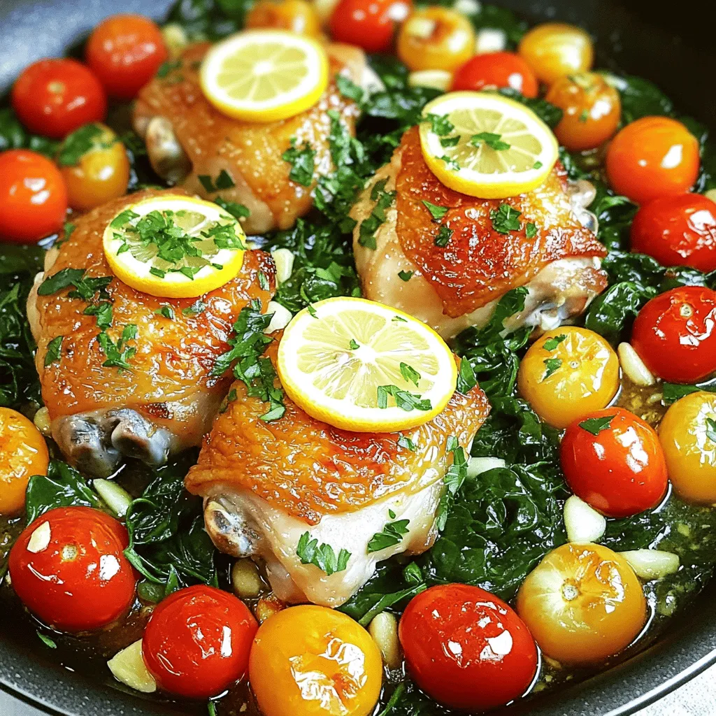 - 4 boneless, skinless chicken thighs - 1 tablespoon olive oil - 4 cloves garlic, minced - 2 lemons (1 juiced, 1 sliced) - 1 teaspoon dried oregano - 1 teaspoon dried thyme - Salt and pepper to taste - 1 cup cherry tomatoes - 1 cup baby spinach - Fresh parsley for garnish When making One-Pan Lemon Garlic Chicken, the right ingredients matter. The main star here is the chicken. I love using boneless, skinless chicken thighs for their rich flavor and juicy texture. They cook evenly and stay moist. You will want fresh garlic to really boost the taste. Minced garlic adds a nice kick. The olive oil helps everything brown nicely. Next, lemons bring that perfect zing. I use one lemon for juice and another for slices. The juice brightens the dish, while the slices look stunning. Herbs like oregano and thyme add depth. They balance the lemon and garlic. I also suggest using salt and pepper to season the chicken well. Cherry tomatoes and baby spinach are great extras. The tomatoes burst with flavor, and the spinach adds color and nutrients. Don’t forget the fresh parsley for a beautiful finish. These simple ingredients come together to create a dish that is easy and flavorful. Check out the Full Recipe for more details on how to make this delicious meal! First, preheat your oven to 400°F (200°C). This step is key for even cooking. While the oven heats, grab your chicken thighs. Season both sides with salt, pepper, oregano, and thyme. This mix gives the chicken great flavor. Next, heat the olive oil in a large oven-safe skillet over medium heat. Once hot, add the seasoned chicken thighs. Sear them for about 4-5 minutes on each side. You want them to turn golden brown. After browning the chicken, add the minced garlic. Cook it for one more minute until it smells amazing. Then, pour the lemon juice over the chicken. Place lemon slices on top for extra zest. Now, arrange the cherry tomatoes around the chicken in the skillet. This adds a burst of color and flavor. Transfer the skillet to the preheated oven. Bake for 20-25 minutes. The chicken should reach an internal temperature of 165°F (75°C). In the last 5 minutes, add the baby spinach to the skillet. It will wilt beautifully. Finally, take the skillet out of the oven and garnish with fresh parsley. Enjoy your one-pan lemon garlic chicken! For the full recipe, check out the details above. To make your chicken truly shine, use the right seasonings. I love a mix of salt, pepper, oregano, and thyme. These spices add depth and enhance the lemon flavor. For a crispy skin, start with a hot pan. Sear the chicken thighs for about 4-5 minutes on each side. This step locks in moisture and gives a nice golden crust. Different cuts of chicken need different cook times. Chicken thighs cook faster than breasts. Always check the internal temperature. It should reach 165°F (75°C) for safety. Use a meat thermometer for best results. This way, you avoid dry chicken and ensure juicy bites. When plating, arrange the chicken nicely on a plate. Add the cherry tomatoes and spinach around it. This makes everything look fresh and colorful. For garnishing, sprinkle fresh parsley on top. It adds a pop of color and a hint of flavor. Want to impress? Serve with lemon wedges on the side for that extra zing. For the full recipe, check out the One-Pan Lemon Garlic Chicken. {{image_2}} You can easily swap chicken thighs for chicken breasts. Breasts are leaner but may dry out faster. If you want a juicier dish, stick with thighs. For herbs, try fresh rosemary or basil instead of dried oregano and thyme. Each herb brings its own twist to the flavor. If you prefer, you can cook this dish using just a skillet. Sear the chicken on the stove, then cover it with a lid. Cook it on low heat until the chicken is done. You can also adapt this recipe for a slow cooker. Just place all the ingredients in the slow cooker. Cook on low for about 4-6 hours or until the chicken is tender. For low-carb options, skip the cherry tomatoes and spinach. Use cauliflower rice as a side instead. To make this dish gluten-free, ensure your spices do not contain gluten. Most dried herbs and spices are safe, so you can enjoy this meal worry-free. After you enjoy your One-Pan Lemon Garlic Chicken, store leftovers in an airtight container. This helps keep the flavors fresh. You can keep it in the fridge for up to three days. When reheating, aim for a low heat. This warms the chicken without drying it out. You can use a skillet or microwave for this. If using a microwave, cover the dish to keep moisture in. Heat in short bursts, checking often to avoid overcooking. If you want to save some for later, freezing is a great option. Let the chicken cool completely before placing it in a freezer-safe container. Label the container with the date. You can freeze the dish for up to three months. When you're ready to eat it, move it to the fridge to thaw overnight. For quick thawing, you can use the microwave on the defrost setting. After thawing, reheat in a skillet until the chicken is hot. This keeps the flavor and texture just right. You can pair this chicken with many sides. Rice or quinoa work great. They soak up the lemon sauce well. You might also try roasted vegetables for a healthy choice. A fresh salad adds nice crunch and color too. Garlic bread is a fun option, perfect for dipping. Yes, you can use other meats! Chicken breasts are a good swap. You can also try pork chops for a different flavor. Just adjust the cooking time as needed. Make sure the meat reaches 165°F for safety. To add spice, use red pepper flakes or fresh chili. Mix them with your seasonings. You can also add sliced jalapeños to the skillet. Adjust the amount to match your spice level. This recipe is already dairy-free! It does not include any dairy products. You can enjoy it as is without any changes. Check the internal temperature of the chicken. It should reach 165°F (75°C). You can use a meat thermometer for accuracy. The meat should also be no longer pink inside. This ensures it is safe to eat. For the complete recipe, check the Full Recipe above! This blog post shared a simple and flavorful One-Pan Lemon Garlic Chicken recipe. We covered the key ingredients, step-by-step instructions, and helpful tips. You learned how to make this dish your own with ingredient swaps and cooking methods. Remember, flavor comes from seasoning and careful cooking. Storing leftovers properly helps keep them tasty. Enjoy your meal and share it with friends! Cook well and experiment often for the best results.
