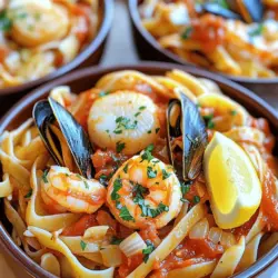 - Shrimp, mussels, and scallops - Freshness and selection tips For this seafood pasta, I love using shrimp, mussels, and scallops. Each adds a unique taste and texture. When choosing shrimp, look for ones that are firm and slightly sweet. Mussels should be closed and smell like the ocean. Scallops should feel dry and have a sweet scent. Freshness is key for the best flavor. - Linguine vs other pasta types - Cooking tips for al dente pasta I prefer linguine for seafood pasta. Its flat shape holds sauce well. You can use spaghetti or fettuccine too. Cook your pasta in salted water until it’s al dente. This means it should be firm when you bite it. Save some pasta water before draining. This water helps the sauce stick. - Garlic and onion - Diced tomatoes and spices Garlic and onion are my go-to for flavor. They create a lovely base for the dish. Use fresh garlic, as it adds a strong taste. Diced tomatoes add sweetness and acidity. You can spice things up with red pepper flakes. This adds a little heat, but it’s optional. To start, boil salted water in a large pot. Add 250g of linguine and cook it until al dente. This means it should be firm but not hard. It usually takes about 8 to 10 minutes. After cooking, remember to reserve 1 cup of that pasta water, then drain the linguine. This water holds starch, which helps bind the sauce later. In a large skillet, heat 2 tablespoons of olive oil over medium heat. Add 1 small finely chopped onion. Sauté it until it turns translucent, which takes about 3-4 minutes. Then, add 3 minced garlic cloves and sprinkle in red pepper flakes if you like a little heat. Cook this for another 1-2 minutes until it smells great. Now, pour in a can of diced tomatoes, including their juice. Let this mixture simmer for about 5 minutes. Next, add 200g shrimp, 200g cleaned mussels, and 100g scallops. Stir gently to mix everything. Cover the skillet and let the seafood steam for about 5-7 minutes. You’ll know it’s ready when the mussels open and the shrimp turn pink. Discard any mussels that do not open. Once the seafood is cooked, toss the drained linguine into the skillet. Add the reserved pasta water to help combine everything. Stir well to mix all the ingredients. To brighten the dish, add the zest and juice of 1 lemon. Season with salt and pepper to taste. Let it sit for a minute to let the flavors blend. You can find the full recipe for this delicious meal in the previous section. To make your seafood shine, start with shrimp. First, remove the shell and tail. Then, use a knife to slice along the back. This reveals the dark vein. Rinse under cold water to clean. For mussels, scrub the shells with a brush to remove dirt. Pull off the beards gently. Discard any mussels that are open and do not close when tapped. Scallops should be dry and firm. Pat them with a paper towel to prepare. Using reserved pasta water is a game changer. It has starch that helps sauce stick to pasta. After draining your linguine, save a cup of that water. Add it slowly to your dish for a creamy texture. Balancing seasoning is key. Start with salt and pepper. Taste as you go. A splash of lemon juice adds brightness. It cuts through richness and lifts flavors. Aim for a well-rounded taste. For a beautiful presentation, serve your seafood pasta in deep bowls. Top with fresh parsley for color. Add a lemon wedge on the side for a pop of brightness. A drizzle of olive oil enhances the look and taste. Pair your dish with a light salad or crusty bread. A glass of white wine works well too. It complements the seafood and enriches the meal. Enjoy your flavorful seafood pasta! {{image_2}} You can easily switch out seafood in this dish. If you want to try different seafood, consider using squid or crab. These options add new flavors and textures. For a vegetarian twist, use mushrooms or artichokes. They give a rich taste and a nice bite. To enhance the taste, add fresh herbs like basil or oregano. These herbs bring a fresh aroma and flavor. You can also sprinkle in some lemon zest for extra brightness. If you like heat, add more red pepper flakes. Adjust the amount based on your spice level preference. If you prefer a healthier option, try whole wheat pasta. It has more fiber and a nuttier taste. Gluten-free pasta is also a great choice for those with allergies. You can use penne or fusilli instead of linguine. These shapes hold the sauce well and make each bite delicious. To keep your leftover seafood pasta fresh, store it right. First, let it cool down. Then, place it in an airtight container. This helps prevent odors from other foods. Use glass or plastic containers that seal tightly. Label the container with the date. This way, you know when you made it. When it's time to enjoy your leftovers, use the best methods for reheating. The microwave is quick but can dry out seafood. Instead, try reheating on the stove. Put the pasta in a pan with a splash of water or broth. Heat it over low heat. Stir gently until warm. This keeps the seafood tender and juicy. You can freeze seafood pasta, but it’s best to eat it fresh. If you want to freeze it, cool the pasta first. Then, place it in a freezer-safe container. Make sure to remove as much air as you can. To thaw frozen pasta, move it to the fridge overnight. For reheating, follow the same stovetop method. This keeps the flavors bright and delicious. If you want to skip seafood, try using chicken or tofu. Both options work well in this dish. Chicken adds a savory flavor. Tofu soaks up the sauce nicely. You can also use vegetables like zucchini or bell peppers for a tasty vegetarian option. Seafood pasta stays good in the fridge for about 2-3 days. Store it in an airtight container. This keeps the flavors fresh and safe to eat. Just make sure to check for any signs of spoilage before eating. You can prep the seafood pasta ahead. Cook the pasta and store it separately from the seafood. This way, the pasta won't get mushy. When ready to eat, heat the seafood mixture and combine it with the pasta. This helps keep everything fresh. A crisp white wine complements seafood pasta best. Try a Pinot Grigio or Sauvignon Blanc. These wines enhance the flavors without overpowering the dish. If you prefer red, a light Pinot Noir works too. Enjoy your meal with a glass of your choice! This article covered key points on preparing a seafood pasta dish. We explored seafood choices like shrimp and scallops, cooking pasta al dente, and adding flavors with garlic and tomatoes. Remember to reserve pasta water for the best taste. I shared tips for perfecting seafood prep and highlighted variations for different diets. Now, whether you enjoy this dish fresh or as leftovers, follow the storage tips for optimal flavor. Dive into your culinary adventures, and enjoy tasty meals made with care!