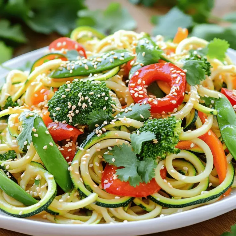 To make a tasty zucchini noodle stir-fry, you need these simple ingredients: - 3 medium zucchinis, spiralized into noodles - 1 red bell pepper, sliced into thin strips - 1 cup broccoli florets - 1 cup snap peas - 1 carrot, julienned - 2 cloves garlic, minced - 1 tablespoon ginger, minced - 3 tablespoons soy sauce (or tamari for gluten-free) - 1 tablespoon sesame oil - 1 tablespoon olive oil - 1 teaspoon sesame seeds (for garnish) - Salt and pepper to taste These fresh veggies bring color and crunch. The zucchinis serve as a great base, making this meal light and fun. To make your dish even better, consider these garnishes: - Extra sesame seeds - Fresh cilantro leaves - Chopped green onions - Lime wedges These add flavor and make the dish look pretty. Garnishes help brighten the meal and make it more appealing. If you have specific dietary needs, here are some swaps: - Use gluten-free soy sauce or tamari for a gluten-free option. - Swap the sesame oil for avocado oil if you're allergic to sesame. - Try other veggies like bell peppers, mushrooms, or zucchini. These alternatives keep the dish delicious while fitting your needs. You can still enjoy a great flavor profile with smart swaps. For the full recipe, be sure to check the complete instructions! Start by spiralizing the zucchinis into noodles. A spiralizer makes this easy and fun. Aim for three medium zucchinis for the best texture. Once you have your noodles, set them aside for later. This step keeps the noodles fresh and ready to cook. In a large skillet or wok, heat one tablespoon of olive oil over medium-high heat. Add two cloves of minced garlic and one tablespoon of minced ginger. Sauté these for about 30 seconds. You want to smell the great aroma. Next, toss in one sliced red bell pepper, one cup of broccoli florets, one cup of snap peas, and one julienned carrot. Stir-fry these veggies for 4-5 minutes until they feel tender but still crisp. This keeps the colors bright and fresh. Now it's time to bring it all together. Add the zucchini noodles to the skillet. Pour in three tablespoons of soy sauce and one tablespoon of sesame oil. Gently toss everything together for 2-3 minutes. You want the zucchini noodles to heat up but stay a bit crunchy. Season with salt and pepper to taste. Finally, remove from heat and sprinkle one teaspoon of sesame seeds on top for a nice crunch. For the full experience, check out the Full Recipe. To get the best texture in zucchini noodle stir-fry, avoid overcooking. Zucchini cooks fast and can turn mushy. I suggest cooking them for just 2-3 minutes. This leaves them slightly crunchy. You want a nice bite without losing the fresh taste. If you like, use a veggie peeler for wider noodles. Wider noodles hold sauce well and add fun to your dish. For extra flavor, try adding a touch of chili flakes or a splash of rice vinegar. They bring heat and tang to your dish. Fresh herbs like cilantro or basil can also brighten the meal. Toss them in right before serving. This keeps their flavor fresh and vibrant. You can even add a squeeze of lime for a zesty kick. When you cook, make sure your skillet or wok is hot. This helps all the veggies cook evenly. Start with garlic and ginger in hot oil to release their flavors. Stir-fry quickly and keep the vegetables moving. This avoids burning and helps them cook evenly. If your veggies start to stick, add a bit more oil. This keeps everything moving and flavors mingling. For the full recipe, check out the Zucchini Noodle Stir-Fry! {{image_2}} You can add protein to your zucchini noodle stir-fry for a more filling meal. Tofu is great for a plant-based option. Just cube it and sauté it until golden. Chicken is another tasty choice. Cook bite-sized pieces until they are no longer pink. Shrimp cooks quickly and adds a nice flavor. Just toss them in for a few minutes until they turn pink. Each protein will give your dish a unique taste. This recipe is easy to make vegan and gluten-free. Use tamari instead of soy sauce for gluten-free. For a vegan twist, simply skip the proteins or use tofu. You can also add nuts like cashews or almonds for a crunchy texture. This keeps the dish satisfying without meat. Feel free to swap in seasonal veggies. Summer means fresh bell peppers and zucchini. In fall, you might want to use butternut squash or kale. Winter brings sturdy greens like bok choy. Each season offers new flavors. You can be creative and adjust the recipe based on what’s fresh and available. This keeps the dish exciting and helps you use up what you have. Check out the Full Recipe for more ideas! To keep your Zucchini Noodle Stir-Fry fresh, store it in an airtight container. Make sure to let it cool to room temperature first. Place the container in the fridge. Use the leftovers within three days for the best taste. When you're ready to eat, reheat the stir-fry on the stove. Use medium heat in a skillet. Add a splash of water or oil to help it warm up. Stir often until it’s heated through. This method keeps the noodles from getting mushy. You can also use the microwave. Heat in short intervals, stirring in between. If you want to freeze your stir-fry, first cool it completely. Use a freezer-safe container, leaving some space at the top for expansion. It can last up to two months in the freezer. To thaw, move it to the fridge overnight. Reheat thoroughly before serving. Keep in mind that zucchini can lose some texture when frozen, so it may be softer when reheated. For the full recipe, visit the complete guide. Yes, you can use other types of noodles. Rice noodles, whole wheat, or egg noodles work well. Each option gives a different taste and texture. If you prefer gluten-free, rice noodles are a great choice. Just cook them according to package instructions. Add them to the stir-fry like you would the zucchini noodles. You can make zucchini noodles without a spiralizer. Use a peeler or a box grater instead. A peeler creates thin strips of zucchini. A box grater gives you a finer noodle. Both methods work well for stir-fry. Just be sure to cut them evenly for cooking. Zucchini noodles are low in calories and carbs. They are rich in vitamins A and C. Eating zucchini can help with digestion due to its fiber. Zucchini noodles also keep you full longer. They are a great way to add veggies to your diet. Try this recipe for a tasty and healthy dish! For the full recipe, click [Full Recipe]. You learned how to make a tasty zucchini noodle stir-fry. We covered the main ingredients, cooking steps, and useful tips. You saw how to customize it for your taste and diet. Storing leftovers is easy if you follow the right steps. Experiment with your stir-fry and have fun! With fresh flavors and simple steps, you can create a dish you love. Enjoy cooking and sharing this healthy meal!