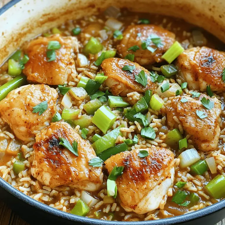 - 1 lb boneless, skinless chicken thighs - 1 cup long-grain rice - 2 cups chicken broth - 1/2 cup onion, finely chopped - 1/2 cup green bell pepper, diced - 1/2 cup celery, diced - 2 cloves garlic, minced - Seasoning: Cajun seasoning, smoked paprika, cayenne pepper, salt, and pepper - 2 green onions, chopped - Fresh parsley, chopped When I make One Pot Chicken and Dirty Rice, I focus on simple, quality ingredients. The chicken thighs are tender and juicy. They add great flavor to the dish. Long-grain rice absorbs all the tasty broth, making each bite delicious. I love using fresh vegetables. The onion, bell pepper, and celery mix well together. They create a base that is both sweet and savory. Adding garlic boosts this dish's flavor to the next level. For seasoning, I use Cajun seasoning for that classic Southern touch. Smoked paprika adds depth, while cayenne pepper gives a bit of heat. Adjusting these spices lets you make the dish your own. Garnishing is the fun part. Chopped green onions and fresh parsley brighten up the dish. They make it look as good as it tastes. For the full recipe, check out the [Full Recipe]. - Heat olive oil over medium heat. - Season and brown the cubed chicken thighs. First, you want to grab a large pot or Dutch oven. Heat the olive oil until it shimmers. This should take about a minute. Add the cubed chicken thighs to the pot. Sprinkle them with salt, pepper, and Cajun seasoning. Cook the chicken until it turns golden brown on all sides. This should take about 5 to 7 minutes. Once browned, remove the chicken and set it aside on a plate. - Add and soften onion, bell pepper, and celery. - Incorporate minced garlic for extra flavor. Now, in the same pot, toss in the chopped onion, green bell pepper, and celery. Sauté these veggies for about 5 minutes. You want them soft but not mushy. The colors will brighten up as they cook. After they soften, add minced garlic. Cook for one more minute. This will fill your kitchen with a great smell. - Toast the rice with the vegetables. - Add chicken broth and seasonings, and bring to a boil. - Simmer with chicken for 20 minutes. Next, stir in the long-grain rice. Make sure the rice gets coated with all those tasty oils and veggies. Let it toast for about 2 to 3 minutes. Then, pour in the chicken broth. Add the smoked paprika and cayenne pepper. Stir everything well and bring the mixture to a gentle boil. Once boiling, lower the heat and return the browned chicken to the pot. Cover the pot and let it simmer for 20 minutes. This will make the rice tender and flavorful. As the dish cooks, the rich flavors blend together. After 20 minutes, take the pot off the heat. Let it sit for another 5 minutes, covered. This helps all the flavors meld perfectly. Fluff the rice with a fork before serving. For full details on how to make this dish, check out the Full Recipe. To get the best taste in your One Pot Chicken and Dirty Rice, adjust the seasoning. You can add more Cajun seasoning or smoked paprika for extra depth. If you like it spicy, increase the cayenne pepper. It’s all about your personal taste. After cooking, let the dish sit covered for five minutes. This allows the flavors to blend and the rice to finish cooking perfectly. For perfect rice texture, don’t skip the toasting step. Sauté the rice with the vegetables for a few minutes. This locks in flavor and prevents mushiness. To avoid overcooking the chicken, always check for doneness. The chicken should be juicy, not dry. Use a meat thermometer if you have one; it should read 165°F. Serve the dish straight from the pot for a warm, rustic feel. If you want a fancier look, plate it in individual bowls. Top each bowl with extra chopped parsley for a fresh touch. You can also sprinkle some green onions on top for color and crunch. This makes your meal even more inviting! {{image_2}} You can switch out the chicken thighs for bone-in chicken pieces. Bone-in adds rich flavor. You might also try turkey or pork. For a meat-free option, tofu or tempeh works well. Chickpeas or black beans can be great protein sources too. Each of these options keeps the dish hearty and tasty. Long-grain rice is a classic choice, but you can use brown rice for a healthier twist. Quinoa adds a nice nutty flavor and cooks quickly. You can also toss in lentils or black beans for some extra protein. They blend well and add a unique texture to the dish. Want to kick up the flavor? Try adding some extra spices like thyme or oregano. A splash of hot sauce can also add a nice kick. You can mix in vegetables too. Adding carrots or peas gives color and nutrition. These simple changes can make your dish exciting and fresh. After you enjoy One Pot Chicken and Dirty Rice, store any leftovers safely. First, let the dish cool to room temperature. This prevents condensation in your storage container, which can make the rice soggy. Use an airtight container for best results. You can keep it in the fridge for up to three days. If you plan to eat it later, don't wait too long. The flavors taste best fresh. If you want to save your One Pot Chicken and Dirty Rice for later, freezing is a great option. Use a freezer-safe container or heavy-duty freezer bags. Make sure to remove as much air as possible to avoid freezer burn. You can freeze it for up to three months. When you're ready to eat, thaw it in the fridge overnight. To reheat, place it in a pot over low heat. Add a splash of chicken broth or water to help revive the flavors. Stir often until it warms up evenly. This way, you'll enjoy the same delicious taste as the first time! Yes, you can make this dish ahead of time. To prep in advance, follow these tips: - Cook the chicken and rice as directed. - Allow it to cool completely. - Store it in an airtight container in the fridge for up to 3 days. - Reheat gently on the stove or in the microwave. This will help keep the flavor fresh. You can serve several side dishes to enhance your meal. Here are some great options: - Steamed green beans or broccoli for a healthy touch. - A fresh garden salad with a light vinaigrette. - Cornbread for a classic Southern twist. - Roasted vegetables to add color and texture. You can easily change the spice levels in this dish. Here’s how: - Start with less cayenne pepper if you prefer mild heat. - Add more Cajun seasoning for extra flavor without too much heat. - Taste as you go, and adjust to your liking. - You can also add a splash of vinegar to balance out the heat. For the Full Recipe, refer back to the ingredients and instructions. Enjoy your cooking! You learned how to make a tasty one-pot chicken and dirty rice dish. We covered the key ingredients, step-by-step cooking methods, and tips for great flavor. You also discovered variations and storage tips for leftovers. Now, you can create this delicious meal at home. With practice, you will impress your friends and family. Explore the flavors, and don’t hesitate to make it your own!