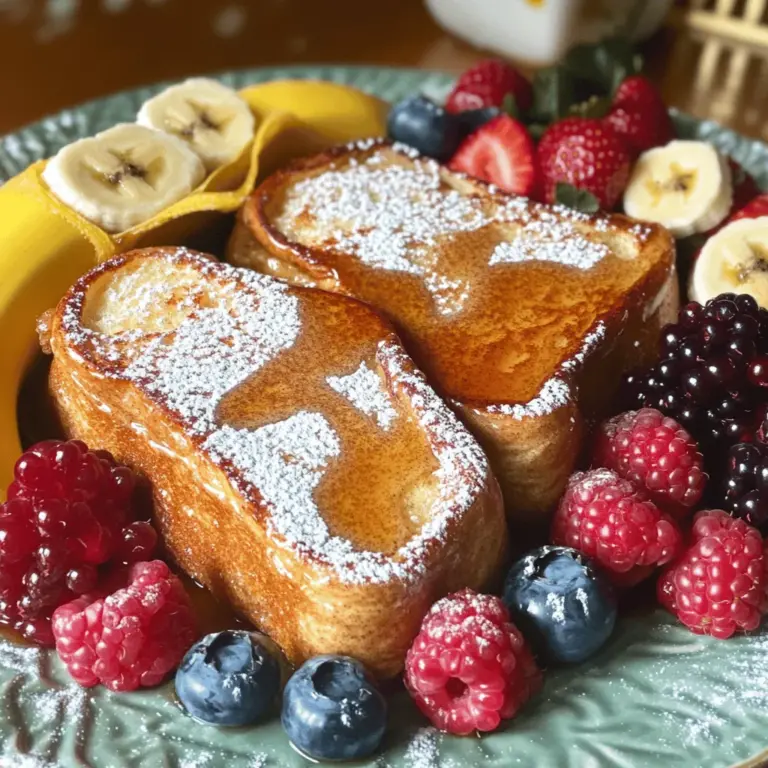 To make the best French toast, you need a few key ingredients: - Thick-cut brioche or challah bread: This bread gives a soft and rich taste. - Eggs: They help bind the mixture and create a fluffy texture. - Milk: Use regular milk or almond milk for a dairy-free option. - Flavor enhancers: A touch of vanilla extract and ground cinnamon adds warmth. These ingredients work together to create a delightful breakfast treat. You can also enhance your French toast with some fun extras: - Sugar and butter for cooking: Sugar can sweeten your toast, and butter adds richness. - Maple syrup and fresh fruit garnishes: Drizzle syrup on top and add berries or banana slices. - Powdered sugar for a finishing touch: A light dusting makes your dish look fancy. Feel free to mix and match these add-ins to suit your taste. For the full recipe, check out Heavenly Cinnamon Vanilla French Toast. To start, grab a medium bowl. In this bowl, whisk together the eggs, milk, vanilla extract, and ground cinnamon. Make sure to mix until everything blends well. You want a smooth, creamy mix. If you like it sweeter, add a tablespoon of sugar. Tips for achieving the perfect consistency: - Use room temperature eggs and milk for a better mix. - Whisk until there are no egg streaks. This gives a uniform flavor. Next, heat a skillet or griddle over medium heat. Add a tablespoon of butter to the pan. Let it melt and coat the surface. Best practices for flipping and cooking times: - Dip each slice of bread into the egg mixture. Coat both sides well, but let excess drip off. - Place the slices on the hot skillet. Cook for about 3-4 minutes on each side. Look for a golden brown color and a slight crisp. Now for the fun part—serving! After cooking, place the French toast on a plate. Drizzle maple syrup on top. You can also add fresh fruit like berries or banana slices for a pop of color. Creative ways to garnish and serve: - Dust with powdered sugar for a sweet touch. - Serve with whipped cream for a special treat. Pairing recommendations for a complete meal: - Enjoy with crispy bacon or sausage for a hearty breakfast. - A side of yogurt can add a nice contrast to the sweet toast. For the complete recipe, check out the Full Recipe. Choosing the right bread is key. For the best texture and flavor, I love thick-cut brioche or challah. These breads soak up the egg mixture well and stay soft inside. You can also try sourdough for a tangy twist. Even browning makes a big difference. Preheat your skillet on medium heat before adding butter. Wait until the butter bubbles but does not brown. This helps cook the toast evenly and gives it a nice, golden color. One common mistake is over-soaking the bread. If you leave the bread in the egg mixture too long, it can become soggy. Dip each slice quickly, ensuring it’s coated but not dripping wet. Another mistake is not preheating the skillet enough. If it’s not hot enough, your French toast will cook unevenly. Always check the heat before you start cooking. This way, you will get that perfect crisp outside and soft inside. For the complete recipe, check out the [Full Recipe] for Heavenly Cinnamon Vanilla French Toast! {{image_2}} You can make French toast even more fun by adding flavors! Consider these ideas: - Spices and Extracts: Try adding nutmeg or cardamom for a fun twist. A splash of almond extract can add a sweet touch. Experiment with what you like best. - Bread Options: Use different breads to change the taste. Sourdough adds a tangy flavor. Whole wheat brings a nutty bite. Even cinnamon-raisin bread can make a sweet treat! If you're looking for healthier options, I’ve got you covered. Here are some tips: - Dairy-Free and Gluten-Free: Substitute almond milk for regular milk to keep it dairy-free. You can also use gluten-free bread. This way, everyone can enjoy French toast! - Reducing Sugar: Instead of sugar, use fruit purees like applesauce or mashed bananas. They add sweetness without the extra sugar. Plus, they give your toast a fruity flavor! Try these variations to keep your breakfast exciting and enjoyable. To store your leftover French toast, let it cool first. Place it in a clean, airtight container. This keeps it fresh and safe to eat. You can keep it in the fridge for up to three days. If you want to save it longer, think about freezing it. When it's time to eat again, you can reheat French toast in a few ways. The best method is using an oven. Preheat it to 350°F (175°C). Place the toast on a baking sheet and cover it with foil. Heat for about 10 minutes. This keeps it crispy. If you're in a hurry, you can use a microwave. Place the toast on a plate and cover it with a damp paper towel. Heat for about 30 seconds. Check to see if it's warm. If not, heat for another 15 seconds. This method is quick but can make the toast a bit soft. For more details on making this dish, check the Full Recipe. The best bread for French toast is thick-cut brioche or challah. These breads soak up the egg mixture well. They also have a soft texture and a slightly sweet taste. This makes every bite delicious. Other good options include sourdough and Texas toast. Sourdough adds a nice tang. Texas toast gives you a thicker slice for more crunch. Choose a bread you enjoy, as it makes a big difference. Yes, you can make French toast in advance! Start by preparing the egg mixture and soaking the bread. Then, cook the French toast, but stop before it gets too brown. Let it cool, then store it in the fridge. When you're ready to eat, just reheat the slices in a skillet or oven. This will help keep them warm and crispy. It's a great way to save time on busy mornings. To make French toast healthier, swap some ingredients for better options. Use whole wheat bread instead of white bread. This adds fiber and nutrients. You can also use almond milk or oat milk instead of regular milk. Another tip is to reduce the sugar in the recipe. You can use mashed bananas or applesauce for sweetness. This keeps it tasty while lowering calories. For the full recipe of Heavenly Cinnamon Vanilla French Toast, check out the detailed instructions [here](#). You now have the tools to make mouthwatering French toast. We discussed the key ingredients, like thick-cut brioche and eggs. I shared step-by-step instructions and tips to avoid common mistakes. Variations and healthy options let you customize your dish. Finally, we covered storage and reheating methods to keep leftovers fresh. Enjoy creating your perfect French toast!