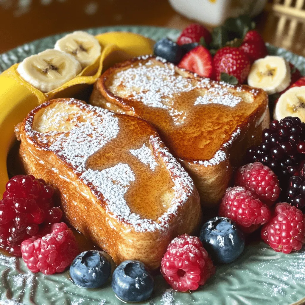 To make the best French toast, you need a few key ingredients: - Thick-cut brioche or challah bread: This bread gives a soft and rich taste. - Eggs: They help bind the mixture and create a fluffy texture. - Milk: Use regular milk or almond milk for a dairy-free option. - Flavor enhancers: A touch of vanilla extract and ground cinnamon adds warmth. These ingredients work together to create a delightful breakfast treat. You can also enhance your French toast with some fun extras: - Sugar and butter for cooking: Sugar can sweeten your toast, and butter adds richness. - Maple syrup and fresh fruit garnishes: Drizzle syrup on top and add berries or banana slices. - Powdered sugar for a finishing touch: A light dusting makes your dish look fancy. Feel free to mix and match these add-ins to suit your taste. For the full recipe, check out Heavenly Cinnamon Vanilla French Toast. To start, grab a medium bowl. In this bowl, whisk together the eggs, milk, vanilla extract, and ground cinnamon. Make sure to mix until everything blends well. You want a smooth, creamy mix. If you like it sweeter, add a tablespoon of sugar. Tips for achieving the perfect consistency: - Use room temperature eggs and milk for a better mix. - Whisk until there are no egg streaks. This gives a uniform flavor. Next, heat a skillet or griddle over medium heat. Add a tablespoon of butter to the pan. Let it melt and coat the surface. Best practices for flipping and cooking times: - Dip each slice of bread into the egg mixture. Coat both sides well, but let excess drip off. - Place the slices on the hot skillet. Cook for about 3-4 minutes on each side. Look for a golden brown color and a slight crisp. Now for the fun part—serving! After cooking, place the French toast on a plate. Drizzle maple syrup on top. You can also add fresh fruit like berries or banana slices for a pop of color. Creative ways to garnish and serve: - Dust with powdered sugar for a sweet touch. - Serve with whipped cream for a special treat. Pairing recommendations for a complete meal: - Enjoy with crispy bacon or sausage for a hearty breakfast. - A side of yogurt can add a nice contrast to the sweet toast. For the complete recipe, check out the Full Recipe. Choosing the right bread is key. For the best texture and flavor, I love thick-cut brioche or challah. These breads soak up the egg mixture well and stay soft inside. You can also try sourdough for a tangy twist. Even browning makes a big difference. Preheat your skillet on medium heat before adding butter. Wait until the butter bubbles but does not brown. This helps cook the toast evenly and gives it a nice, golden color. One common mistake is over-soaking the bread. If you leave the bread in the egg mixture too long, it can become soggy. Dip each slice quickly, ensuring it’s coated but not dripping wet. Another mistake is not preheating the skillet enough. If it’s not hot enough, your French toast will cook unevenly. Always check the heat before you start cooking. This way, you will get that perfect crisp outside and soft inside. For the complete recipe, check out the [Full Recipe] for Heavenly Cinnamon Vanilla French Toast! {{image_2}} You can make French toast even more fun by adding flavors! Consider these ideas: - Spices and Extracts: Try adding nutmeg or cardamom for a fun twist. A splash of almond extract can add a sweet touch. Experiment with what you like best. - Bread Options: Use different breads to change the taste. Sourdough adds a tangy flavor. Whole wheat brings a nutty bite. Even cinnamon-raisin bread can make a sweet treat! If you're looking for healthier options, I’ve got you covered. Here are some tips: - Dairy-Free and Gluten-Free: Substitute almond milk for regular milk to keep it dairy-free. You can also use gluten-free bread. This way, everyone can enjoy French toast! - Reducing Sugar: Instead of sugar, use fruit purees like applesauce or mashed bananas. They add sweetness without the extra sugar. Plus, they give your toast a fruity flavor! Try these variations to keep your breakfast exciting and enjoyable. To store your leftover French toast, let it cool first. Place it in a clean, airtight container. This keeps it fresh and safe to eat. You can keep it in the fridge for up to three days. If you want to save it longer, think about freezing it. When it's time to eat again, you can reheat French toast in a few ways. The best method is using an oven. Preheat it to 350°F (175°C). Place the toast on a baking sheet and cover it with foil. Heat for about 10 minutes. This keeps it crispy. If you're in a hurry, you can use a microwave. Place the toast on a plate and cover it with a damp paper towel. Heat for about 30 seconds. Check to see if it's warm. If not, heat for another 15 seconds. This method is quick but can make the toast a bit soft. For more details on making this dish, check the Full Recipe. The best bread for French toast is thick-cut brioche or challah. These breads soak up the egg mixture well. They also have a soft texture and a slightly sweet taste. This makes every bite delicious. Other good options include sourdough and Texas toast. Sourdough adds a nice tang. Texas toast gives you a thicker slice for more crunch. Choose a bread you enjoy, as it makes a big difference. Yes, you can make French toast in advance! Start by preparing the egg mixture and soaking the bread. Then, cook the French toast, but stop before it gets too brown. Let it cool, then store it in the fridge. When you're ready to eat, just reheat the slices in a skillet or oven. This will help keep them warm and crispy. It's a great way to save time on busy mornings. To make French toast healthier, swap some ingredients for better options. Use whole wheat bread instead of white bread. This adds fiber and nutrients. You can also use almond milk or oat milk instead of regular milk. Another tip is to reduce the sugar in the recipe. You can use mashed bananas or applesauce for sweetness. This keeps it tasty while lowering calories. For the full recipe of Heavenly Cinnamon Vanilla French Toast, check out the detailed instructions [here](#). You now have the tools to make mouthwatering French toast. We discussed the key ingredients, like thick-cut brioche and eggs. I shared step-by-step instructions and tips to avoid common mistakes. Variations and healthy options let you customize your dish. Finally, we covered storage and reheating methods to keep leftovers fresh. Enjoy creating your perfect French toast!