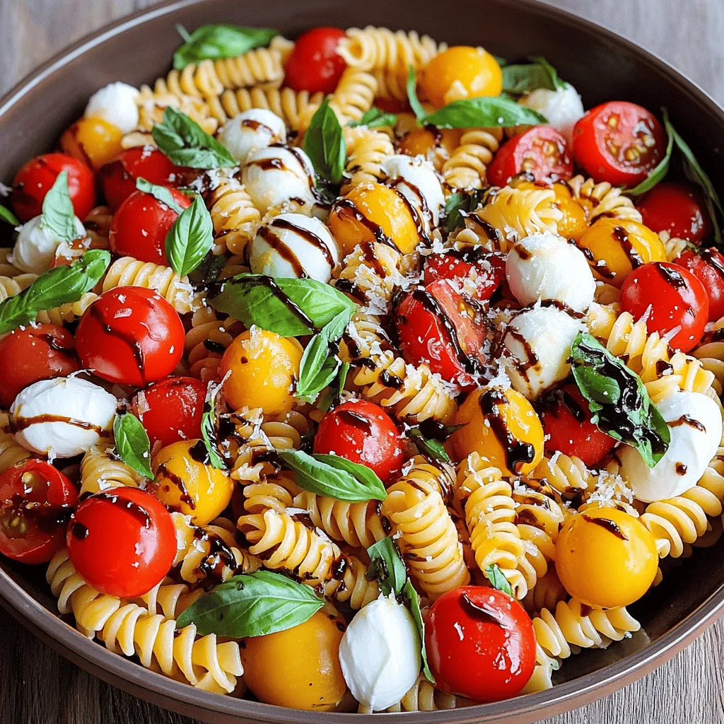 - 12 oz pasta (fusilli or penne recommended) - 2 cups cherry tomatoes, halved - 1 cup fresh mozzarella balls (bocconcini), drained - 1/2 cup fresh basil leaves, roughly torn - 1/4 cup extra virgin olive oil - 2 tablespoons balsamic glaze (store-bought or homemade) - 1 teaspoon garlic powder - Salt and pepper to taste - Optional: Parmesan cheese for garnish Gathering the right ingredients is key to making your Caprese Pasta shine. Start with 12 oz of pasta. I recommend fusilli or penne for their great sauce-hugging ability. Next, you’ll need 2 cups of cherry tomatoes. Halve them to let their sweet juices mingle with the pasta. For that creamy goodness, grab 1 cup of fresh mozzarella balls, known as bocconcini. Drain them well so your dish doesn't become soggy. Fresh basil plays a big role in this recipe. Use about 1/2 cup of leaves, roughly torn. This adds a burst of flavor and aroma. Then, you'll want 1/4 cup of extra virgin olive oil. This will help bind everything together. For some extra flavor, we’ll include 2 tablespoons of balsamic glaze. You can buy it or make your own. To round out the flavor, add 1 teaspoon of garlic powder. Lastly, don't forget salt and pepper to taste. If you like cheese, sprinkle some Parmesan on top before serving. For the full recipe, check out the detailed instructions to make this dish come to life. Start by boiling salted water in a large pot. Add the pasta to the water. Cook it until it is al dente. This usually takes about 8 to 10 minutes. Once done, drain the pasta and set it aside in a bowl. In a small bowl, whisk together olive oil, garlic powder, salt, and pepper. This dressing adds great flavor. Make sure it is well mixed so it coats the pasta nicely. In a big mixing bowl, combine the cooked pasta, halved cherry tomatoes, and fresh mozzarella balls. These ingredients bring a fresh taste and colorful look to the dish. Now, pour the dressing over the pasta mixture. Toss everything together gently. This helps to coat the pasta and other ingredients evenly with the dressing. Next, fold in the torn basil leaves. This adds a lovely aroma and flavor. Just before serving, drizzle balsamic glaze over the pasta. Toss it one last time to mix in the glaze. This step adds a sweet tanginess that makes the dish shine. Enjoy this Caprese Pasta as a delightful meal or a side dish! For the full recipe, check out the Caprese Pasta Delight section. To achieve the perfect al dente texture, cook your pasta just right. Start by boiling salted water. The water should taste like the sea. Add your pasta and follow the package instructions. Usually, this takes about 8 to 10 minutes. Test a piece a minute before the time is up. It should be firm but not hard. For seasoning, always use enough salt. This enhances the pasta flavor. You can add a splash of olive oil to prevent sticking. Remember, do not rinse your pasta after draining. Rinsing washes away the starch that helps sauces stick. To boost the flavor, consider adding herbs like oregano or thyme. They pair well with the fresh ingredients. You can also try crushed red pepper for heat. If you love richness, sprinkle some toasted pine nuts on top. For toppings, grated Parmesan cheese is a classic choice. You can also add sliced olives or roasted red peppers. These will add texture and depth to your dish. Caprese pasta can be served hot or cold. If you serve it hot, enjoy it right after tossing with the glaze. For a refreshing twist, chill it for about 30 minutes in the fridge. This makes it a great summer dish. For presentation, use a large bowl to serve. Garnish with extra basil leaves and a sprinkle of Parmesan. This not only looks pretty but also makes each bite delicious. You can find the Full Recipe for more detailed instructions. {{image_2}} You can easily change the pasta type to fit your needs. For a gluten-free option, try using rice pasta or quinoa pasta. Both have great textures and taste. When it comes to cheese, fresh mozzarella is classic, but you can switch it up. Burrata adds a creamy touch, while feta gives a nice tang. Each cheese brings its own flavor profile to this dish. Caprese Pasta shines with fresh seasonal veggies. You can add zucchini or bell peppers for a colorful twist. They not only taste great but also add nutrients. Adjusting this recipe for events is simple. For summer barbecues, serve it cold as a refreshing dish. For holiday dinners, add roasted vegetables to warm it up. This makes it festive and delicious! To boost flavor, consider adding proteins. Grilled chicken or shrimp can make this dish more filling. They pair well with the fresh ingredients and add great taste. You can also experiment with different dressings. Try a lemon vinaigrette for a zesty kick or a pesto sauce for an herbal touch. Each option gives you a unique flavor experience. For the full recipe, check out the Caprese Pasta Delight! To keep your Caprese Pasta fresh, store it in the fridge. Use an airtight container to avoid moisture loss. Make sure the pasta cools down before sealing it. This helps to keep the flavors intact and prevents sogginess. A glass or plastic container with a tight lid works best. When it's time to eat leftovers, reheat them gently. Use a microwave on low power or warm it in a pan over low heat. Stir often to keep the pasta from sticking. You can also serve it cold as a pasta salad. Just drizzle some more balsamic glaze on top for extra flavor. Caprese Pasta lasts about 3 to 4 days in the fridge. After that, it may spoil. Look for signs like off smells or changes in color. If the tomatoes look mushy or the cheese feels slimy, it’s time to toss it. Enjoying this dish fresh ensures the best taste and texture. Yes, you can make Caprese pasta ahead of time. Cook the pasta and mix it with the other ingredients. Store it in the fridge. It tastes great cold or at room temperature. To keep it fresh, use a tight lid on the container. If you want to serve it warm later, save the balsamic glaze until just before serving. This keeps the flavors bright and fresh. Balsamic glaze adds a sweet tang to the dish, but it is not a must. If you don't have it, you can skip it. You can also use a splash of lemon juice or red wine vinegar. Both options will give a nice zing. If you want sweetness, drizzle honey over the pasta for a different twist. You can use dried herbs, but the taste will change. Dried herbs are more concentrated. Use about one-third of the amount compared to fresh. This means if a recipe calls for 1/2 cup of fresh basil, use about 2 tablespoons of dried basil. While it won’t be as bright, it will still be tasty. You can use many types of pasta for this dish. Fusilli and penne are great choices, as they hold sauce well. You could also use farfalle or rotini. For a gluten-free option, look for brown rice or chickpea pasta. Whatever pasta you choose, make sure to cook it al dente for the best texture. Yes, you can serve Caprese pasta warm. Just follow the recipe and enjoy it right after mixing. If you prefer it cold, chill it in the fridge for about 30 minutes. Either way, the flavors are delicious. Just remember to add the balsamic glaze before serving for the best taste. Check the [Full Recipe] for more details. This blog post explored making a delightful Caprese Pasta. We covered the ingredients, cooking methods, and tips to enhance flavor. You learned how to store leftovers and variations for different occasions. In closing, this simple dish brings fresh tastes to your table. Experiment with flavors and make it your own. Enjoy your cooking adventure!