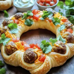 To make the Taco Meatball Ring, you need a few key ingredients: - 1 lb ground beef - 1/2 cup breadcrumbs - 1/4 cup grated Parmesan cheese - 1/4 cup taco seasoning - 1 egg, beaten - 1/4 cup fresh cilantro, chopped - 1 cup shredded cheddar cheese - 1 can refrigerated crescent roll dough - 1/2 cup diced tomatoes (fresh or canned) - 1/4 cup sliced black olives (optional) These ingredients come together to create rich flavors that everyone loves. The ground beef forms the base, while breadcrumbs help bind everything. Parmesan cheese adds a nice cheesy touch, and taco seasoning gives that classic flavor. While the Taco Meatball Ring is tasty on its own, you can enhance it with some fun toppings: - Sour cream - Salsa - Extra cilantro for garnish - Sliced jalapeños for heat Feel free to mix and match! These toppings make the dish even more enjoyable. They add freshness and a bit of zing. To prepare your Taco Meatball Ring, you’ll need some simple tools: - Large mixing bowl - Skillet for cooking meatballs - Baking sheet - Parchment paper (optional for easy cleanup) - Measuring cups and spoons Having the right tools makes the cooking process smooth and fun. You can focus on enjoying your time in the kitchen. For the full recipe, check the complete guide! First, gather all your ingredients. You will need ground beef, breadcrumbs, Parmesan cheese, and taco seasoning. Add an egg and chopped cilantro to the bowl. Mix these ingredients until they are just combined. You want to keep the mixture light and fluffy. Form small meatballs, about 1 inch in size. Aim for around 24 meatballs. This makes a good amount for sharing. Heat a large skillet over medium heat. Place the meatballs in the skillet and cook them for about 8 to 10 minutes. You want them brown on all sides. They do not need to cook fully at this stage. They will finish cooking in the oven. Once browned, remove them from the skillet and set them aside. This step adds flavor and a nice texture. Preheat your oven to 375°F (190°C). On a large baking sheet, arrange the crescent roll triangles in a circle. Make sure the wide ends overlap in the center. This forms a ring with the points facing outward. Next, add a layer of diced tomatoes in the center of the ring. Sprinkle half of the cheddar cheese on top of the tomatoes. Now, carefully place the cooked meatballs around the ring. Tuck them slightly under the crescent roll dough. Top with the remaining cheddar cheese. Fold the points of the crescent roll dough over the meatballs. This secures the meatballs inside. Bake in the oven for 25 to 30 minutes. Look for the dough to be golden brown. Once done, let it cool for a few minutes before slicing. Enjoy the fun and tasty Taco Meatball Ring with sour cream and salsa on the side. Check out the Full Recipe for more details! To keep your meatballs juicy, use a mix of ingredients. The breadcrumbs add texture and hold moisture. The egg helps bind the meatballs together while adding moisture. Avoid over-mixing the meat; mix just until combined. This keeps them tender. You can also add a splash of beef broth if you want extra moisture. When using crescent roll dough, keep it cold until you are ready to use it. Cold dough is easier to shape and will rise better. Lay the triangles out in a circle, with the wide ends in the center. Make sure the points face outward. This way, you can fold them over the meatballs easily. Press down gently to seal the dough. For a fun touch, garnish your Taco Meatball Ring with fresh cilantro. Serve it with sour cream and salsa on the side. This adds color and flavor. You can also place extra diced tomatoes and olives around the ring for a vibrant look. For a festive feel, use colorful plates or a fun serving platter. Enjoy your meal! {{image_2}} You can swap ingredients to create new flavors in your Taco Meatball Ring. Here are some ideas: - Meat Choices: Use ground turkey or chicken for a leaner option. - Cheese Substitutes: Try pepper jack for a spicy kick or mozzarella for a milder taste. - Breadcrumbs: Replace with crushed tortilla chips for extra crunch. - Herbs: Add fresh parsley or green onions for a different flavor profile. These simple swaps let you explore new tastes while keeping the dish fun and exciting. If you love heat, this version is for you. Start by adding: - Spicy Taco Seasoning: Use a hot blend instead of regular taco seasoning. - Chopped Jalapeños: Mix into the meatball mixture for extra spice. - Hot Sauce: Drizzle some on top before baking for a zesty finish. This spicy version will add a new layer of flavor to your dinner. You can easily make a vegetarian Taco Meatball Ring. Here’s how: - Meat Replacement: Use lentils or black beans instead of ground beef. - Binders: Add mashed avocado or cooked quinoa for texture. - Cheese: Opt for vegan cheese to keep it plant-based. These alternatives keep the taste and feel of the dish while making it vegetarian-friendly. For the full recipe, check the link above. To keep your Taco Meatball Ring fresh, place leftovers in an airtight container. This helps lock in moisture and flavor. Store it in the fridge for up to three days. If you want to keep it longer, freezing is a great option. Reheat your Taco Meatball Ring in the oven for the best results. Preheat your oven to 350°F (175°C). Cover the ring with foil to prevent it from drying out. Heat for about 15-20 minutes or until warmed through. You can also use a microwave, but the oven keeps the crust crispy. To freeze, let the Taco Meatball Ring cool completely. Wrap it tightly in plastic wrap, then in foil. This prevents freezer burn. You can freeze it for up to three months. When you want to enjoy it again, thaw it overnight in the fridge before reheating. For the full recipe, check the details above. Yes, you can make Taco Meatball Ring ahead of time. Prepare the meatballs and assemble the ring but do not bake it. Wrap the uncooked ring in plastic wrap and store it in the fridge. You can keep it for up to 24 hours. When you are ready to eat, just bake it straight from the fridge. This helps save time on busy days. Customizing seasoning is easy! Start with taco seasoning as your base. You can add more spice by using chili powder or cayenne pepper. For a smoky flavor, try adding smoked paprika. Fresh herbs like cilantro or parsley can brighten the taste. Taste your mixture before cooking to find your perfect flavor mix. There are many great sides to serve with Taco Meatball Ring. Here are some ideas: - Mexican rice - Refried beans - Corn salad - Guacamole - Fresh salsa These sides add more color and flavor to your meal. Enjoy dipping your slices in sour cream and salsa, too! For the full recipe, check out the complete preparation steps. In this article, we explored the Taco Meatball Ring, from key ingredients to step-by-step instructions. We learned how to make juicy meatballs and assemble them with crescent dough. Remember to mix in your favorite toppings and dips for extra fun. Don't forget storage tips for leftovers, or try the variations for new flavors. This dish is sure to impress at any gathering. Easy to make and tasty, the Taco Meatball Ring may become a family favorite! Enjoy crafting your version of this dish.