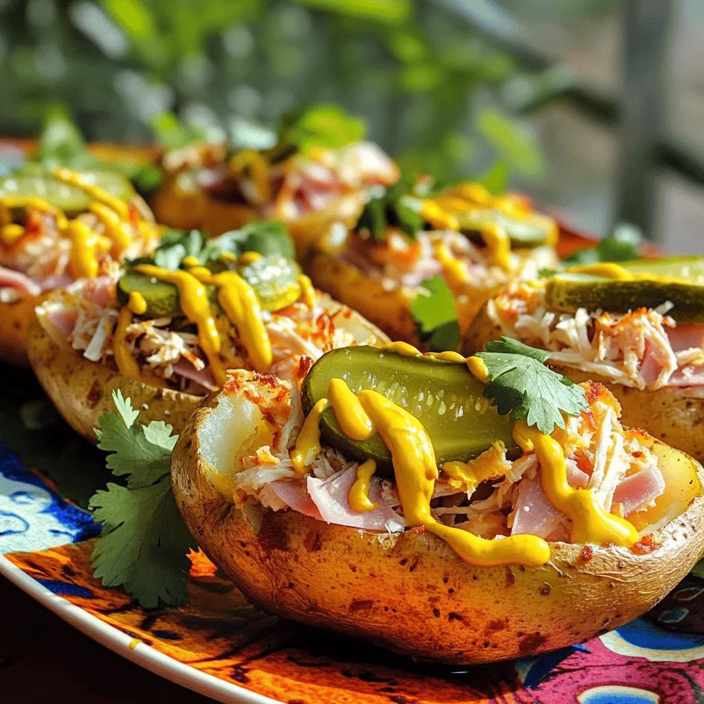 To make Cuban Sandwich Potato Skins, gather the following ingredients: - 4 large russet potatoes - 1 cup cooked and shredded chicken (or turkey) - 1 cup sliced deli ham - 1 cup Swiss cheese, grated - ½ cup dill pickles, sliced - 2 tablespoons yellow mustard - 2 tablespoons olive oil - Salt and pepper to taste - Fresh cilantro, for garnish These ingredients work together to create a tasty twist on the classic Cuban sandwich. The russet potatoes serve as the perfect base, offering a crispy outside and a fluffy inside. The combination of chicken, ham, and Swiss cheese provides a rich flavor. Dill pickles add a tangy crunch, while mustard ties the flavors together. Don't forget to check the Full Recipe for step-by-step instructions on how to prepare this delicious meal! - Preheat your oven to 400°F (200°C). - Wash the russet potatoes well and dry them. - Poke a few holes in each potato with a fork. This helps steam escape. - Rub the potatoes with olive oil and sprinkle with salt. - Place the potatoes directly on the oven rack. - Bake for 45 minutes to 1 hour. They should be soft when poked with a fork. - After baking, let the potatoes cool a bit. - Cut each potato in half lengthwise and scoop out some flesh. - In a bowl, mix the scooped potato flesh with shredded chicken, sliced ham, yellow mustard, and season with salt and pepper. - Fill each potato skin with this tasty mixture. Pack it in well. - Top each filled potato skin with grated Swiss cheese and add pickles as you like. - Place the filled potato skins back into the oven. - Bake them for another 10-15 minutes. Wait until the cheese is melted and bubbly. This recipe for Cuban sandwich potato skins is fun and easy to make. You can find the full recipe in the earlier section. To make Cuban sandwich potato skins great, the potatoes must be tender. I recommend using large russet potatoes. They have a sturdy skin and hold up well. Bake them until you can easily pierce them with a fork. This usually takes about 45 minutes to 1 hour. Balancing the flavors is key. You want the saltiness of the ham and cheese to shine. The tang from the mustard and pickles adds zest. Mix these ingredients well before filling the potato skins. Taste as you go to ensure a perfect blend. Presentation matters! Serve the potato skins on a colorful platter. You can use vibrant greens, reds, or yellows for a fun look. Drizzle with extra mustard for added flavor. A spicy dipping sauce is also a great choice. It gives a nice kick and pairs well with the potato skins. You will need a few simple tools to make this dish: - Oven - Knife - Baking sheet - Mixing bowl Having these items ready will help you move through the recipe smoothly. With the right tools, your cooking experience will be easier and more enjoyable. Don't forget to check the [Full Recipe](#) for detailed instructions! {{image_2}} You can change up the meats in this dish. Pulled pork works great in place of chicken or ham. It adds a rich flavor. You can also try turkey for a lighter option. For cheese, Swiss is classic, but feel free to use cheddar or pepper jack. Each choice adds its own twist. To make a meatless version, swap the chicken and ham for black beans or sautéed mushrooms. Both options pack a lot of flavor. For cheese, look for vegan cheese or use avocado slices. This keeps the dish creamy and tasty without meat. Want to spice things up? Add jalapeños for heat. They give a nice kick to the skins. You can also serve them with salsa on the side. This adds freshness and complements the rich flavors. Other fun toppings include sour cream or diced tomatoes. These options let you customize your meal. For the full recipe, check out the instructions above! To store leftover Cuban sandwich potato skins, first let them cool. Place them in an airtight container. You can keep them in the fridge for up to three days. To keep them fresh, separate layers with parchment paper. This prevents them from sticking together. To reheat, the oven is best. Preheat it to 350°F (175°C). Place the potato skins on a baking sheet. Heat for 10 to 15 minutes. This method keeps the skins crispy. You can also use a microwave. Just heat for 1-2 minutes, but the texture may not be as good. Yes, you can freeze these potato skins. First, let them cool completely. Wrap each skin in plastic wrap. Then place them in a freezer bag. They can stay frozen for up to three months. To reheat, thaw overnight in the fridge. Then, bake at 350°F (175°C) until hot. Bake the russet potatoes for 45 minutes to 1 hour at 400°F (200°C). This time ensures they become soft and tender. Test them with a fork; if it goes in easily, they are ready. A good bake gives the skins a nice crisp that holds up to the filling. Yes, you can prepare the potato skins in advance. Bake the potatoes and scoop out the flesh. Store the skins in an airtight container in the fridge. You can also mix the filling ahead of time. Just keep it in the fridge until you are ready to bake. This makes meal prep easier and faster. These potato skins pair well with many sides. You can serve them with a fresh salad or some crunchy coleslaw. Dipping sauces like spicy mustard or garlic aioli enhance the meal. For a fun twist, try serving them with plantain chips for added crunch. Yes, sweet potatoes make a tasty alternative. They add a sweet flavor that contrasts nicely with the savory filling. Just adjust the baking time. Sweet potatoes may cook faster, so check them after about 30 minutes. You will enjoy a unique twist on this classic dish. For the complete recipe, check out the Full Recipe. This blog post detailed how to make delicious Cuban sandwich potato skins. We covered ingredients, preparation, baking, and serving tips. You can customize the recipe with different meats or make it vegetarian. Remember to pay attention to baking times for the best results. With these skills, you can serve a tasty dish your friends and family will love. Enjoy this fun twist on a classic appetizer.