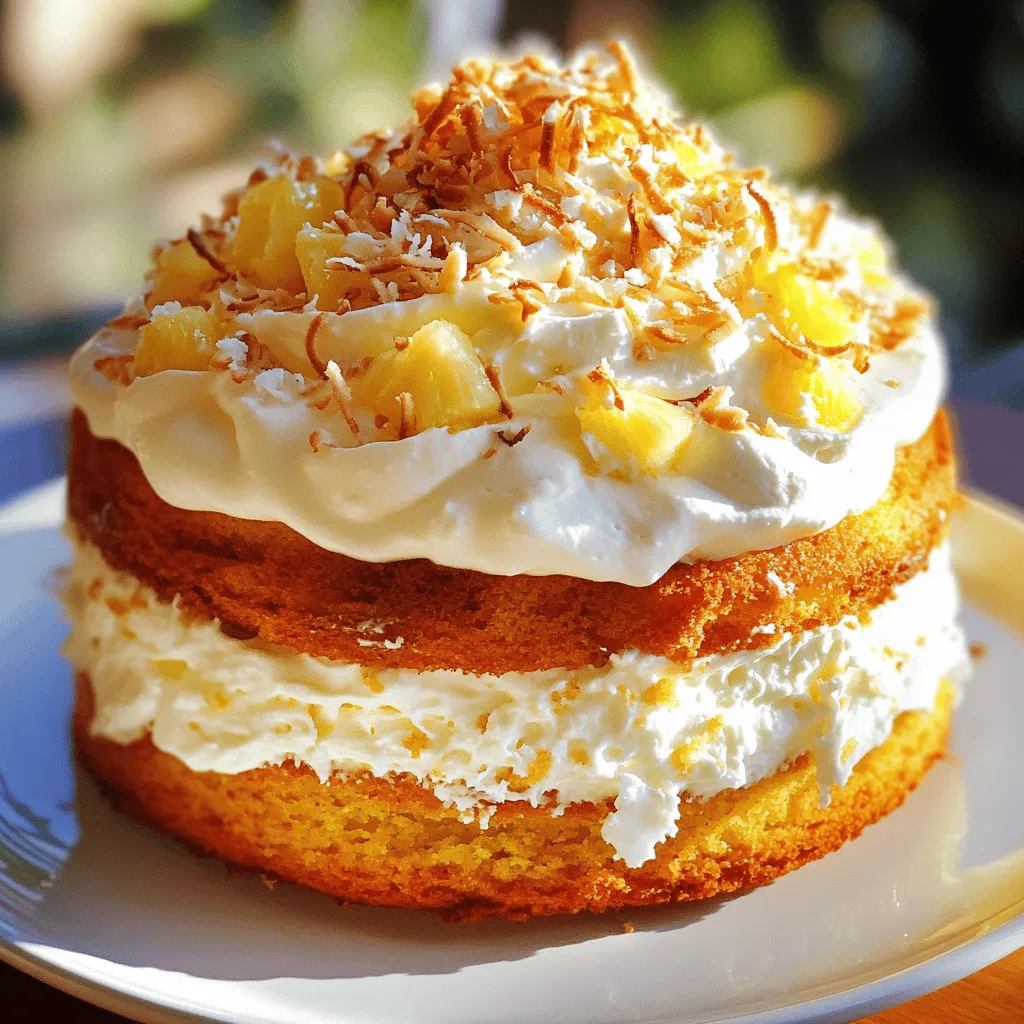 To create a delightful Pineapple Cream Cake, you need some key ingredients: - 2 cups all-purpose flour - 1 ½ teaspoons baking powder - ½ teaspoon baking soda - ½ teaspoon salt - ½ cup unsalted butter, softened - 1 cup granulated sugar - 3 large eggs - 1 teaspoon vanilla extract These ingredients form the base of your cake batter. The all-purpose flour gives the cake structure. Baking powder and baking soda help it rise. Salt enhances the sweetness. Butter and sugar make the cake rich and sweet. The toppings and fillings add flavor and fun. Here’s what you need: - 1 cup crushed pineapple, drained - 1 cup heavy cream - 2 tablespoons powdered sugar - ½ teaspoon coconut extract - Toasted coconut flakes for garnish Crushed pineapple gives a burst of tropical taste. Heavy cream, whipped with powdered sugar, creates a fluffy frosting. Coconut extract adds a hint of coconut flavor. Finally, toasted coconut flakes make the cake look and taste amazing! You can find the Full Recipe for this delightful cake to start your baking adventure! First, preheat your oven to 350°F (175°C). Grease and flour two 9-inch round cake pans. This helps the cake come out easily. In a medium bowl, mix 2 cups of all-purpose flour, 1 ½ teaspoons of baking powder, ½ teaspoon of baking soda, and ½ teaspoon of salt. Set this bowl aside for later. In a large bowl, cream together ½ cup of softened unsalted butter and 1 cup of granulated sugar. Mix until it becomes light and fluffy, which takes about 3-4 minutes. Then, add 3 large eggs one at a time. Mix well after each egg. Next, stir in 1 teaspoon of vanilla extract. Now, gradually add the flour mixture to the butter mixture. Alternate with 1 cup of crushed pineapple that you have drained. Mix until just combined. This blend gives your cake a wonderful flavor. Once your batter is ready, divide it evenly between the two prepared cake pans. Smooth the tops with a spatula to create an even surface. Now, bake in the preheated oven for 25-30 minutes. To check for doneness, insert a toothpick into the center of the cake. If it comes out clean, your cake is ready. Let the cakes cool in the pans for about 10 minutes. After that, transfer them to a wire rack to cool completely. For the whipped cream topping, start by whipping 1 cup of heavy cream in a mixing bowl. Whip until soft peaks form. This means the cream should hold its shape but still be smooth. Then, gradually add 2 tablespoons of powdered sugar. Also, mix in ½ teaspoon of coconut extract. Continue to whip until you see stiff peaks. Stiff peaks mean the cream will hold its shape well. Once your cakes are cool, place one layer on a serving plate. Spread a generous layer of whipped cream on top. Then, place the second layer on top. Frost the top and sides with the remaining whipped cream. Finally, sprinkle toasted coconut flakes on top and sides for a tropical touch. For the full recipe, don't forget to check the complete list of ingredients and instructions. To avoid a dry cake, mix the batter well. Start by creaming the butter and sugar until fluffy. This adds air, making your cake light. When adding eggs, mix one at a time. This helps blend the flavors better. For even baking, make sure to divide the batter equally. Use an ice cream scoop or measuring cup for uniformity. Rotate the pans halfway through baking. This ensures that both cakes get the same heat. Garnishing with toasted coconut adds flavor and fun. You can toast coconut flakes in a pan until golden. Then, sprinkle them on top of your cake. When serving, slice the cake carefully. Use a sharp knife dipped in warm water for clean cuts. This keeps the layers intact and looks nice on plates. Overbaking can lead to a dry cake. Check for doneness at 25 minutes. If a toothpick comes out clean, it’s ready. If not, check every few minutes after that. Using undrained pineapple is another common mistake. Always drain the pineapple before adding it. This prevents excess moisture, which can affect the cake's texture. {{image_2}} You can mix things up with different flavors in your Pineapple Cream Cake. Try adding fresh mango or strawberries for a fruity twist. These fruits add sweetness and color. You can also incorporate lime zest. It gives a bright, tangy flavor that pairs well with pineapple. If you need a gluten-free cake, swap out the all-purpose flour for a gluten-free blend. Many blends work well in cakes. For a vegan version, replace eggs with flaxseed meal or applesauce. Use coconut cream instead of heavy cream for the topping. Both options keep the cake moist and tasty. For a new topping, consider cream cheese frosting. It adds a rich, tangy flavor that complements the cake. To make a lighter topping, use yogurt instead of whipped cream. Greek yogurt gives you a creamy texture with fewer calories. Each option will change the cake's taste and make it unique. You can find the [Full Recipe] for more details on making this delicious cake. To keep your pineapple cream cake fresh, store it in the fridge. Place the cake in an airtight container. If you don’t have one, cover it tightly with plastic wrap. This keeps the cake moist and tasty. Avoid leaving it out at room temperature for too long. If you want to save some cake for later, freezing is a great option. Cut the cake into slices. Wrap each slice in plastic wrap tightly. Then, place the slices in a freezer-safe bag. When you are ready to eat, take a slice out. Let it thaw in the fridge overnight for the best texture. Your pineapple cream cake stays fresh for about 4 to 5 days in the fridge. If you freeze it, it can last up to 3 months. However, check for signs of spoilage. Look for any mold or a sour smell. If you see or smell anything off, it’s best to throw it out. Enjoy your cake while it’s still fresh! Yes, you can use fresh pineapple. Fresh pineapple adds a bright flavor. Chop it into small pieces. Make sure to drain it well. Too much juice can make the cake soggy. Canned crushed pineapple is easier and sweeter. Both options work well, but choose based on your taste. If you need a substitute for heavy cream, try coconut cream. It gives a nice flavor. You can also use whipped coconut milk for a lighter option. Both choices make the cake rich and creamy. Other options include Greek yogurt or silken tofu. These will change the texture, but they still work. You can bake the cake a day in advance. Allow it to cool completely first. Wrap each layer in plastic wrap to keep it fresh. Store it in the fridge. When ready, whip the cream and frost the cake. This keeps the cream nice and fluffy. Enjoy the cake within a few days for the best taste. This article shared key ingredients, tips, and steps for a delicious pineapple cream cake. You learned how to prepare the batter, bake, and create the perfect topping. Remember the importance of not overbaking and draining the pineapple well. Feel free to explore new flavors, try different frostings, or adjust for dietary needs. With the right practice, your cake can wow friends and family. Enjoy making this treat, and don’t forget to store any leftovers properly. Happy baking!